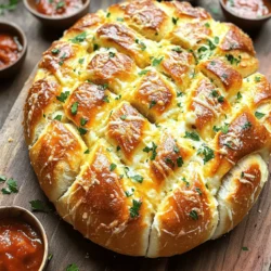 - 1 large round loaf of crusty bread (sourdough) - 1 cup shredded mozzarella cheese - ½ cup grated Parmesan cheese - 4 tablespoons unsalted butter, melted - 4 cloves garlic, minced - 2 tablespoons fresh parsley, chopped - 1 teaspoon dried oregano - 1 teaspoon garlic powder - Salt and pepper to taste Cheesy garlic pull-apart bread is a fun dish to make. You'll need a good loaf of sourdough for the best texture and flavor. The mix of mozzarella and Parmesan gives it a rich, cheesy taste. The garlic and butter mixture adds flavor. Minced garlic will give a fresh taste, while parsley brightens the dish. You can easily adjust the salt and pepper to match your taste. This recipe offers a great way to explore flavors. It combines classic ingredients with a twist. For the full recipe, you can refer to the earlier mention. Enjoy the process of mixing and matching flavors in each step. - Preheat your oven to 375°F (190°C). - Prepare the garlic butter mixture. In a bowl, mix melted butter, minced garlic, parsley, oregano, garlic powder, salt, and pepper. This mix adds great flavor. - Cut the bread in a crisscross pattern. Use a serrated knife for deep cuts, about 1 inch apart. - Create spaces for cheese stuffing. Gently pry the cuts apart to make room for the cheesy goodness. - Pour garlic butter over the bread. Make sure it seeps into the cuts. - Stuff with mozzarella and Parmesan cheese. Pack the cheese into the slits for a melty surprise. - Wrap and bake in the oven. Seal the loaf in aluminum foil and place it on a baking sheet. Bake for 15 minutes. Unwrap and bake for another 10-15 minutes, until golden brown and bubbly. Following these steps will lead you to a warm, cheesy delight that everyone will love. For more details, check the Full Recipe. - Using aluminum foil effectively: Wrap your bread in aluminum foil tightly. This helps keep it moist while baking. Unwrap it later to let the top brown nicely. - How to check for doneness: Look for a golden brown crust. You should see melted cheese bubbling out of the cuts. If the bread feels soft and warm, it’s done! - Presentation ideas: Place the bread on a wooden board or a bright plate. This makes it look inviting. Add some fresh parsley on top for color. - Accompaniments for dipping: Serve with small bowls of melted butter or marinara sauce. This adds flavor and makes it fun to eat! - Cheese variations: Try adding cheddar, gouda, or feta for new flavors. Mixing different cheeses can also create a rich taste. - Additional herbs or spices: Experiment by adding basil, thyme, or chili flakes. These can give your bread a unique twist! For the full recipe, check out the Cheesy Garlic Pull-Apart Bread section. {{image_2}} You can use different types of cheese in this recipe. Try using sharp cheddar or creamy gouda for a twist. Mixing cheeses can add depth to the flavor. For example, blend mozzarella with pepper jack for a spicy kick. Each cheese brings its own taste, so experiment to find your favorite mix. Fresh herbs can make a big difference in flavor. Use fresh parsley, chives, or basil for bright notes. Dried herbs work well too, but the taste may not be as strong. You can mix dried oregano with thyme for a lovely earthiness. Don’t hesitate to try different herb blends for unique flavors. If you need gluten-free options, choose a gluten-free loaf. Many stores now offer great gluten-free bread choices. You might want to try a gluten-free sourdough or artisan loaf. Adjust your cheese amounts to maintain the right texture. This way, you can enjoy cheesy garlic pull-apart bread without worry. For the best flavor, follow the Full Recipe closely. To keep your cheesy garlic pull-apart bread fresh, store it in an airtight container. Place it in the fridge if you have leftovers. This way, it stays tasty for about three days. When you’re ready to enjoy it again, preheat your oven to 350°F (175°C). Wrap the bread in foil to keep it soft. Bake for about 10-15 minutes or until warm. This method helps the cheese melt again, making it just as delicious. If you want to save your cheesy garlic pull-apart bread for later, freezing is a great option. Wrap the cooled bread tightly in plastic wrap, then in foil. This keeps it from getting freezer burn. You can freeze it for up to three months. When you want to eat it, take it out and let it thaw in the fridge overnight. After it thaws, reheat it in the oven at 350°F (175°C) for about 15-20 minutes. This will bring back that lovely cheesy flavor. For the full recipe, check out the detailed steps and tips above. Yes, you can prepare this bread ahead of time. To do this, follow these tips: - Make the garlic butter mixture and store it in the fridge. - Cut the bread and stuff it with cheese, then wrap it tightly. - Keep it in the fridge for up to 24 hours before baking. Doing this saves time on busy days. The best bread for this dish is a large round loaf, like: - Sourdough - Italian bread - French bread These types hold the filling well and create a crispy crust. Absolutely! You can mix and match different fillings. Here are some ideas: - Cooked bacon bits for a smoky flavor - Spinach and artichoke for a veggie twist - Feta cheese for a tangy kick Feel free to get creative with your favorite flavors. Leftovers can last for about 2-3 days in the fridge. To keep the bread fresh: - Wrap it tightly in plastic wrap or foil. - Reheat in the oven for about 10 minutes at 350°F (175°C). This way, your cheesy garlic pull-apart bread stays tasty! For the full recipe, check the detailed instructions above. This blog covers the delicious pull-apart bread. We discussed the main ingredients and how to prep them. You learned how to bake and serve it perfectly. Customizing options like different cheeses and herbs adds fun. Storing and reheating tips keep your bread tasty. Enjoy experimenting in your kitchen. Share this dish with friends and family for smiles. Remember, making this bread is simple and rewarding. Dive in and delight your loved ones with this cheesy treat!