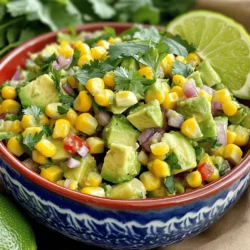 - 2 ripe avocados, diced - 1 cup sweet corn, cooked or canned (drained) - 1 small red onion, finely chopped - 1 red bell pepper, diced - 1 jalapeño, deseeded and minced (optional for heat) - 1/4 cup fresh cilantro, chopped - 2 tablespoons lime juice - Salt and pepper to taste When making avocado corn salsa, fresh ingredients matter. Start with ripe avocados. These should feel slightly soft when you press them. Sweet corn brings a nice crunch and sweetness. You can use fresh corn or canned corn, but drain it well. Red onion adds a sharp taste. For a milder option, try green onions. The red bell pepper gives color and flavor. If you like heat, add minced jalapeño. Remember to remove the seeds to lower the spice. Cilantro adds a fresh taste. If you dislike cilantro, parsley works too. Lime juice provides acidity and brightens all the flavors. Finally, season with salt and pepper to taste. - Caloric content per serving: About 150 calories - Breakdown of macronutrients: - Fat: 11g - Carbohydrates: 14g - Protein: 3g This avocado corn salsa is not only tasty but nutritious too. Each serving gives you healthy fats from avocados. It also has fiber from corn and veggies. Enjoy this dip guilt-free! For the full recipe, check out the details above. To make Avocado Corn Salsa, start with your avocados. Cut them in half and remove the pit. Use a spoon to scoop the flesh into a medium bowl. Dice the avocados into small pieces. This keeps the salsa chunky and tasty. Next, add the sweet corn. You can use fresh corn or canned corn. If using canned, drain it well. Gently fold the corn into the avocados. You want them mixed but not mashed. Chop the red onion and red bell pepper. Add these to the bowl along with the minced jalapeño if you enjoy some heat. Finally, stir in the chopped cilantro. This adds a fresh taste and color. Now, it’s time to season your salsa. Drizzle the lime juice over the mixture. This brightens the flavors. Sprinkle in some salt and pepper to taste. Mix everything gently. Be careful not to mash the avocados too much. You want a nice texture. To get the best taste, let the salsa sit for about 10 minutes. This allows the flavors to blend and develop. When serving Avocado Corn Salsa, use a colorful bowl. This makes the dish look inviting. Garnish with extra cilantro and a lime wedge on the side for a nice touch. This salsa pairs wonderfully with tortilla chips. The crunch of the chips complements the smooth avocado. You can also serve it with grilled chicken or fish for a fresh side. Enjoy your dip on a hot summer day! To pick the best avocados, look for a few key signs. First, gently squeeze the avocado. It should feel slightly soft but not mushy. If it is hard, it’s not ripe yet. A dark green or black skin can also signal ripeness. If you can find avocados with a little give, you’re on the right track. If avocados are not available, you can try using ripe mango or even a creamy guacamole. These can add a different but tasty flavor to your salsa. To make your salsa even better, consider adding spices or fresh herbs. Chopped garlic or a pinch of cumin can bring a new depth. Fresh herbs like parsley or dill can also add a refreshing touch. If you want to kick up the heat, try adding red pepper flakes or more jalapeño. Adjusting the spice level is simple. Start with a little and taste as you go. You can always add more, but it’s hard to take heat away! Serving your salsa in a colorful bowl makes a big impact. You can add a layer of tortilla chips around the bowl for a fun display. A vibrant platter can also make your salsa pop at any gathering. For garnishing, sprinkle extra cilantro on top. A lime wedge on the side looks great and adds a fresh scent. You can also add slices of jalapeño for a bold touch. Using these tips, your Avocado Corn Salsa will look as stunning as it tastes. {{image_2}} You can choose between grilled corn and canned corn for your salsa. Grilled corn adds a smoky flavor that enhances the taste. It also gives a nice texture. Canned corn is easy and quick. Just drain it before mixing. If you prefer something sweeter, try using fresh sweet corn. You can get creative by adding fruits like mango or pineapple. These fruits bring a sweet twist that pairs well with the creamy avocado. You can also mix in other veggies. Cucumbers add crunch, while tomatoes add juiciness. This makes your salsa even more colorful and tasty. The good news is this recipe fits many diets. It is vegan and gluten-free. If you need to make swaps, you can use lime juice instead of vinegar. You can also replace the salt with a salt-free mix for added flavor without sodium. This makes your Avocado Corn Salsa suitable for everyone. Try these options to enjoy a fresh and healthy dip! To keep your avocado corn salsa fresh, use airtight containers. Glass containers work well. They do not stain and are easy to clean. Plastic containers are also fine, just ensure they seal well. Store the salsa in the fridge. It is best to avoid leaving it at room temperature for a long time. Your avocado corn salsa lasts about 2 to 3 days in the fridge. After that, it may lose flavor and texture. Look for signs of spoilage. If the salsa turns brown or smells sour, it is time to toss it. Fresh ingredients are key for great taste. Always check before serving! To stop avocados from browning, use lime juice. The acid in lime juice slows down oxidation. Squeeze fresh lime juice on the cut avocado right away. Store the salsa in an airtight container. Press plastic wrap directly on the salsa before sealing the lid. This helps keep out air. Yes, you can make this salsa ahead of time. Just prepare it without the avocados. Mix the corn, onion, bell pepper, jalapeño, and cilantro. Then, add lime juice before serving. This keeps the avocados fresh and green. Try to make it no more than a few hours ahead for the best taste. This salsa pairs well with many snacks. Try serving it with tortilla chips for a crunchy bite. You can also use it as a topping for tacos or grilled chicken. It goes great with quesadillas or as a side for your favorite nachos. For a lighter option, enjoy it with fresh veggie sticks! Avocado Corn Salsa is easy to make and packed with flavor. We explored ingredients, preparation, and serving tips. You can enjoy this salsa as a snack or a side dish. Remember to select ripe avocados and adjust flavors to your taste. With these simple steps and variations, you can create a delicious dish that fits your diet. Enjoy making it fresh and sharing it with friends. Happy cooking!