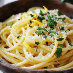 - 400g spaghetti - 6 cloves garlic, thinly sliced - 1/2 cup extra virgin olive oil - 1 teaspoon red pepper flakes (adjust to taste) - 1 lemon (zested and juiced) - Salt to taste - Fresh parsley, chopped (for garnish) - Grated Parmesan cheese (optional, for serving) To make Spaghetti Aglio e Olio, you need simple, fresh ingredients. The beauty of this dish lies in its simplicity. The garlic and olive oil create a rich sauce that coats the spaghetti perfectly. The red pepper flakes add just the right amount of heat. You can adjust them based on your taste. Adding lemon zest and juice brings a refreshing brightness that balances the flavors. For a pop of color and flavor, I suggest using fresh parsley as a garnish. Grated Parmesan cheese is optional but adds a creamy touch if you choose to use it. This recipe is quick, making it perfect for busy weeknights. You can find the Full Recipe with all the steps to guide you in preparing this delightful dish. Enjoy crafting this flavorful meal! To start, you need a large pot. Fill it with water and add salt. Bring the water to a boil. Once boiling, add 400g of spaghetti. Cook the spaghetti until it is al dente, which usually takes about 8-10 minutes. Don’t forget to reserve 1 cup of pasta water before draining. Next, grab a large skillet and pour in 1/2 cup of extra virgin olive oil. Heat the oil over medium heat. Once it’s warm, add 6 cloves of thinly sliced garlic and 1 teaspoon of red pepper flakes. Sauté this mixture for about 1-2 minutes. Keep a close eye on the garlic. You want it golden but not burnt. Now it’s time to combine everything. Add the drained spaghetti into the skillet with the garlic oil. Toss it well to coat every strand. Gradually add the reserved pasta water, about 1/4 cup at a time. This will help create a creamy sauce. Then, mix in the lemon juice and zest for a bright flavor. Toss everything together and season with salt to taste. Now, you can enjoy your Spaghetti Aglio e Olio with a zesty twist! For more details, check the Full Recipe. To get the best garlic flavor, slice the garlic thinly. Thin slices cook evenly and release great flavor. I recommend using a sharp knife. This helps you control the size and ensures even cooking. To prevent burning, keep a close eye on the garlic as it cooks. Sauté it on medium heat. If it starts to brown too fast, lower the heat. Remove it from the pan as soon as it turns golden. This way, you avoid a bitter taste. Red pepper flakes add heat to your dish. Start with one teaspoon, then taste. You can always add more if you like it spicy. If you want a milder flavor, try using less. For a gentle kick, consider using sweet paprika or smoked paprika instead. These alternatives add flavor without too much heat. Pair your Spaghetti Aglio e Olio with a fresh green salad or crusty bread. Both complement the garlic and olive oil nicely. For drinks, a crisp white wine or sparkling water works well. When plating your dish, twirl the spaghetti into neat nests on each plate. Garnish with fresh parsley for color. A sprinkle of grated Parmesan cheese can add a nice touch too, if you like. Enjoy your beautiful meal! {{image_2}} The classic Spaghetti Aglio e Olio is simple and savory. It uses garlic, olive oil, and red pepper flakes. The zesty twist adds lemon for brightness. This change gives the dish a fresh taste. The lemon zest and juice enhance the flavors. You can adjust the spice level too. This way, you can make it just right for your taste. You can add more to your Spaghetti Aglio e Olio. Vegetables like spinach or cherry tomatoes work well. They add color and nutrition. You might also like to add protein. Shrimp or chicken can turn this dish into a main course. They pair well with the garlic flavor and make the meal heartier. If you're gluten-free, try using gluten-free spaghetti. Many brands offer great options that taste good. For those who want a vegan meal, simply leave out the cheese. You can still enjoy a rich flavor with olive oil and garlic. These swaps keep the dish delicious and suitable for everyone. To store leftovers, let the spaghetti cool first. Place it in an airtight container. This keeps it fresh and tasty. Spaghetti Aglio e Olio will last up to three days in the fridge. Remember to keep it away from strong-smelling foods. For reheating, use a skillet over medium heat. Add a splash of olive oil to keep it moist. Stir gently to warm it up evenly. If the flavors seem flat, add a squeeze of lemon juice. This brightens the dish and brings back its zest. Yes, you can freeze Spaghetti Aglio e Olio. Portion it into freezer-safe bags or containers. Make sure to remove as much air as possible. It can last up to three months in the freezer. To reheat, thaw in the fridge overnight, then follow the reheating tips above. Enjoy your pasta any day! "Aglio e Olio" is Italian for "garlic and oil." It describes the main ingredients in this dish. The name tells you exactly what to expect. Garlic adds strong flavor, while oil gives it richness. This simple mix creates a tasty sauce that you can enjoy with pasta. Yes, you can use boxed spaghetti. Most box spaghetti works well for this recipe. Check the cooking time on the box. Cook it until it is al dente, which means it is firm but not hard. This texture is key for the best flavor and feel. Make sure to reserve some pasta water to help create a smooth sauce. If you can't use garlic, there are a few options. You can try shallots for a milder taste. Onion is another choice, but it is stronger. For a unique twist, use garlic-infused oil instead of fresh garlic. This gives you a similar flavor without the garlic itself. Spaghetti Aglio e Olio is simple yet full of flavor. You learned about key ingredients, cooking steps, and tips to enhance taste. Explore variations to make it your own. Remember, you can adjust flavors to suit your taste and enjoy it with sides. Storing leftovers properly keeps your meal fresh. This dish is versatile and perfect for any occasion. Enjoy cooking and sharing this classic Italian dish!