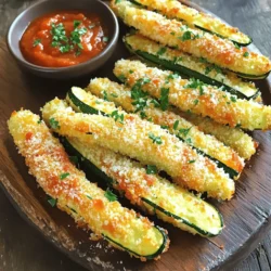 - 2 medium zucchinis, sliced into 1/4-inch thick fries - 1 cup breadcrumbs (preferably panko for extra crunch) - 1/2 cup grated Parmesan cheese - 1 teaspoon garlic powder - 1 teaspoon onion powder - 1 teaspoon Italian seasoning - 1/2 teaspoon salt - 1/4 teaspoon black pepper - 2 large eggs - 1 tablespoon olive oil (for drizzling) Using fresh ingredients is key to this recipe. The zucchinis must be firm and bright. Panko breadcrumbs give a great crunch. Parmesan cheese adds a salty, nutty flavor. The seasonings make the fries even tastier. Garlic powder and onion powder deepen the taste. Italian seasoning brings a nice balance. For binding, eggs help the coating stick. The olive oil drizzled on top adds crispiness. You can also add herbs or spices to the mix if you want. Gathering all these ingredients makes it easy to create crispy Parmesan zucchini fries. The Full Recipe shows you how to combine them for the best results. First, preheat your oven to 425°F (220°C). This step is key for crispy fries. Next, line a baking sheet with parchment paper. This makes cleanup easy and helps the fries cook evenly. In a shallow bowl, mix the breadcrumbs, grated Parmesan cheese, garlic powder, onion powder, Italian seasoning, salt, and black pepper. Stir well to blend all the ingredients. This mixture adds flavor and crunch to the fries. In a separate bowl, whisk the eggs until they are frothy. Take each zucchini fry and dip it into the eggs. Let any extra egg drip off. Then, coat each fry in the breadcrumb mixture. Press gently to ensure the crumbs stick well. Place the coated fries on the prepared baking sheet. Make sure they are in a single layer and not touching. Drizzle olive oil over the fries to help them become golden and crispy. Bake in the preheated oven for about 20-25 minutes. Flip the fries halfway through to ensure an even cook. When they are golden brown and crispy, they are ready to enjoy. For the complete recipe, refer to the Full Recipe. To get that perfect crunch, use panko breadcrumbs. They are lighter and flakier than regular breadcrumbs. This helps your fries turn out crispy. Make sure to coat each zucchini slice well. This step is key for that golden texture. Even oil distribution is important too. Drizzle olive oil over the fries after placing them on the baking sheet. You can also use a spray bottle for even coverage. This ensures every fry gets crispy, not soggy. Pair your crispy zucchini fries with tasty dips. Marinara sauce is a classic choice. Its rich flavor complements the fries well. Ranch dressing is another great option. You can also try garlic aioli for something creamy and flavorful. These dips add fun and flavor to your dish. For a pop of color, use fresh herbs. Chopped parsley or basil looks great and adds flavor. Just sprinkle a little on top after baking. This simple touch makes your dish look fancy and appetizing. Enjoy your crispy Parmesan zucchini fries with style! {{image_2}} You can spice up your crispy zucchini fries with different cheeses. While Parmesan shines, cheddar gives a sharp taste. Mozzarella adds a gooey texture. Each cheese changes the flavor, making your fries unique. Try mixing cheeses for a fun twist. Experiment with combinations that excite your palate! Not a fan of zucchini? You can swap it with other veggies. Eggplant makes a great substitute. It has a similar texture and absorbs flavors well. Sweet potatoes add sweetness and a vibrant color. Carrots or bell peppers also work well. Use whatever you enjoy or have in your kitchen. If you're gluten-free, you can still enjoy these fries! Just use gluten-free breadcrumbs. Many brands offer tasty options that work great. Always check labels to ensure all ingredients meet gluten-free standards. This way, everyone can enjoy crispy fries without worry. For the full recipe, see above. To keep your crispy Parmesan zucchini fries fresh, store them in an airtight container. Place a paper towel at the bottom to absorb moisture. This helps keep fries from getting soggy. Refrigerate them within two hours of cooking. They will stay good for up to three days. Before eating, remember that the fries will lose some crispiness in the fridge. For the best reheating results, use your oven. Preheat it to 400°F (200°C). Spread the leftover fries on a baking sheet in a single layer. Bake for about 10 minutes. This method revives their crunch and warmth. You can also use an air fryer for quick reheating. Just set it to 350°F (175°C) for about 5 minutes. You can freeze uncooked zucchini fries for later. To do this, coat them as per the full recipe. After coating, arrange them on a baking sheet in a single layer. Freeze until solid, then transfer them to a freezer bag. They can last for up to three months! When you’re ready to cook, you can bake them straight from the freezer. Just add a few extra minutes to the baking time. To make crispy Parmesan zucchini fries, follow these key steps: - Start by preheating your oven to 425°F (220°C). This helps achieve that perfect crisp. - Slice 2 medium zucchinis into 1/4-inch thick fries. Thicker cuts may not cook well. - Combine 1 cup of breadcrumbs, 1/2 cup of grated Parmesan, and seasonings in a shallow bowl. The mix adds flavor and crunch. - Whisk 2 large eggs in a different bowl until frothy. This helps the coating stick. - Dip each zucchini fry into the eggs, letting excess drip off. Then, coat it in the breadcrumb mix. Press lightly to help it stick. - Arrange the fries on a lined baking sheet in a single layer. They should not touch each other. - Drizzle 1 tablespoon of olive oil over them. This helps with browning. - Bake for 20 to 25 minutes, flipping them halfway through. Look for a golden brown color. This method ensures your fries turn out crispy and delicious every time. For the full recipe, check the earlier sections. Yes, you can air fry zucchini fries for a quick and healthy option. Here’s how: - Preheat your air fryer to 400°F (200°C). - Follow the same steps for coating your zucchini fries. - Spray the air fryer basket with a light layer of cooking spray. - Place the fries in a single layer in the basket. Avoid overcrowding for better air flow. - Air fry for about 10 to 12 minutes. Shake the basket halfway through for even cooking. - Check for a golden brown color before serving. Air frying gives you that crunch with less oil, making it a great choice. Soggy zucchini fries can happen for a few reasons: - Moisture: Zucchini has a high water content. Make sure to pat them dry before coating. - Coating: If the breadcrumb mixture is too wet, it won't crisp up. Ensure you mix it well. - Crowding: If the fries touch on the baking sheet, they steam instead of bake. Spread them out evenly. - Oven Temperature: If the oven isn't hot enough, they won’t become crispy. Always preheat your oven. By following these tips, you can avoid soggy fries and enjoy a perfect batch every time. In this post, we explored how to make crispy, tasty zucchini fries. We covered the main ingredients, step-by-step instructions, and tips for extra crispiness. Variations offered new ways to enjoy this dish. Remember, panko breadcrumbs make a big difference in texture. You can easily store leftovers or freeze uncooked fries for later. When you follow these steps, you'll enjoy delicious fries every time. Happy cooking!