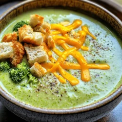 To make this creamy broccoli cheddar soup, gather the following ingredients: - 4 cups fresh broccoli florets - 1 medium onion, chopped - 2 garlic cloves, minced - 4 cups vegetable broth - 1 cup heavy cream - 2 cups sharp cheddar cheese, grated - 2 tablespoons olive oil - 1 teaspoon salt - 1/2 teaspoon black pepper - 1/2 teaspoon paprika - Optional: Croutons for garnish These ingredients create a rich, savory flavor. Fresh broccoli adds a bright green color and nutrients. The sharp cheddar cheese gives it that classic creamy texture and taste. You can adjust the seasonings to fit your palate. For extra fun, add croutons on top. It makes the soup look fancy and adds a nice crunch. If you're curious about more details, check out the Full Recipe for step-by-step guidance. - Heat 2 tablespoons of olive oil in a large pot over medium heat. - Add 1 chopped onion and sauté it until it turns soft, about 5 minutes. - Next, stir in 2 minced garlic cloves. Cook for about 1 minute until you smell the garlic. - Add 4 cups of fresh broccoli florets and 4 cups of vegetable broth to the pot. - Season with 1 teaspoon of salt, 1/2 teaspoon of black pepper, and 1/2 teaspoon of paprika. - Bring the mixture to a boil. Then, reduce the heat to low and let it simmer for about 15 minutes until the broccoli is tender. - Carefully blend the soup using an immersion blender until it reaches your desired smoothness. - If you want some texture, blend only half of the soup. - Stir in 1 cup of heavy cream and 2 cups of grated sharp cheddar cheese. Cook on low heat, stirring often, until the cheese melts and the soup becomes creamy. For the full recipe, check out the detailed instructions to make this tasty dish. - Choosing the right broccoli: Select fresh, bright green broccoli. Look for firm florets and sturdy stems. Avoid yellow or wilting pieces. This choice gives the best flavor and texture. - Adjusting seasoning for personal taste: Taste the soup as you cook. You can add more salt or pepper to enhance the flavor. A pinch of cayenne can give it a nice kick! - Using an immersion blender: This tool lets you blend the soup right in the pot. It saves time and makes cleanup easier. Blend until smooth or to your desired chunkiness. - Alternative blending methods for texture preference: If you don’t have an immersion blender, use a regular blender. Blend in batches, but be careful with hot liquid. Leave some chunks for texture if you prefer. - Serving suggestions with croutons: Ladle the soup into warm bowls. Top with crunchy croutons for added texture. This pairs well with the creamy soup. - Adding garnishes for aesthetic appeal: Sprinkle fresh herbs or extra cheese on top. A drizzle of olive oil adds shine and flavor. These small touches make your soup look gourmet. {{image_2}} You can switch heavy cream with alternatives like coconut milk or cashew cream. These options give a different taste while keeping the soup creamy. You can also use half-and-half for a lighter version. For cheese, try using different types like gouda or mozzarella. Each cheese brings a unique flavor. Mixing cheeses can create a richer taste. Experiment with what you have on hand to find your favorite. To make the soup gluten-free, ensure your broth is gluten-free. Most vegetable broths are safe, but check the label. This small step keeps the soup safe for those with gluten allergies. For a vegan option, replace heavy cream with coconut milk or almond milk. Use nutritional yeast instead of cheese for a cheesy flavor. You can also add blended cashews for creaminess. This way, everyone can enjoy the soup. Adding spices like cayenne or chili powder can give the soup extra zest. A pinch of nutmeg can also enhance its flavor profile. Taste as you go to find the right balance. Consider adding more vegetables. Carrots or bell peppers add color and nutrients. You can also toss in proteins like cooked chicken or beans. These options can turn your soup into a complete meal. For more detailed instructions, check the Full Recipe. After you make the creamy broccoli cheddar soup, let it cool. Pour the leftovers into airtight containers. This keeps the soup fresh. Use glass or BPA-free plastic containers. They are great for storage and easy to clean. To freeze the soup, allow it to cool completely. Then, pour it into freezer-safe bags or containers. Leave some space at the top, as the soup will expand. When you want to eat it, thaw it overnight in the fridge. For a quick option, place it in a bowl of cold water. Reheat on the stove over medium heat or in the microwave, stirring often. In the fridge, the soup lasts about 3 to 4 days. Always check for signs of spoilage. If it smells off or has a strange color, throw it away. Enjoy your creamy broccoli cheddar soup safely! If you want to make a big batch, try the Full Recipe to stock up for the week. How long does Creamy Broccoli Cheddar Soup last? Creamy Broccoli Cheddar Soup can last in the fridge for about 3 to 4 days. Store it in an airtight container. To enjoy the best taste, consume it within this time. Can I make this soup ahead of time? Yes, you can make this soup ahead of time. It actually tastes better the next day. Just store it in the fridge after it cools. What's the best way to reheat the soup? Reheat the soup on the stove over low heat. Stir often to avoid burning. You can also use the microwave, but be sure to heat it in short bursts. Why is my soup too thick? If your soup is too thick, add a bit more vegetable broth. Stir well and heat until it reaches your desired consistency. How can I fix an overly salty soup? To fix salty soup, add diced potatoes or more vegetables. Cook them until soft, then blend into the soup. This helps absorb some salt. Nutritional breakdown of the soup A serving of Creamy Broccoli Cheddar Soup has about 350 calories. It includes 20g of fat, 30g of carbs, and 10g of protein. Possible health benefits of main ingredients Broccoli is rich in vitamins C and K, which boost immunity and bone health. Cheddar cheese adds calcium, which is good for strong bones. For more details, check the Full Recipe for Creamy Broccoli Cheddar Bliss. This blog post covers how to make a creamy broccoli cheddar soup. We discussed the ingredients, step-by-step instructions, tips, variations, and storage info. The recipe is simple and allows for various tweaks. You can use different cheeses, make it vegan, or try other spices for extra flavor. If you store it properly, this soup can last a while in the fridge or freezer. Enjoy exploring your kitchen with this easy and delicious soup recipe!