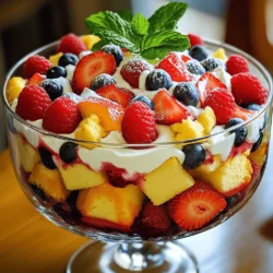 To make your Summer Berry Trifle, gather these simple ingredients: - 2 cups mixed summer berries (strawberries, blueberries, raspberries) - 1 cup heavy whipping cream - 1/2 cup powdered sugar - 1 teaspoon vanilla extract - 1 cup vanilla sponge cake, cut into cubes (store-bought or homemade) - 1/2 cup Greek yogurt - Fresh mint leaves for garnish Choose berries that are bright, firm, and free from blemishes. Look for: - Color: Vivid colors show ripeness. - Firmness: They should feel solid, not mushy. - Smell: Fresh berries have a sweet scent. Avoid any containers with mold or crushed fruit. Rinse them gently under cold water before use. Pat them dry with a paper towel. This keeps your trifle from being soggy. You can switch ingredients based on your taste or diet. Here are some ideas: - Berries: Use blackberries, peaches, or cherries for variety. - Cake: Swap sponge cake for pound cake or ladyfingers. - Greek Yogurt: Use regular yogurt or a dairy-free option for a lighter touch. - Cream: Substitute whipped coconut cream for a vegan option. These swaps can help you make a trifle that fits your needs while still being delicious. For the full recipe, check the earlier sections. First, wash your mixed berries. I like to use strawberries, blueberries, and raspberries. If you choose strawberries, slice them into quarters. This step makes the berries easier to layer and eat. After washing and slicing, set them aside to drain. This helps remove extra water and keeps your trifle from getting soggy. Next, grab a mixing bowl. Combine one cup of heavy whipping cream, half a cup of powdered sugar, and one teaspoon of vanilla extract. Use an electric mixer to whip this mixture until soft peaks form. This means the cream should hold its shape but still be fluffy. In a separate bowl, mix half a cup of Greek yogurt with one spoonful of whipped cream. This lightens the yogurt. Gently fold the rest of the whipped cream into the yogurt. This creates a smooth and airy mix, perfect for your trifle. Now it’s time to build your trifle. Take a large trifle bowl or individual glasses. Start with a layer of sponge cake cubes. Then, add a layer of mixed berries on top. Next, spread a layer of the yogurt and whipped cream mix over the berries. Use a spatula to smooth it out. Repeat this layering until you reach the top of your bowl or glasses. Finish with a layer of the cream mixture. Top your trifle with the remaining berries and a few fresh mint leaves for a pop of color. Finally, refrigerate your trifle for at least two hours. This wait allows the flavors to blend and the cake to soak up berry juices. For the full recipe, check out the details above. To make perfect whipped cream, start with cold tools. Use a cold bowl and beaters. This helps the cream whip faster. Pour in 1 cup of heavy whipping cream. Add 1/2 cup of powdered sugar and 1 teaspoon of vanilla extract. Beat on medium speed until soft peaks form, which takes about 2-3 minutes. Avoid over-whipping, or it will turn grainy. You can make the trifle ahead of time. Prepare the whipped cream and yogurt mixture up to a day before. Store them in the fridge, covered. This saves time on the day you serve it. You can also cut the sponge cake into cubes ahead. Just keep it in an airtight container. Assemble the trifle a few hours before serving for the best taste. Layering is key for a great trifle. Start with the sponge cake at the bottom. It soaks up berry juices and keeps it moist. Follow with a layer of mixed berries. Then add the yogurt and whipped cream mixture. Repeat until you reach the top. Finish with whipped cream and extra berries. This looks beautiful and tastes great! For the full recipe, check out the Summer Berry Trifle. {{image_2}} You can mix and match berries in your trifle. Use strawberries, blueberries, and raspberries for a classic look. You can also try blackberries for a richer flavor. If you want something unique, add peaches or cherries. Each berry gives a different taste and color to your trifle. Try different combos to find your favorite mix! The cake is key in your trifle. You can use vanilla sponge cake, but other options work well too. Angel food cake is light and fluffy. Pound cake offers a denser texture, which some may like. For a fun twist, use brownies or even cookies. Just remember to cut them into small pieces for layering. Your choice can change the whole feel of the dessert! If you need a non-dairy trifle, I have great options. For whipping cream, use coconut cream. It whips up nicely and adds a tropical touch. Instead of yogurt, try almond or soy yogurt. These alternatives keep the trifle creamy without dairy. You can still enjoy a tasty dessert that fits your diet! For the full recipe, check out the Summer Berry Trifle section. To keep your summer berry trifle fresh, store it in the fridge. Use a tight lid or cover it with plastic wrap. This helps keep the flavors and textures intact. Make sure to avoid pressing the wrap down on the cream layers. This can cause them to lose their shape. The trifle will stay good for about three days in the fridge. After that, the berries may start to lose their charm. The cream can also become watery. If you use fresh ingredients, they help the trifle taste best for that time. Always check for any signs of spoilage before serving. Freezing the trifle is not the best choice. The cream and berries may change texture when thawed. However, you can freeze the sponge cake layers. Wrap them well in plastic wrap and then foil. They will keep for up to three months. When ready to use, just thaw at room temperature and layer with fresh berries and cream. For the best taste, enjoy your trifle fresh. Try the Full Recipe to savor every bite! The best berries for a summer trifle are strawberries, blueberries, and raspberries. These berries add color and flavor. Strawberries are sweet and juicy. Blueberries are small and pop in your mouth. Raspberries have a tart taste that pairs well with cream. You can mix them or use just one type. Fresh berries are best, but frozen can work too. Just thaw them and drain extra juice. Yes, you can make this trifle the night before. This gives the flavors time to blend. It also helps the cake soak up the berry juices. Just be sure to cover it well and keep it in the fridge. The trifle will be ready to serve the next day. However, make sure not to add the fresh mint leaves until right before serving. This keeps them fresh and vibrant. To make this dessert gluten-free, use gluten-free cake instead of regular sponge cake. You can find pre-made gluten-free cakes at many stores. You can also make your own using gluten-free flour blends. Check the labels on all your ingredients to ensure they are gluten-free. This way, everyone can enjoy this tasty summer treat without worry. You learned how to make a delicious berry trifle, starting from selecting fresh berries. Use tips for the best whipped cream and layering techniques. Remember, you can swap ingredients to fit your taste. Store it properly to keep it fresh. This dessert is flexible and fun to make. Enjoy creating your own version and impressing others with your skills!