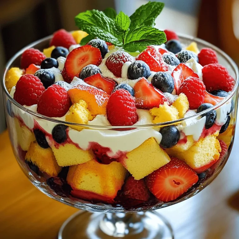 To make your Summer Berry Trifle, gather these simple ingredients: - 2 cups mixed summer berries (strawberries, blueberries, raspberries) - 1 cup heavy whipping cream - 1/2 cup powdered sugar - 1 teaspoon vanilla extract - 1 cup vanilla sponge cake, cut into cubes (store-bought or homemade) - 1/2 cup Greek yogurt - Fresh mint leaves for garnish Choose berries that are bright, firm, and free from blemishes. Look for: - Color: Vivid colors show ripeness. - Firmness: They should feel solid, not mushy. - Smell: Fresh berries have a sweet scent. Avoid any containers with mold or crushed fruit. Rinse them gently under cold water before use. Pat them dry with a paper towel. This keeps your trifle from being soggy. You can switch ingredients based on your taste or diet. Here are some ideas: - Berries: Use blackberries, peaches, or cherries for variety. - Cake: Swap sponge cake for pound cake or ladyfingers. - Greek Yogurt: Use regular yogurt or a dairy-free option for a lighter touch. - Cream: Substitute whipped coconut cream for a vegan option. These swaps can help you make a trifle that fits your needs while still being delicious. For the full recipe, check the earlier sections. First, wash your mixed berries. I like to use strawberries, blueberries, and raspberries. If you choose strawberries, slice them into quarters. This step makes the berries easier to layer and eat. After washing and slicing, set them aside to drain. This helps remove extra water and keeps your trifle from getting soggy. Next, grab a mixing bowl. Combine one cup of heavy whipping cream, half a cup of powdered sugar, and one teaspoon of vanilla extract. Use an electric mixer to whip this mixture until soft peaks form. This means the cream should hold its shape but still be fluffy. In a separate bowl, mix half a cup of Greek yogurt with one spoonful of whipped cream. This lightens the yogurt. Gently fold the rest of the whipped cream into the yogurt. This creates a smooth and airy mix, perfect for your trifle. Now it’s time to build your trifle. Take a large trifle bowl or individual glasses. Start with a layer of sponge cake cubes. Then, add a layer of mixed berries on top. Next, spread a layer of the yogurt and whipped cream mix over the berries. Use a spatula to smooth it out. Repeat this layering until you reach the top of your bowl or glasses. Finish with a layer of the cream mixture. Top your trifle with the remaining berries and a few fresh mint leaves for a pop of color. Finally, refrigerate your trifle for at least two hours. This wait allows the flavors to blend and the cake to soak up berry juices. For the full recipe, check out the details above. To make perfect whipped cream, start with cold tools. Use a cold bowl and beaters. This helps the cream whip faster. Pour in 1 cup of heavy whipping cream. Add 1/2 cup of powdered sugar and 1 teaspoon of vanilla extract. Beat on medium speed until soft peaks form, which takes about 2-3 minutes. Avoid over-whipping, or it will turn grainy. You can make the trifle ahead of time. Prepare the whipped cream and yogurt mixture up to a day before. Store them in the fridge, covered. This saves time on the day you serve it. You can also cut the sponge cake into cubes ahead. Just keep it in an airtight container. Assemble the trifle a few hours before serving for the best taste. Layering is key for a great trifle. Start with the sponge cake at the bottom. It soaks up berry juices and keeps it moist. Follow with a layer of mixed berries. Then add the yogurt and whipped cream mixture. Repeat until you reach the top. Finish with whipped cream and extra berries. This looks beautiful and tastes great! For the full recipe, check out the Summer Berry Trifle. {{image_2}} You can mix and match berries in your trifle. Use strawberries, blueberries, and raspberries for a classic look. You can also try blackberries for a richer flavor. If you want something unique, add peaches or cherries. Each berry gives a different taste and color to your trifle. Try different combos to find your favorite mix! The cake is key in your trifle. You can use vanilla sponge cake, but other options work well too. Angel food cake is light and fluffy. Pound cake offers a denser texture, which some may like. For a fun twist, use brownies or even cookies. Just remember to cut them into small pieces for layering. Your choice can change the whole feel of the dessert! If you need a non-dairy trifle, I have great options. For whipping cream, use coconut cream. It whips up nicely and adds a tropical touch. Instead of yogurt, try almond or soy yogurt. These alternatives keep the trifle creamy without dairy. You can still enjoy a tasty dessert that fits your diet! For the full recipe, check out the Summer Berry Trifle section. To keep your summer berry trifle fresh, store it in the fridge. Use a tight lid or cover it with plastic wrap. This helps keep the flavors and textures intact. Make sure to avoid pressing the wrap down on the cream layers. This can cause them to lose their shape. The trifle will stay good for about three days in the fridge. After that, the berries may start to lose their charm. The cream can also become watery. If you use fresh ingredients, they help the trifle taste best for that time. Always check for any signs of spoilage before serving. Freezing the trifle is not the best choice. The cream and berries may change texture when thawed. However, you can freeze the sponge cake layers. Wrap them well in plastic wrap and then foil. They will keep for up to three months. When ready to use, just thaw at room temperature and layer with fresh berries and cream. For the best taste, enjoy your trifle fresh. Try the Full Recipe to savor every bite! The best berries for a summer trifle are strawberries, blueberries, and raspberries. These berries add color and flavor. Strawberries are sweet and juicy. Blueberries are small and pop in your mouth. Raspberries have a tart taste that pairs well with cream. You can mix them or use just one type. Fresh berries are best, but frozen can work too. Just thaw them and drain extra juice. Yes, you can make this trifle the night before. This gives the flavors time to blend. It also helps the cake soak up the berry juices. Just be sure to cover it well and keep it in the fridge. The trifle will be ready to serve the next day. However, make sure not to add the fresh mint leaves until right before serving. This keeps them fresh and vibrant. To make this dessert gluten-free, use gluten-free cake instead of regular sponge cake. You can find pre-made gluten-free cakes at many stores. You can also make your own using gluten-free flour blends. Check the labels on all your ingredients to ensure they are gluten-free. This way, everyone can enjoy this tasty summer treat without worry. You learned how to make a delicious berry trifle, starting from selecting fresh berries. Use tips for the best whipped cream and layering techniques. Remember, you can swap ingredients to fit your taste. Store it properly to keep it fresh. This dessert is flexible and fun to make. Enjoy creating your own version and impressing others with your skills!