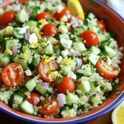 To make a Lemon Herb Quinoa Salad, gather fresh ingredients. This salad is bright and tasty. It serves four and takes about 30 minutes to prepare. The full recipe combines healthy quinoa with vibrant veggies and herbs. Here are the key ingredients you need: - 1 cup quinoa, rinsed - 2 cups water or vegetable broth - 1/2 cup cherry tomatoes, halved - 1 cucumber, diced - 1/4 cup red onion, finely chopped - 1/2 cup fresh parsley, chopped - 1/4 cup fresh mint, chopped - 3 tablespoons olive oil - 2 tablespoons lemon juice - Zest of 1 lemon - Salt and pepper to taste These ingredients create a salad full of flavor and nutrients. Quinoa is high in protein and fiber. The fresh herbs add a fragrant touch. Lemon juice gives the salad a bright, zesty flavor. You can mix in some optional ingredients too: - 1/4 cup feta cheese, crumbled Feta adds a creamy texture and tang. If you want a dairy-free option, skip the feta. You can also use any other herbs you like, such as basil or cilantro, to switch up the taste. Feel free to swap the cucumber for bell peppers or add nuts for crunch. This salad is versatile, so have fun with it! To cook quinoa, start by rinsing 1 cup of quinoa under cold water. This removes bitter saponins. Next, in a medium saucepan, combine the rinsed quinoa with 2 cups of water or vegetable broth. Bring the liquid to a boil over high heat. Once boiling, reduce the heat to low, cover the pot, and let it simmer for about 15 minutes. This will allow the quinoa to absorb all the liquid. After 15 minutes, remove the pot from heat and leave it covered for another 5 minutes. Fluff the quinoa gently with a fork and let it cool. While the quinoa cools, grab a large mixing bowl. Add 1/2 cup of halved cherry tomatoes, 1 diced cucumber, and 1/4 cup of finely chopped red onion. These veggies add a fresh crunch. Then, chop 1/2 cup of fresh parsley and 1/4 cup of fresh mint. Toss these herbs into the bowl with the vegetables. They will give your salad a bright, flavorful kick. In a small bowl, whisk together 3 tablespoons of olive oil, 2 tablespoons of lemon juice, and the zest of 1 lemon. Add salt and pepper to taste. Pour this dressing over the vegetable mixture and toss well to coat everything evenly. Once the quinoa has cooled, add it to the large bowl with the dressed vegetables. Mix gently until all ingredients are combined. If you like, sprinkle 1/4 cup of crumbled feta cheese on top for extra flavor. Give it a gentle toss. Taste your salad and adjust seasoning if needed. Serve in a colorful bowl with lemon wedges on the side. For a fun twist, try using mason jars for individual servings. Enjoy this vibrant Lemon Herb Quinoa Salad! For the detailed recipe, check the Full Recipe section. To cook fluffy quinoa, rinse it first. This removes bitterness. Use a medium pot, add rinsed quinoa and water or broth. Bring it to a boil. Then, reduce the heat to low. Cover the pot and let it simmer for about 15 minutes. Once all the water absorbs, remove it from the heat. Let it sit with the lid on for 5 more minutes. Finally, fluff it with a fork. This makes the quinoa light and airy. For your Lemon Herb Quinoa Salad, the dressing is key. Mix olive oil, lemon juice, and lemon zest in a bowl. Add salt and pepper for taste. If you want a different twist, try adding honey or Dijon mustard. You can also add minced garlic for a punch. For a creamier dressing, mix in some yogurt or sour cream. These options can make your salad even more exciting. Serve your Lemon Herb Quinoa Salad in a big, colorful bowl. Add lemon wedges on the side for a bright touch. For a fun twist, try using mason jars. Layer the ingredients for a pretty display. This also makes it easy to take your salad on the go. You can pair this salad with grilled chicken or fish for a complete meal. It also works great as a side dish at picnics or barbecues. {{image_2}} You can boost your Lemon Herb Quinoa Salad with protein. Here are some tasty options: - Grilled Chicken: Add sliced, grilled chicken for a hearty touch. - Chickpeas: Mix in canned or cooked chickpeas for a plant-based protein. - Shrimp: Toss in sautéed shrimp for a seafood twist. - Tofu: Use cubed, marinated tofu for a vegan protein source. These add-ins will make your salad more filling and nutritious. The dressing can change the whole vibe of your salad. Here are some ideas: - Balsamic Vinaigrette: This adds a sweet and tangy flavor. - Tahini Dressing: Use tahini for a creamy, nutty taste. - Spicy Sriracha: A touch of Sriracha gives a nice kick. - Honey Mustard: This will add sweetness and depth. Feel free to experiment. Each dressing can bring out different flavors in the salad. Changing up the veggies keeps the salad fresh. Here are some seasonal swaps: - Spring: Use asparagus or snap peas for a crisp bite. - Summer: Add bell peppers or zucchini for a colorful look. - Fall: Mix in roasted sweet potatoes or butternut squash. - Winter: Try kale or Brussels sprouts for hearty greens. These swaps keep your salad exciting and in tune with the seasons. Check out the Full Recipe for more ideas! After enjoying your Lemon Herb Quinoa Salad, store any leftovers in an airtight container. Keep it in the fridge for up to three days. This keeps the flavors fresh and the veggies crisp. If you notice the salad wilting, it may be time to use it up. Meal prep makes life easier! Prepare the quinoa and chop the veggies ahead of time. Store them separately in the fridge. This way, you can mix them fresh right before eating. Adding the dressing just before serving helps keep everything crunchy and tasty. You can freeze the quinoa for later use, but not the salad itself. Cook and cool the quinoa, then put it in a freezer-safe bag or container. It will keep well for up to three months. When you're ready to use it, thaw in the fridge overnight. After thawing, mix with fresh veggies and dressing for the best taste. For a bright taste, I love using fresh parsley and mint. They add a nice burst of flavor. You can also try basil or cilantro for a twist. Each herb gives its own unique taste. The key is to use fresh herbs, as they make the salad more lively. Quinoa is naturally gluten-free, making it a great base. Just ensure your other ingredients are also gluten-free. Use a certified gluten-free vegetable broth if you're adding broth. Check the labels on your dressing ingredients too. This way, you keep the salad safe for those with gluten sensitivities. Yes, you can make this salad ahead! Prepare it a day in advance for the best flavor. Just keep it in the fridge in a sealed container. The flavors will blend nicely overnight. When you’re ready to serve, give it a quick toss. This makes it perfect for meal prep or gatherings. For the full recipe, refer to the earlier section. This blog post covered how to make a Lemon Herb Quinoa Salad. We looked at key ingredients, step-by-step cooking methods, and tips for success. I shared variations to customize the salad and storage info for leftovers. Remember, you can mix proteins and dressings to create new flavors. You can make this salad for any meal, and meal prep is easy. Enjoy experimenting with your own versions for a fresh taste every time!