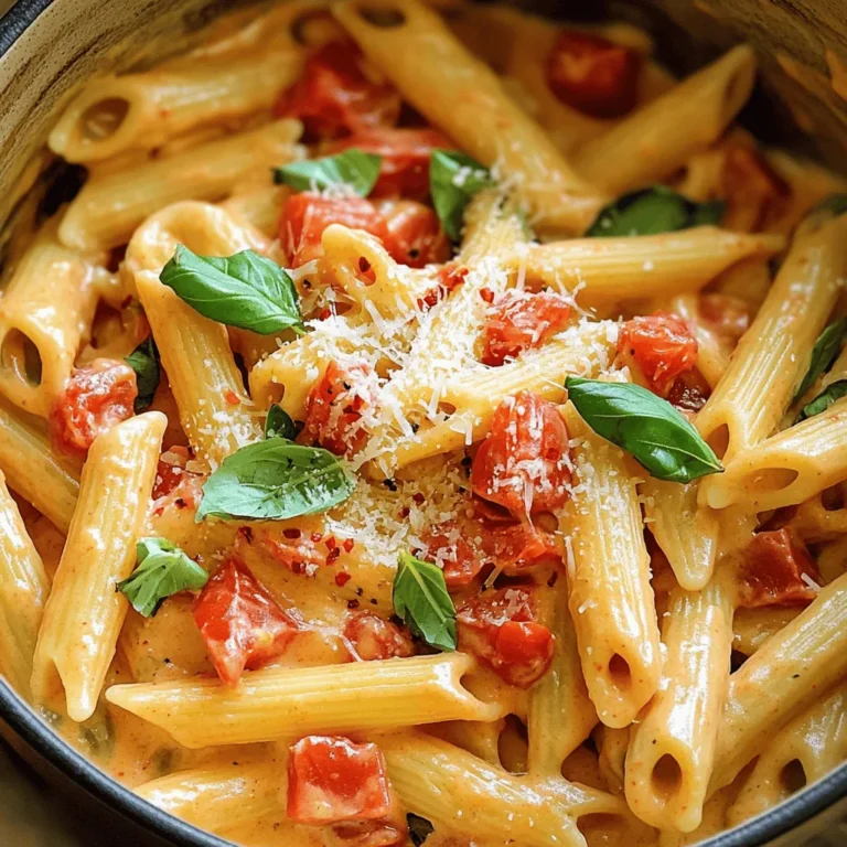To make this creamy delight, gather these fresh ingredients: - 12 oz (340g) penne pasta - 1 can (14 oz) diced tomatoes, with juice - 2 cups vegetable broth - 1 cup heavy cream - 1 cup fresh basil leaves, roughly chopped - 1 small onion, finely chopped - 4 cloves garlic, minced - 1 teaspoon dried oregano - 1/2 teaspoon red pepper flakes (optional) - Salt and pepper to taste - 1 cup grated Parmesan cheese (plus extra for serving) - 2 tablespoons olive oil You will need a large pot for this recipe. A wooden spoon works well for stirring. Measuring cups and spoons make it easy to get the right amounts of each ingredient. A sharp knife is key for chopping onion and garlic. A cutting board helps keep your workspace clean. Lastly, using a ladle can help serve the pasta smoothly. For the full recipe, refer to the detailed steps provided. Start with a large pot. Heat two tablespoons of olive oil over medium heat. Once hot, add one small onion, finely chopped. Sauté it for about 3-4 minutes until it turns clear. Next, add four cloves of minced garlic. Cook for one more minute. You want to smell that garlic! Then, pour in one can of diced tomatoes, including the juice. Add two cups of vegetable broth and one cup of heavy cream. Stir it well until everything mixes nicely. Now it's time for the pasta. Add 12 ounces of penne pasta to the pot. Sprinkle in one teaspoon of dried oregano and half a teaspoon of red pepper flakes if you like some heat. Season with salt and pepper. Bring the mix to a boil. After it bubbles, lower the heat to simmer. Cook it for 12-15 minutes. Stir occasionally to prevent sticking. You want the pasta to be firm but not hard. Once the pasta is done, take the pot off the heat. Stir in one cup of fresh basil leaves, roughly chopped. Also, add one cup of grated Parmesan cheese. Mix until it melts into a creamy sauce. Taste it and adjust the salt or pepper as needed. Serve right away, topped with extra Parmesan cheese and a few basil leaves for a nice touch. For a detailed list of ingredients, check the Full Recipe. To make your One-Pot Creamy Tomato Basil Pasta even better, try these tips: - Use fresh herbs: Fresh basil adds a bright taste. You can also add fresh parsley or thyme for more depth. - Add more garlic: Extra garlic can make the dish sing. Try using six cloves instead of four. - Incorporate wine: A splash of white wine can elevate the sauce. Add it after sautéing the onion and garlic. - Mix in cheese: Experiment with different cheeses like mozzarella or goat cheese for extra creaminess and flavor. Here are some common mistakes to watch for when making this dish: - Overcooking the pasta: Keep an eye on the pasta. Cook it until it’s just al dente for the best texture. - Not stirring enough: Stir the pasta often to prevent it from sticking to the pot. - Skipping salt and pepper: Seasoning is key. Don’t forget to add salt and pepper to taste. - Using low-quality tomatoes: Choose high-quality canned tomatoes. They greatly affect the sauce’s flavor. When serving your One-Pot Creamy Tomato Basil Pasta, consider these ideas: - Garnish with fresh basil: Add some whole basil leaves on top for color and flavor. - Sprinkle extra cheese: A little extra Parmesan on top makes it look fancy. - Serve with crusty bread: Fresh bread pairs well. It’s perfect for soaking up the sauce. - Add a side salad: A simple green salad can balance the richness of the pasta. These tips can help you create a delicious meal. For the full recipe, check the previous section. {{image_2}} This dish is already vegetarian. You can make it even heartier. Add more veggies like spinach, bell peppers, or zucchini. These will boost flavor and nutrients. You can also mix in mushrooms for a meaty texture. Just sauté them with the onions. If you want to add protein, there are many choices. Grilled chicken is great for extra flavor. Shrimp cooks fast and pairs well with the sauce. You can also use chickpeas for a plant-based option. Simply stir them in during the last few minutes of cooking. To make this recipe dairy-free, swap heavy cream for coconut cream or cashew cream. These options keep it creamy. Use nutritional yeast instead of Parmesan for a cheesy taste. You can also find dairy-free cheese at many stores. Just sprinkle it on top before serving. Explore the full recipe for more tips on making this dish your own! After you enjoy your One-Pot Creamy Tomato Basil Pasta, store leftovers in the fridge. Use an airtight container to keep it fresh. It lasts up to three days in the fridge. Before storing, let the pasta cool to room temperature. This helps prevent sogginess. If you want to save some for later, freezing is a great option! Place the cooled pasta in a freezer-safe container. Make sure to leave some space at the top for expansion. This dish stays good in the freezer for up to three months. To thaw, move it to the fridge overnight or use the microwave. When you’re ready to enjoy your pasta again, reheating is simple. You can use the stove or microwave. If using the stove, add a splash of water or broth to keep it creamy. Heat on low and stir often until hot. For the microwave, cover it and heat in short bursts, stirring in between. Enjoy your meal just like the first time! For the full recipe, refer to the earlier section. Yes, you can use other pasta shapes. Short pasta like fusilli or shells work well. Longer pasta like spaghetti can also be used, but the cooking time may vary. Just make sure to adjust the cooking time to keep your pasta al dente. Always check the package instructions for the best results. If you want a lighter option, use whole milk or half-and-half. You can also try coconut milk for a dairy-free choice. For a thicker sauce, mix milk with cornstarch. This helps to mimic the creaminess without the heaviness of heavy cream. Leftovers can be stored for up to three days in the fridge. Keep them in an airtight container to stay fresh. When you reheat, add a splash of water or broth to keep the pasta creamy. If you want to save it longer, consider freezing it for up to three months. Just remember that the texture may change a bit after freezing. Enjoy your One-Pot Creamy Tomato Basil Pasta again! For the Full Recipe, refer back to the top of the article. In this blog post, we explored the key ingredients, cooking steps, and helpful tips. I shared ways to enhance flavor and avoid common mistakes. You learned about variations like vegetarian options and how to store your dish safely. Use these insights to create a meal that impresses. Cooking can be simple and rewarding. Enjoy your time in the kitchen as you try these ideas!