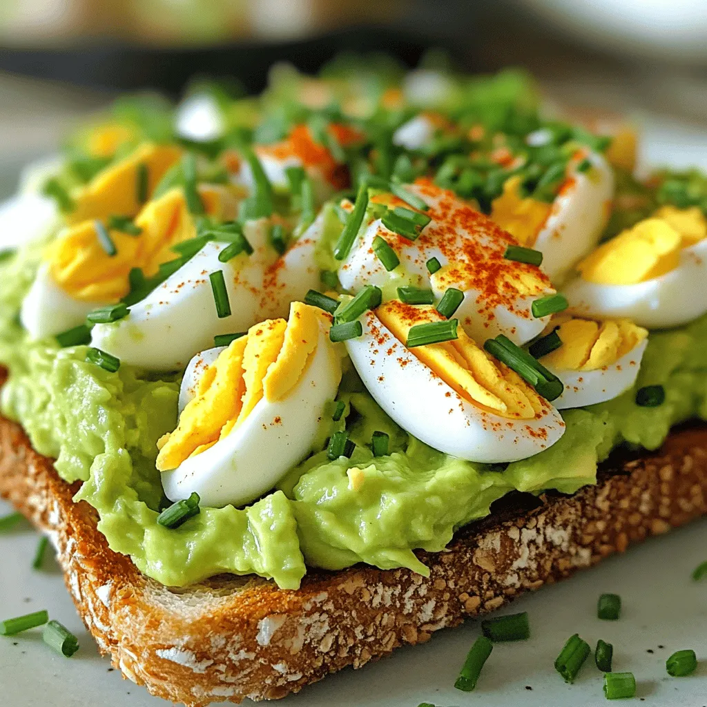The joy of making Quick Avocado Egg Salad starts with gathering your fresh ingredients. Here’s what you will need: - 4 hard-boiled eggs, peeled and chopped - 1 ripe avocado, mashed - 2 tablespoons Greek yogurt - 1 tablespoon Dijon mustard - 2 tablespoons fresh chives, finely chopped - 1 tablespoon lemon juice - Salt and pepper to taste - Optional: 1/4 teaspoon paprika These simple ingredients come together to create a creamy, flavorful salad. The hard-boiled eggs provide protein, while the avocado adds healthy fats. Greek yogurt gives a tangy flavor and creamy texture. Chives and lemon juice brighten up the dish. You can adjust the salt, pepper, and paprika to suit your taste. This recipe makes a great snack or a light meal. For the full recipe, check the details above. 1. Combine chopped hard-boiled eggs and mashed avocado. Start by peeling and chopping your hard-boiled eggs. Then, take a ripe avocado and mash it in a bowl. Mix the eggs and avocado together until they are well combined. 2. Add Greek yogurt, Dijon mustard, lemon juice, and chives. Next, add two tablespoons of Greek yogurt for creaminess. Then, add one tablespoon of Dijon mustard for a bit of tang. Squeeze in one tablespoon of lemon juice to brighten the flavors, and toss in two tablespoons of finely chopped chives for freshness. 3. Mix ingredients until combined, keeping it chunky. Use a fork to gently mix everything. You want it to be well blended but still have some chunks. This gives your salad a nice texture. 4. Season with salt, pepper, and optional paprika. Add salt and pepper to taste. If you like a little heat, sprinkle in a quarter teaspoon of paprika. This step is key for bringing everything together. 5. Serve on toast, in lettuce wraps, or as a dip. Now, it's time to enjoy! You can spread the salad on whole-grain toast, use it in lettuce wraps, or serve it as a dip with veggie sticks. This recipe is versatile and fun! For the full recipe, check out the details above. Enjoy your healthy delight! You can easily swap Greek yogurt for mayonnaise. This change gives your salad a lighter feel. If you want a creamier texture, use more yogurt. Fresh herbs add life to this dish. Try adding parsley, dill, or basil. These herbs bring bright flavors and aroma. To mash the avocado, use a fork. This method keeps it chunky. Avoid over-mashing; you want a mix of smooth and bits. Balancing flavors is key. Taste as you mix. If it needs more zest, add more lemon juice. Salt and pepper enhance all the flavors too. Whole-grain bread is the best choice for serving. It adds fiber and a nutty taste. Lettuce wraps are a fun, low-carb option. Pair your salad with fresh veggies like carrots and bell peppers. It makes a great snack or light meal. For an extra kick, add some spicy mustard on the side. For the full recipe, check out the details above. {{image_2}} You can make your avocado egg salad even more fun by adding extra veggies. Diced bell peppers add crunch and color. Chopped celery gives a nice texture. Both options keep the dish fresh and vibrant. Spices can also boost the flavor. Try adding a pinch of cumin for warmth. Garlic powder gives a light kick and pairs well with the creamy avocado. These small tweaks make your salad unique and tasty. If you want a vegan option, swap the eggs for tofu or chickpeas. Silken tofu blends well and gives a creamy texture. Chickpeas add protein and a hearty bite. Both options keep the dish satisfying. For a gluten-free meal, serve your salad in lettuce wraps. You can also use gluten-free bread for a sandwich. These choices ensure everyone enjoys this healthy delight. For the full recipe, check out the Avocado Egg Salad Delight 🥑🥚 above! To keep your avocado egg salad fresh, place it in an airtight container. This helps prevent air from getting in and causing browning. You can also press plastic wrap directly onto the salad's surface before sealing the container. This extra step keeps the salad from drying out. When stored properly in the fridge, your avocado egg salad will stay fresh for about 2 to 3 days. After that, the flavors may fade, and the texture can change. Always check for any off smells or changes in color before eating leftovers. Freezing avocado egg salad is not the best option. Avocado can become mushy when thawed, which changes the texture. If you must freeze it, consider freezing just the hard-boiled eggs and avocado separately. Then mix them when you're ready to eat. This keeps the dish fresher and more enjoyable. For best results, use the Full Recipe to make it fresh when you want to enjoy it! You can serve avocado egg salad in many ways. Here are some ideas: - Spread it on whole-grain toast for a quick meal. - Use it as a filling in lettuce wraps for a fresh crunch. - Serve it as a dip with carrot sticks, celery, or cucumber slices. - Pair it with crackers for a tasty snack. - Add it to a salad for extra protein and creaminess. These options make it easy to enjoy this dish at any meal. Yes, you can make this salad ahead of time. Here are tips for doing so: - Prepare the salad and store it in an airtight container. - Keep it in the fridge for up to two days. - If you want to make it even earlier, boil the eggs and mash the avocado separately. - Mix them together when you are ready to eat. This way, your salad stays fresh and tasty! To keep the avocado fresh, follow these techniques: - Add lemon juice right after mashing. The acid slows browning. - Store the salad in a container with a tight lid. - Press plastic wrap against the salad to limit air exposure. - Use a little extra lemon juice before serving to brighten it up. These steps will help keep your avocado egg salad looking nice and green. You can create a delicious avocado egg salad with just a few simple steps. We started with key ingredients, combined them, and shared tips for perfecting texture. You learned how to customize and add variations to suit different tastes and diets. Remember to store leftovers properly to keep them fresh. This salad is not just tasty; it is also quick to prepare. Enjoy experimenting with your own twists on this easy dish!