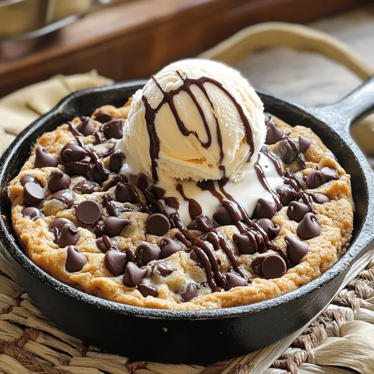- 1 cup unsalted butter, softened - 1 cup brown sugar, packed - 1/2 cup granulated sugar - 2 large eggs - 1 teaspoon pure vanilla extract - 2 1/2 cups all-purpose flour - 1 teaspoon baking soda - 1/2 teaspoon salt - 1 cup semi-sweet chocolate chips - 1/2 cup chopped walnuts (optional) - Ice cream for serving (optional) Using room temperature butter is key. It blends well with sugar and makes the dough fluffy. Cold butter can lead to a dense cookie. You can also use coconut sugar or maple sugar for a unique flavor twist. I recommend a cast-iron skillet for the best results. It holds heat well and gives a nice crust. You will also need a large mixing bowl, measuring cups, and a whisk for mixing your ingredients. A spatula helps in folding in chocolate chips and nuts smoothly. 1. Preheat the oven to 350°F (175°C). This step is crucial for even baking. 2. Prepare the skillet by greasing a cast-iron skillet or an oven-safe dish. This helps the cookie come out easily. 3. In a large bowl, mix the softened butter, brown sugar, and granulated sugar together. Cream them until smooth and fluffy. This process adds air, making the cookie light. 1. Beat in the eggs one at a time. Then stir in the pure vanilla extract until fully mixed. This adds flavor and moisture. 2. In a separate bowl, whisk together the all-purpose flour, baking soda, and salt. It’s important to mix them well for even distribution. 3. Gradually add the dry mix to your wet ingredients. Stir gently until just combined. Avoid overmixing; it can make the cookie tough. 4. Fold in the chocolate chips and chopped walnuts, if you choose to use them. Be gentle to keep the chips intact. 1. Spread the cookie dough evenly in the skillet. Smooth the top with a spatula. 2. Bake in the preheated oven for 25-30 minutes. Look for golden brown edges and a slightly set center. 3. To check for doneness, use a toothpick. Insert it in the center; if it comes out with a few moist crumbs, it’s ready. Make sure to follow these steps closely for that perfect chocolate chip cookie skillet experience. For the complete recipe, refer to the Full Recipe. To get the best texture in your chocolate chip cookie skillet, do not overmix the dough. Overmixing can lead to tough cookies. Mix until just combined. This keeps the dough soft and chewy. Check for doneness by looking at the edges. They should be golden brown, while the center looks slightly undercooked. This gives a nice, gooey texture. You can also gently press the center with a finger. It should bounce back slightly. The chocolate chip cookie skillet tastes best when served warm. Scoop it right from the skillet for a cozy feel. Top it with a generous scoop of ice cream. The hot cookie and cold ice cream create a delightful contrast. Try adding a drizzle of chocolate sauce or caramel for extra sweetness. Chopped nuts or whipped cream can also enhance the flavor. These toppings make your dessert look stunning. If your cookies turn out dry or crumbly, try adding a little more butter or egg. This adds moisture back into the dough. You can also use brown sugar for a chewier cookie. If you live at high altitude or in a humid area, adjust your ingredients. You may need less flour or more liquid. Keep an eye on your cookie skillet while baking, as it might cook faster. {{image_2}} You can easily change up the flavor of your cookie skillet. Try adding a sprinkle of cinnamon for warmth. It gives a nice twist and pairs well with chocolate. You can also finish with a touch of flaky sea salt. This adds a nice balance to the sweetness. If you want to swap out the chocolate, consider using white chocolate or dark chocolate. Each type brings a new taste. You can even mix different kinds of chocolate for a fun surprise in every bite. For those needing gluten-free options, use a gluten-free flour blend. Ensure it has a good mix of starches and proteins. This way, your cookie skillet will still rise and taste great. If you prefer a vegan version, replace eggs with flaxseed meal or applesauce. Use plant-based butter and dairy-free chocolate chips. These swaps keep your dessert tasty and friendly for all diets. Toppings can elevate your cookie skillet to gourmet status. Try adding fresh berries or sliced bananas. They add freshness and a pop of color. You can also drizzle caramel or chocolate sauce over the top. A dollop of whipped cream or a scoop of ice cream makes it feel special. For a crunchy texture, sprinkle some toasted nuts or crushed cookies. These little touches make your dessert even more irresistible. For the full recipe, check out the details above! To store your leftover chocolate chip cookie skillet, let it cool down first. Then, cover the skillet tightly with plastic wrap or foil. This keeps the cookie fresh and soft. You can also transfer pieces to an airtight container. Make sure to eat it within three days for the best taste. If you want to save cookie dough for later, freezing is a great option. Scoop the dough into balls and place them on a baking sheet. Freeze them until solid, then transfer to a freezer bag. They can stay in the freezer for up to three months. When you want to bake, just preheat your oven and bake the frozen dough for an extra minute or two. Don’t let leftover cookie skillet go to waste. You can crumble it over yogurt for a tasty breakfast treat. Or, use it as a base for an ice cream sundae. Just scoop some cookie into a bowl and top with ice cream and your favorite toppings. You can also turn it into cookie sandwiches by adding frosting or whipped cream between two pieces. These ideas make your dessert even more fun! You can tell when your skillet cookie is done by looking at it closely. The edges should be golden brown. The center will look slightly puffy and set. If you gently press the center, it should feel firm but soft. A toothpick inserted into the center should come out with a few moist crumbs, not wet batter. This means it’s ready to enjoy! Yes, you can use other skillets for this recipe. A cast-iron skillet works best, but you can also use an oven-safe baking dish. Just make sure it can handle high heat. Avoid using non-oven-safe materials like plastic. This will help your cookie bake evenly and look great. If you want to make this recipe vegan, there are good egg substitutes. You can use: - 1/4 cup unsweetened applesauce for each egg. - 1/4 cup mashed banana for a sweeter flavor. - 1 tablespoon ground flaxseed mixed with 3 tablespoons water, let it sit for 5 minutes to thicken. These options will help bind your cookie without using eggs. This article covered how to make a chocolate chip cookie skillet. We explored key ingredients, equipment, and step-by-step cooking instructions. You learned useful tips for perfect texture and serving ideas, along with solutions for common problems. I also shared fun variations and storage methods. Now, take this knowledge and create your own tasty skillet. Enjoy experimenting with flavors and toppings. Happy baking!