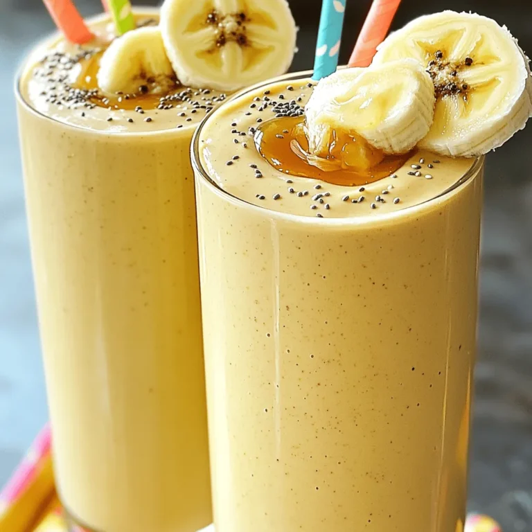 - 2 ripe bananas, frozen - 2 tablespoons creamy peanut butter - 1 cup almond milk (or milk of choice) - 1 tablespoon honey or maple syrup (optional) - 1 tablespoon chia seeds - ½ teaspoon vanilla extract - A pinch of cinnamon (optional) - Handful of ice cubes When making a Peanut Butter Banana Smoothie, start with ripe bananas. Frozen bananas give the smoothie a thick and creamy texture. You can use almond milk or any other milk you like, such as cow's milk or oat milk. Chia seeds add fiber and healthy fats. If you want sweetness, add honey or maple syrup. A dash of vanilla extract boosts flavor, while cinnamon adds warmth. Ice cubes make it chilled and refreshing. - Alternatives to bananas: You can use mango or avocado for creaminess. - Milk options: Any milk works well, like soy or coconut milk. - Sweetener alternatives: Agave syrup or stevia can replace honey or maple syrup. Feel free to mix and match ingredients to suit your tastes or dietary needs. - Caloric breakdown: This smoothie is about 350 calories per serving. - Health benefits of key ingredients: Bananas provide potassium, while peanut butter offers protein and healthy fats. Chia seeds add omega-3s and fiber. This smoothie is not just tasty; it also fuels your body with nutrition. You can find the Full Recipe to make this delicious drink. Enjoy your smoothie adventure! To make a peanut butter banana smoothie, start by preparing the bananas. - Preparing the bananas for blending: Peel two ripe bananas. If you froze them, let them sit for a minute. Break the bananas into smaller chunks. This helps them blend easier. - Measuring out the ingredients: Gather all your ingredients. You need 2 tablespoons of creamy peanut butter, 1 cup of almond milk, and 1 tablespoon of honey or maple syrup. Don’t forget the chia seeds, vanilla extract, and a pinch of cinnamon if you like. Now, it’s time to blend everything together. - Combining the ingredients in the blender: Place the banana chunks into your blender. Add the peanut butter, almond milk, and any sweeteners. Toss in your chia seeds and vanilla extract too. - Achieving the perfect texture: Blend on high speed until smooth and creamy. Stop the blender and scrape down the sides as needed. If you want it thicker, add a handful of ice cubes. Blend again until everything is well mixed. Pouring and garnishing your smoothie adds a nice touch. - Tips for pouring and garnishing: Once blended, pour the smoothie into tall glasses. For a fun look, garnish each glass with a banana slice on the rim. Sprinkle some chia seeds on top for extra flair. - Glassware options: Use clear glasses to show off the creamy blend. Colorful straws can make it even more fun to drink. Enjoy your tasty creation right away! To get the right thickness for your smoothie, start with frozen bananas. They make the drink creamy and cold. If you want it thicker, add ice cubes. If it’s too thick, pour in more almond milk. Adjust to your taste. You can also use fresh bananas, but your smoothie may not be as thick. Frozen bananas work best for that rich, creamy texture. Spices can make a big difference. A pinch of cinnamon adds warmth. Vanilla extract gives a sweet aroma. You can also mix in other fruits like strawberries or spinach. This adds color and nutrition. Each fruit brings its own taste. Experiment with what you like best! One common mistake is over-blending. Blend just enough to mix well. Too much blending can make your smoothie too thin. Another mistake is using the wrong ratio of ingredients. Stick to the recipe for the best results. If you change something, balance it out. This way, you keep the flavor and texture just right. {{image_2}} You can easily change the flavor of your smoothie. One great idea is to add cocoa powder. Just one tablespoon gives your drink a rich, chocolate taste. It pairs well with bananas and peanut butter. You can also try different nut butters. Almond butter or cashew butter gives a nice twist. Each choice changes the flavor while keeping it tasty. If you have dietary needs, this smoothie can fit right in. To make it vegan, skip the honey and use maple syrup instead. For gluten-free options, check your nut butter and milk. Most are already gluten-free. You can also boost the protein. Add a scoop of your favorite protein powder. It makes the smoothie filling and great for breakfast. Serving your smoothie can be fun! You can make a smoothie bowl instead of a drink. Pour it into a bowl and top it with fruits, nuts, or seeds. This makes it look pretty and adds texture. If you want a more filling breakfast, add oats or yogurt to the blend. This gives you energy and keeps you satisfied longer. Enjoy your creamy peanut butter banana bliss! To store leftover smoothie, pour it into a clean container. Use a glass jar or a BPA-free plastic bottle. Seal the container tightly to keep air out. This helps keep the flavors fresh. You can freeze smoothies for later use. Pour the smoothie into ice cube trays for easy portioning. Once frozen, pop the cubes into a freezer bag. To thaw, leave them in the fridge overnight or blend them again with a bit of milk. You can store your smoothie in the fridge for up to 24 hours. After that, it may lose some taste and texture. Signs of spoilage include a sour smell or a change in color. If it looks or smells off, it’s best to toss it. To make a Peanut Butter Banana Smoothie, follow these simple steps: 1. Peel 2 ripe bananas and break them into chunks. 2. Add the banana chunks to your blender. 3. Include 2 tablespoons of creamy peanut butter. 4. Pour in 1 cup of almond milk or your preferred milk. 5. If you want extra sweetness, add 1 tablespoon of honey or maple syrup. 6. Add 1 tablespoon of chia seeds for nutrition. 7. Include ½ teaspoon of vanilla extract and a pinch of cinnamon if you like. 8. Blend on high speed until smooth. 9. Add a handful of ice cubes for a thicker texture, then blend again. 10. Taste and adjust sweetness if needed. 11. Pour into glasses and enjoy! Check out the Full Recipe for more details. Yes, you can make this smoothie without a blender! Here are some ideas: - Use a fork to mash the bananas in a bowl. - Mix in the peanut butter, honey, and chia seeds by hand. - Stir in the almond milk and vanilla extract until smooth. - Add ice cubes into your mixture and crush them with a rolling pin. - This method takes longer but can work well in a pinch! You can boost the nutrition of your Peanut Butter Banana Smoothie with these popular add-ins: - Protein powder: This adds extra protein for muscle repair. - Spinach: A handful of fresh spinach adds vitamins without changing the taste. - Greek yogurt: This thickens the smoothie and adds probiotics. - Oats: Rolled oats provide fiber and keep you full longer. - Flaxseed: Ground flaxseed gives omega-3 fatty acids. Feel free to mix and match to find what you love! In this post, we explored how to make a delicious peanut butter banana smoothie. We covered the ingredients you need, how to prepare and blend them, and tips for perfect texture. I shared ingredient substitutes and discussed nutritional information to help you make smart choices. Remember, this smoothie is versatile and easy to personalize. Try different ingredients and flavors. Enjoy creating your own unique blend!