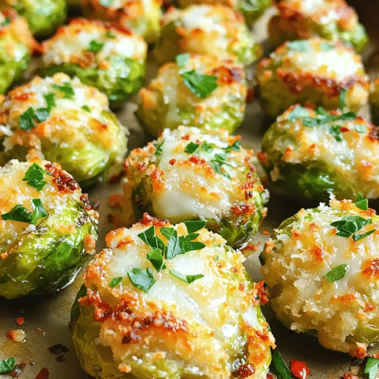 - 1 lb Brussels sprouts, trimmed and halved - 3 tablespoons olive oil - 1/2 cup grated Parmesan cheese - 2 cloves garlic, minced - 1 teaspoon lemon zest - 1/2 teaspoon red pepper flakes (optional) - Salt and pepper to taste - Fresh parsley, chopped (for garnish) Brussels sprouts shine in this dish. They are small, round, and packed with flavor. The olive oil brings a rich taste, while Parmesan adds a salty kick. Garlic gives a warm, savory note, and lemon zest brightens it all up. You can add red pepper flakes if you like heat. A serving has about 200 calories. You get healthy fats from the olive oil and protein from the cheese. Brussels sprouts are low in carbs and high in fiber. They also contain vitamins C and K, which help your body stay healthy. - Baking sheet - Parchment paper - Mixing bowl - Knife and cutting board These tools make cooking easy. The baking sheet helps with even roasting, and parchment paper prevents sticking. A mixing bowl is great for combining all the tasty ingredients, while a knife and cutting board are perfect for prepping the sprouts. Want to know more about cooking techniques? Check out [Full Recipe]. - Preheat the oven to 425°F (220°C). - Prepare Brussels sprouts: trim and halve. To start, preheating the oven helps create a nice, crisp texture. While the oven warms up, grab your Brussels sprouts. Trim off the tough ends and slice each one in half. This step ensures they roast evenly and absorb all the good flavors. - Combine Brussels sprouts with olive oil, garlic, lemon zest, red pepper flakes, salt, and pepper. In a large bowl, toss the halved Brussels sprouts with olive oil. Add minced garlic for a punch of flavor. Grate some lemon zest to lift the dish. If you want a bit of heat, sprinkle in red pepper flakes. Finally, season with salt and pepper to taste. Mix until every sprout is coated well. This blend adds depth and zest to the sprouts. - Spread Brussels sprouts on the baking sheet cut side down. - Roast for 20-25 minutes until golden brown. - Add Parmesan cheese and bake for an additional 5 minutes. Now, lay the Brussels sprouts on a baking sheet, cut side down. This position allows them to caramelize beautifully. Roast them for 20 to 25 minutes. You want them golden brown and crispy. After they reach that perfect color, sprinkle grated Parmesan cheese on top. Bake for another 5 minutes, until the cheese melts and bubbles. This gives a rich, savory finish to your dish. You can find the full recipe for these Parmesan roasted Brussels sprouts [here](#). To boost the taste of your Parmesan roasted Brussels sprouts, try adding balsamic vinegar. A splash before roasting adds a sweet tang. Smoked paprika also works wonders. It gives a warm, smoky flavor that elevates the dish. Additionally, herbs like thyme or rosemary enhance the taste. These herbs bring out the earthiness of the sprouts. For the best crispiness, coat the Brussels sprouts evenly with oil. This helps them roast nicely without burning. High heat is key, so don’t be shy. Roast them at 425°F (220°C) as mentioned in the full recipe. This temperature promotes caramelization, making the sprouts crispy on the outside while tender inside. These roasted Brussels sprouts pair well with grilled meats or fish. They make a great side for holiday dinners. Try them alongside turkey or ham for a festive touch. Their rich flavor and crispy texture stand out, making them a favorite at any table. {{image_2}} If you want a vegan twist, swap the olive oil and cheese with plant-based options. Use a good quality vegan cheese that melts well. For oil, avocado or coconut oil works great. These changes keep the dish tasty and cruelty-free. Love a kick? You can easily make it spicy! Just add more red pepper flakes or sprinkle in some cayenne pepper. This will give your Brussels sprouts a nice heat. Adjust the spice to match your taste. Want to try something different? Use other cheeses like feta or goat cheese. Feta adds a tangy flavor, while goat cheese brings creaminess. Both will change the dish's taste and make it unique. To keep your Parmesan roasted Brussels sprouts fresh, store them in an airtight container. It’s best to refrigerate them right after they cool down. They taste best when eaten within 3-4 days. When it's time to enjoy your leftovers, reheat them in the oven. This method helps keep them crispy. Avoid using the microwave, as it can make them soggy and lose that delightful crunch. You can freeze your Brussels sprouts before or after roasting. If you freeze them before, make sure to blanch them first. If you freeze them after roasting, let them cool completely. Place them in a freezer-safe bag or container. They will stay good for about 2-3 months. Yes, you can make these Brussels sprouts ahead of time. To prep, follow the recipe steps but stop before roasting them. Place the seasoned sprouts in an airtight container and store them in the fridge for up to 24 hours. When you’re ready to eat, just roast them as directed. This saves time and helps with meal prep. Parmesan Roasted Brussels sprouts pair well with many dishes. They complement grilled chicken, fish, or pork. You can also serve them with a hearty grain like quinoa or rice. The savory flavor of the cheese and roasted sprouts enhances these meals. For a fun twist, add them to pasta for added crunch and taste. Brussels sprouts are very healthy. They are low in calories and high in nutrients. A serving offers fiber, vitamins C and K, and antioxidants. These sprouts also support digestion and heart health. They fit well in many diets, making them a great choice for everyone. Enjoy them as part of a balanced meal for the best benefits. In this blog post, we explored how to make delicious Parmesan roasted Brussels sprouts. We covered the ingredients needed, the nutritional benefits, and the tools for cooking. I shared step-by-step instructions for preparation and roasting, along with tips for enhancing flavor and achieving crispiness. Finally, I highlighted storage options and answered common questions. Enjoying this dish can be simple and fun. With easy variations and tips, you can make it your own. Happy cooking!