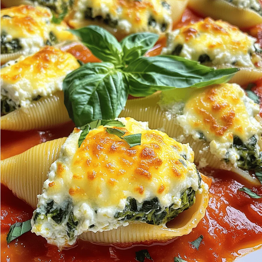 - 12 jumbo pasta shells - 1 cup ricotta cheese - 1 cup shredded mozzarella cheese, divided - 1 cup fresh spinach, chopped - 1/2 cup grated Parmesan cheese - 1 egg - 1/2 teaspoon garlic powder - 1/2 teaspoon onion powder - 1/2 teaspoon salt - 1/4 teaspoon black pepper - 2 cups marinara sauce - Fresh basil leaves for garnish These ingredients create a hearty and rich flavor. The jumbo shells hold all the goodness inside. Ricotta cheese adds creaminess, while mozzarella gives a nice stretch when melted. Fresh spinach boosts the dish with color and nutrients. Parmesan cheese brings a salty kick, making every bite savory. I love using fresh herbs like basil for garnish. They add a pop of color and fresh taste. The blend of spices, like garlic and onion powder, enhances the filling's flavor. Plus, marinara sauce ties everything together with its rich tomato taste. This dish is perfect for a family meal. It is simple but so satisfying. You can find the full recipe for Cheesy Spinach Stuffed Shells to enjoy this comforting meal. 1. Preheating the Oven Start by preheating your oven to 375°F (190°C). This step is key for even cooking. 2. Cooking the Pasta Shells Boil water in a large pot. Add the jumbo pasta shells. Cook until they are al dente, according to the package instructions. Drain the shells and lay them on a baking sheet to cool. This helps them keep their shape. 3. Making the Cheese and Spinach Filling In a mixing bowl, combine 1 cup of ricotta cheese, 1/2 cup of mozzarella cheese, chopped spinach, 1/2 cup of Parmesan cheese, 1 egg, 1/2 teaspoon of garlic powder, 1/2 teaspoon of onion powder, 1/2 teaspoon of salt, and 1/4 teaspoon of black pepper. Mix until everything is blended well. This filling is creamy and packed with flavor. 1. Stuffing the Pasta Shells Take each shell and fill it with the cheese and spinach mixture. Use a spoon or your fingers to pack it in nicely. 2. Layering with Marinara Sauce Pour 1 cup of marinara sauce into the bottom of a baking dish. Place the stuffed shells on top, with the open side facing up. This allows the sauce to soak in. 3. Baking Instructions Pour the rest of the marinara sauce over the shells. Make sure each shell is covered. Sprinkle the remaining mozzarella cheese on top. Cover the dish with aluminum foil. Bake for 25 minutes, then remove the foil. Bake for another 10-15 minutes until the cheese bubbles and turns golden. 1. Cooling and Garnishing Once done, take the dish out and let it cool for a few minutes. This helps the cheese set a bit. Before serving, add fresh basil leaves on top for a nice touch. For the full recipe, check out the complete details above. Enjoy your cheesy spinach stuffed shells! - Ensuring Al Dente Pasta: Cook the jumbo shells until they are firm but not hard. This keeps them from breaking when you stuff them. Follow the package time, but check a minute early. Drain and let them cool on a baking sheet. - Best Techniques for Stuffing: Use a spoon or your fingers to fill each shell. Pack the cheese and spinach mix generously, but don’t overstuff. This keeps them neat and makes baking easier. - Additional Cheese Options: You can try adding feta or goat cheese for a tangy twist. Mixing in some cream cheese makes the filling even creamier. - Herbs and Spices to Experiment With: Fresh herbs, like parsley or thyme, add a nice touch. A pinch of red pepper flakes gives some heat. Play around with spices to find your perfect blend. - Pairing with Sides: These stuffed shells go well with a simple salad. Garlic bread also makes a great side. The bread helps soak up the extra sauce. - Plating for Presentation: Place the shells on a plate and drizzle with marinara. Sprinkle fresh basil on top for a pop of color. This makes your meal look fancy and inviting. You can find the full recipe [here](#). {{image_2}} To make Cheesy Spinach Stuffed Shells a bit healthier, you can try two great options: - Using Whole Wheat Pasta: Whole wheat pasta gives you more fiber. It keeps you full longer and adds a nutty flavor. - Adding More Vegetables: You can mix in veggies like zucchini, bell peppers, or mushrooms. This boosts nutrients and adds great taste. You can personalize the stuffing to match your taste: - Different Cheese Combinations: Try adding goat cheese, feta, or even a spicy pepper jack. Each cheese brings a unique flavor. - Meat Inclusion Options: For a heartier meal, mix in cooked ground beef, turkey, or sausage. This adds protein and makes it more filling. If you want a vegan option, here are some simple swaps: - Substitute Ingredients for Vegan Diets: Use tofu or a dairy-free ricotta instead of regular cheese. For the egg, try a flaxseed meal or a chia seed mix. This keeps the creamy texture without any animal products. Feel free to explore these variations to create a version of Cheesy Spinach Stuffed Shells that you love! Check out the Full Recipe for detailed steps. Refrigeration Tips After enjoying your cheesy spinach stuffed shells, you may have some leftovers. To store them properly, place the shells in an airtight container. This keeps them fresh. Store them in the fridge for up to three days. When you are ready to eat, check for any signs of spoilage before reheating. Freezing Guidelines If you want to save them for longer, freezing is a great option. First, let the shells cool completely. Then, place them in a freezer-safe container or bag. You can freeze them for up to three months. Label the container with the date so you know when to use them. Best Methods to Reheat for Quality For the best taste, I recommend reheating in the oven. Preheat your oven to 350°F (175°C). Place the stuffed shells in a baking dish. Cover them with foil to keep moisture in. Heat for about 20 minutes or until hot. This method keeps the cheese melty and delicious. Using the Oven vs. Microwave While the microwave is quick, it can make the shells rubbery. If you must use it, place the shells in a microwave-safe dish. Add a splash of marinara sauce to keep them moist. Heat for 2-3 minutes, checking on them often. Remember, the oven gives better results. Enjoy your cheesy spinach stuffed shells again just like the first time! How long do Cheesy Spinach Stuffed Shells last in the fridge? Cheesy Spinach Stuffed Shells last about three to five days in the fridge. Store them in an airtight container to keep them fresh. Can I prepare the dish in advance? Yes, you can prepare these stuffed shells in advance. You can assemble them a day ahead and store them in the fridge. Just bake them when you’re ready to eat. What can I use instead of ricotta cheese? If you don’t have ricotta, try cottage cheese or cream cheese. Both options give a rich and creamy texture. Why are my stuffed shells falling apart? Stuffed shells may fall apart if they are overcooked. Make sure to cook them al dente. Also, be gentle when handling them. How do I fix dry stuffed shells? If your stuffed shells are dry, try adding more marinara sauce. Cover them well before baking. This helps keep them moist and tasty. Are Cheesy Spinach Stuffed Shells healthy? Cheesy Spinach Stuffed Shells can be a healthy meal. They offer protein from cheese and spinach for added nutrients. Calories and Macronutrients Breakdown One serving has about 400 calories. It contains roughly 20 grams of protein, 15 grams of fat, and 50 grams of carbs. For a complete meal, pair it with a fresh salad or some veggies. For the full recipe, check out the [Full Recipe]. Cheesy Spinach Stuffed Shells offer a tasty, comforting dish that's easy to make. You learned about essential ingredients, step-by-step instructions, and useful tips. We also explored variations and storage options for your leftovers. In the end, these stuffed shells are fun to prepare and share. So, whether you enjoy a classic recipe or try a twist, enjoy every bite of cheesy goodness. Happy cooking!