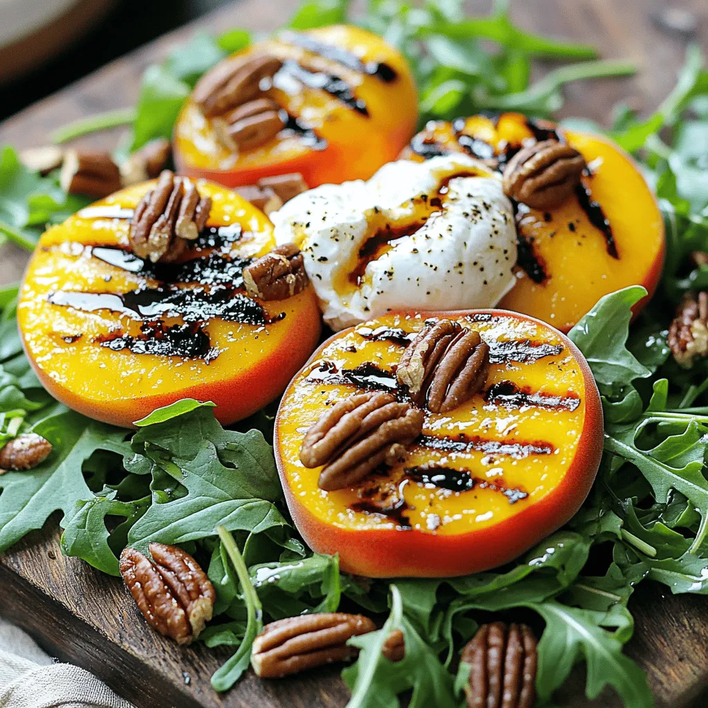 - 2 ripe peaches - 8 ounces burrata cheese - 4 cups arugula (or mixed greens) - 1/4 cup toasted pecans - 1/4 cup balsamic glaze - 2 tablespoons olive oil - Salt and pepper to taste - Fresh basil leaves for garnish To create a tasty Grilled Peach Burrata Salad, we start with fresh, ripe peaches. You want them sweet and juicy for the best flavor. Burrata cheese adds a creamy touch that pairs well with the fruit. Arugula or mixed greens serve as a fresh base and add a peppery crunch. Next, we have toasted pecans. They offer a nice crunch and nutty flavor. The balsamic glaze brings sweetness and tang, while olive oil enhances the overall taste. For seasoning, add salt and pepper to balance the flavors. Lastly, fresh basil leaves not only look good but also brighten the dish. You can find the full recipe to guide you through every step of making this delightful salad! - Preheat the grill to medium-high heat. - Brush the cut side of the peach halves with olive oil. - Sprinkle a pinch of salt over the peaches. Start by getting your grill ready. Medium-high heat is perfect for grilling peaches. It helps them get that nice char and soft texture. I love brushing the peaches with olive oil. It adds flavor and helps them grill evenly. A pinch of salt really brings out the peach's sweetness. - Place peaches cut-side down on the grill. - Grill until softened and charred. Now, place the peaches cut-side down on the grill. Let them cook for about three to four minutes. You will see lovely grill marks, and they will soften a bit. After that, flip them and grill for another one to two minutes. This will give them a nice smoky flavor. - Layer arugula on a serving platter. - Add burrata cheese and grilled peach wedges. - Top with pecans and drizzle with balsamic glaze. For the salad, layer arugula evenly on a large platter. Then, tear the burrata cheese into pieces and scatter it among the arugula. Next, slice the grilled peaches into wedges and arrange them on top. Finally, scatter toasted pecans over everything. A drizzle of balsamic glaze will add a sweet and tangy finish. You can find the Full Recipe for more details. Enjoy the fresh flavors of this salad with each bite! Grilling peaches requires the right temperature. Set your grill to medium-high heat. This temperature allows peaches to cook evenly and achieve that perfect char. To tell when peaches are done, look for grill marks. They should be soft but not mushy. A good rule is to grill them for 3-4 minutes cut-side down. Then flip and grill for 1-2 more minutes. Pair your salad with a crisp white wine. A Sauvignon Blanc complements the peaches and burrata well. You can also serve it alongside grilled chicken for a heartier meal. For serving style, consider a rustic wooden board. This allows the vibrant colors of the salad to shine. A platter works well too, but a board adds a fun, casual touch. Boost the flavor with fresh herbs. Basil and mint work great with this salad. You can also sprinkle in some thyme for an earthy touch. For dressings, try a honey vinaigrette or a citrus-infused olive oil. These options add a bright twist to the dish. They pair nicely with the sweet and savory notes of the salad. For the full recipe, check out the earlier section. Enjoy your delicious Grilled Peach Burrata Salad! {{image_2}} You can play with this salad by swapping out the greens. Instead of arugula, try spinach or kale. Each green brings its own taste and texture. For the nuts, consider walnuts or almonds. They add a different crunch and flavor. You can also use feta or goat cheese instead of burrata. This gives a tangy twist to the salad. If you want a vegan version, use cashew cheese or a tofu-based substitute for burrata. These options still offer creaminess but fit a plant-based diet. For gluten-free needs, this salad is naturally gluten-free. Just be cautious with any added dressings or toppings. Always check labels to ensure they meet gluten-free standards. You can switch the peaches for other fruits during different seasons. In summer, try plums or nectarines. In fall, apples or pears work well. Each fruit adds a unique flavor to the dish. Adapting this recipe for winter? Use roasted or grilled citrus like oranges or grapefruits. They add brightness and balance to the salad, making it enjoyable year-round. For the full recipe, check the section above. Enjoy this fresh delight no matter the season! Store any leftover salad in an airtight container. Keep the salad components separate for best flavor. Place the grilled peaches in a separate container. This helps keep them fresh and prevents sogginess. You can refrigerate the salad for up to two days. However, the grilled peaches taste best when fresh. You can freeze grilled peaches, but they may lose some texture. To freeze, slice the peaches and place them in a single layer on a baking sheet. Freeze until solid, then transfer to a freezer bag. Use within three months for the best flavor. You can freeze the pecans, too. Store them in an airtight bag to prevent freezer burn. To revive the salad, gently warm the grilled peaches in a skillet over low heat. Avoid using high heat, as this can make them mushy. You can also microwave them for a few seconds, but watch closely. The salad will taste best when served fresh. If you must reheat, do it carefully to maintain flavor and texture. For the best flavor, use fresh burrata. Look for burrata that feels soft and creamy. The outer layer should be firm, while the inside should be rich and runny. This balance gives a great taste and texture. If you can, buy burrata from a local cheese shop. They often have higher quality options. Yes, you can prep some parts ahead. Slice the peaches and store them in the fridge. Keep the burrata and greens separate. This way, the salad stays fresh and tasty. Add the dressing just before serving to keep everything crisp. Check for a firm yet slightly soft feel when you press them. Ripe peaches should have a sweet scent and a golden color. If they are hard, give them a few days at room temperature. You want them ripe for the best grilling and flavor. This blog post covered the delicious grilled peach and burrata salad. We looked at essential and additional ingredients, and I shared simple steps to create the dish. I also offered tips for grilling and how to enhance flavors. Incorporating variations lets you tailor this salad to your taste. Remember to store any leftovers properly for later enjoyment. Try making this dish for your next gathering. It’s sure to impress!
