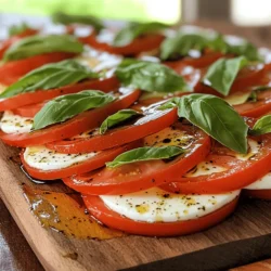 For a great Caprese salad, you need fresh ingredients. Here’s what you need: - 2 large ripe tomatoes, sliced - 1 ball of fresh mozzarella cheese, sliced - 1 cup fresh basil leaves - 2 tablespoons balsamic glaze - 1 tablespoon extra-virgin olive oil - Salt and freshly ground black pepper to taste Using ripe tomatoes is key. They should feel firm but not hard. Fresh mozzarella should be soft and slightly springy. Look for vibrant green basil leaves for the best flavor. You can add more flavors to your salad. Here are some tasty options: - Sliced avocado for creaminess - A sprinkle of red pepper flakes for spice - Pine nuts for crunch - A drizzle of lemon juice for brightness Feel free to experiment! These add-ins can change the salad's taste and texture. Keep your prep simple with the right tools. You will need: - A sharp knife for slicing - A cutting board for a clean workspace - A large platter for serving - Measuring spoons for accurate ingredient amounts Having these tools ready will make your cooking quick and easy. To make a great Easy Caprese Salad, start with fresh ingredients. First, wash the tomatoes and basil leaves well. Take two large, ripe tomatoes and slice them about 1/4 inch thick. Then, grab one ball of fresh mozzarella cheese and slice it into even pieces too. This step sets the stage for a tasty dish. Layering the salad is key to its charm. On a large serving platter, alternate the tomato and mozzarella slices. Overlap them slightly for a nice look. Then, tuck fresh basil leaves between the tomato and mozzarella layers. This adds color and freshness. The goal is to create a feast for the eyes and the taste buds. Once your salad is layered, it’s time for the final touches. Drizzle two tablespoons of balsamic glaze over the salad. Follow that with one tablespoon of extra-virgin olive oil. This adds a rich flavor that makes the salad pop. Next, season with salt and freshly ground black pepper to taste. These small details enhance the overall taste and make your Easy Caprese Salad shine. Let it sit for a few minutes to meld the flavors. For the full recipe, check out the instructions above. When picking tomatoes, look for ripe ones. They should feel firm but not hard. The color should be bright and rich. Heirloom tomatoes work well for their flavor. For mozzarella, choose fresh, soft balls. Look for those packed in water. They should smell milky and clean. This combination brings great taste to your salad. Caprese salad shines at many events. For a picnic, serve it on a platter. You can also make individual cups for easy eating. At dinner parties, pair it with grilled meats. For a light lunch, serve it with crusty bread. It fits well with wine, too. This salad adds a fresh touch to any meal. To keep your salad fresh, serve it right away. Make it just before eating. If you need to prep in advance, keep parts separate. Store mozzarella and tomatoes in the fridge. Add basil and dressing just before serving. This way, flavors stay bright and vibrant. Enjoy every bite of your Easy Caprese Salad! {{image_2}} You can change the flavors in your Caprese salad. Try using heirloom tomatoes for a sweet taste. You can also swap mozzarella for burrata. Burrata adds a creamy texture that makes the salad even richer. For a spicy kick, add sliced jalapeños or red pepper flakes. You might even try adding avocado for creaminess or olives for a briny bite. While balsamic glaze is classic, you can mix it up. Try a lemon vinaigrette for a zesty touch. Just mix olive oil, lemon juice, salt, and pepper. For a sweet option, use a honey mustard dressing. This gives your salad a nice balance of sweet and tangy. You can also use pesto instead of olive oil for a fresh basil flavor. Making Caprese salad on a stick is fun and easy. Just use toothpicks or small skewers. Alternate cherry tomatoes, mozzarella balls, and basil leaves on the stick. Drizzle with your favorite dressing right before serving. This makes a great appetizer for parties or picnics. You can easily grab and enjoy each bite. Check out the Full Recipe for more ideas! To store leftover Caprese salad, cover it tightly. Use plastic wrap or a lid. This keeps air out and helps maintain freshness. If you can, store the salad without the dressing. This way, the salad stays crisp. You can add the balsamic glaze and olive oil just before eating. This keeps the flavors bright and fresh. To keep your tomatoes fresh, store them at room temperature. Do not put them in the fridge. Cold air can change their texture. Store fresh mozzarella in water if you have it. If not, wrap it well in plastic. Keep fresh basil in a jar with water, like flowers. This helps it stay green and fragrant. Reheating Caprese salad isn't ideal, but you can revive it. Take the salad out and let it sit at room temperature for about 10 minutes. This helps the flavors come back. If the salad seems wilted, add fresh basil and a drizzle of olive oil. This gives it a new life. Remember, fresh ingredients make all the difference! For the full recipe, check out the Easy Caprese Salad section. An authentic Caprese salad uses fresh, high-quality ingredients. You need ripe tomatoes, fresh mozzarella, and basil. The colors of red, white, and green represent the Italian flag. Simplicity is key; the salad should shine with these basic flavors. Freshness matters. Always choose seasonal tomatoes and high-quality mozzarella for the best taste. Yes, you can use different cheeses if you like. Burrata adds a creamy touch. Feta brings a tangy flavor. Goat cheese can also work well. However, using fresh mozzarella stays true to the classic style. Feel free to experiment based on your taste preferences! You can store Easy Caprese Salad for up to two days. Keep it in an airtight container in the fridge. The tomatoes may release water, making the salad less crisp. It's best to eat it fresh for the best taste and texture. No, balsamic glaze is not necessary, but it adds a nice sweetness. You can skip it if you prefer. Extra-virgin olive oil alone can enhance the flavors. If you want a tangy flavor, try a splash of lemon juice instead. The choice is yours! This blog post guides you through making an Easy Caprese Salad. We explored fresh ingredients, tools for preparation, and tips for selecting the best produce. You learned how to layer for visual appeal and add unique twists. We covered storage practices and answered common questions to enhance your salad game. Enjoy making this simple dish that shines with fresh flavors. With these tips, you’ll impress your friends and family every time. Happy salad-making!