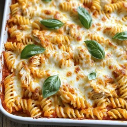 To make a savory Chicken Parmesan Casserole, gather these key ingredients: - 2 cups cooked rotini pasta - 3 boneless, skinless chicken breasts, cooked and shredded - 2 cups marinara sauce - 1 cup ricotta cheese - 1 cup shredded mozzarella cheese - 1/2 cup grated Parmesan cheese - 1 tablespoon Italian seasoning - 1 teaspoon garlic powder - Salt and pepper to taste - Fresh basil leaves for garnish These simple ingredients blend together to create a warm, cheesy dish. Each layer adds flavor and texture, making this casserole a family favorite. You can customize your Chicken Parmesan Casserole with these options: - Use whole wheat pasta for added fiber. - Swap out the chicken for cooked ground turkey or beef. - Add sautéed vegetables like spinach, bell peppers, or mushrooms for extra nutrition. - Substitute low-fat cheese options to cut calories. Feel free to mix and match ingredients based on what you have on hand. This flexibility makes the dish even more enjoyable. Each serving of Chicken Parmesan Casserole provides: - Calories: Approximately 400 - Protein: 30 grams - Carbohydrates: 36 grams - Fat: 15 grams This meal is a good source of protein and carbohydrates. It fuels your body while being delicious. The balance of flavors ensures that you not only eat well but also enjoy every bite. For the complete recipe, refer to the Full Recipe section. First, grab a 9x13-inch baking dish. Make sure to grease it well with cooking spray or olive oil. This will help your casserole not stick. You want a nice, easy way to serve it later. Preheating your oven to 350°F (175°C) is next. This ensures your chicken Parmesan casserole cooks evenly and comes out perfectly. Now, let’s mix our ingredients. In a large bowl, add the cooked rotini pasta. Toss in the shredded chicken, marinara sauce, and ricotta cheese. Sprinkle in the Italian seasoning and garlic powder. Don’t forget to add salt and pepper to taste. Use a spatula to mix everything together until well combined. You want each bite to be full of flavor. Once your mix is ready, it’s time to layer. Spread half of the pasta mix evenly in your greased baking dish. Now, sprinkle half of the mozzarella cheese and half of the Parmesan cheese on top. Repeat this with the rest of your pasta mix. Finally, add the last of the mozzarella and Parmesan on top. Cover the dish with aluminum foil and bake for 25 minutes. After 25 minutes, take off the foil. Bake for another 15 minutes. You want the cheese to be bubbly and golden. When done, let it sit for about 5 minutes. This helps with cutting and serving. Garnish with fresh basil leaves for that extra touch before you dig in. You’ll be amazed at how easy this full recipe is to make! For a great Chicken Parmesan Casserole, you need the right cheese. I recommend using a mix for the best taste. Mozzarella melts well and gives a creamy texture. It also adds stretch, which everyone loves. Parmesan brings a sharp flavor that balances the meal. Ricotta adds a rich creaminess, making the whole dish feel special. You can also try provolone for a different twist. Mix these cheeses for a blend that excites your taste buds. To keep your chicken moist, cook it gently. Boiling or baking it with a bit of broth works well. After cooking, shred the chicken while it's warm. This helps it stay juicy. When mixing, don’t skimp on the marinara sauce. It adds flavor and keeps everything creamy. Mixing in ricotta cheese also helps the dish stay moist. Always taste and adjust salt and pepper to your liking. This dish should burst with flavor in every bite. This casserole shines on its own, but sides can elevate your meal. A fresh salad with crisp greens pairs nicely. You could also serve garlic bread for a fun touch. Roasted vegetables add color and nutrients. They make the meal feel complete. For a light option, consider steamed broccoli or green beans. These sides balance the richness of the casserole well. Enjoy making this meal a family favorite! {{image_2}} You can make a delicious meatless version of Chicken Parmesan Casserole. Instead of chicken, use cooked lentils or chickpeas. These ingredients give you protein and a nice texture. You can also use eggplant slices or zucchini for a more hearty feel. Just layer them like you would with chicken. The rest of the recipe stays the same. You still use the tasty marinara sauce and creamy cheeses. This version is perfect for anyone who enjoys plant-based meals. If you need a gluten-free meal, you can easily swap regular pasta for gluten-free pasta. Many brands offer rotini or penne shapes that work great. Just cook them according to the package instructions. The rest of the recipe remains unchanged. Your casserole will still taste amazing. You will enjoy the cheesy, savory flavors without any gluten. This option is great for friends and family with dietary needs. Want to add more flavor? Mix in some veggies! Spinach, bell peppers, or mushrooms work well. Chop them up and add them to your pasta mixture. You can also try different spices. A pinch of red pepper flakes adds heat. Fresh herbs like oregano or thyme bring a bright taste. Adding these ingredients makes your casserole even better. It’s a great way to sneak in extra nutrition and flavor for your family. For the full recipe, check the earlier section to see how these variations fit into the cooking steps. To keep your casserole fresh, let it cool first. Then, cover it tightly with plastic wrap or aluminum foil. You can also use an airtight container. Store it in the fridge. It stays good for about three to four days. If you want to keep it longer, freezing is a great option. When you reheat your casserole, do it slowly. Preheat your oven to 350°F (175°C). Place the casserole in an oven-safe dish and cover it with foil. This helps keep the moisture in. Heat it for about 20 to 30 minutes. Check if it's hot all the way through before serving. To freeze your casserole, make sure it’s cool first. Wrap it well in plastic wrap and then in foil. You can also place it in a freezer-safe container. It can last for up to three months in the freezer. When you're ready to eat, let it thaw in the fridge overnight. Then, reheat it as mentioned above. Enjoy your Chicken Parmesan Casserole later with ease! Yes, you can make Chicken Parmesan Casserole in advance. Prepare the dish up to the baking step. Cover it well and store it in the fridge. This way, you save time on busy days. When ready to bake, just uncover and bake it as usual. If you freeze it, let it thaw in the fridge overnight before baking. To reheat Chicken Parmesan Casserole, preheat your oven to 350°F (175°C). Place the casserole in an oven-safe dish. Cover it with foil to keep it moist. Heat for about 20-25 minutes or until warm throughout. You can also use a microwave for faster reheating, but the oven gives a better texture. Yes, you can substitute ricotta cheese. Cream cheese works well for a smooth texture. Cottage cheese is another option, but it has a different flavor. You can also use a mix of sour cream and cream cheese for a tangy twist. Just ensure it blends well with the other ingredients in the dish. For the full recipe, check the details above. In this article, we explored how to make a delicious Chicken Parmesan Casserole. We covered the key ingredients, cooking tips, and variations. You learned about optional ingredients, nutrition facts, and how to store leftovers. The different ways to enjoy this dish make it a great meal for everyone. I hope these tips help you create a tasty casserole. Enjoy making and sharing it with family and friends!