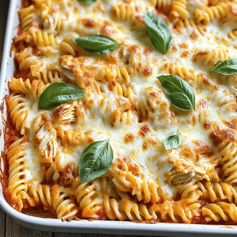 To make a savory Chicken Parmesan Casserole, gather these key ingredients: - 2 cups cooked rotini pasta - 3 boneless, skinless chicken breasts, cooked and shredded - 2 cups marinara sauce - 1 cup ricotta cheese - 1 cup shredded mozzarella cheese - 1/2 cup grated Parmesan cheese - 1 tablespoon Italian seasoning - 1 teaspoon garlic powder - Salt and pepper to taste - Fresh basil leaves for garnish These simple ingredients blend together to create a warm, cheesy dish. Each layer adds flavor and texture, making this casserole a family favorite. You can customize your Chicken Parmesan Casserole with these options: - Use whole wheat pasta for added fiber. - Swap out the chicken for cooked ground turkey or beef. - Add sautéed vegetables like spinach, bell peppers, or mushrooms for extra nutrition. - Substitute low-fat cheese options to cut calories. Feel free to mix and match ingredients based on what you have on hand. This flexibility makes the dish even more enjoyable. Each serving of Chicken Parmesan Casserole provides: - Calories: Approximately 400 - Protein: 30 grams - Carbohydrates: 36 grams - Fat: 15 grams This meal is a good source of protein and carbohydrates. It fuels your body while being delicious. The balance of flavors ensures that you not only eat well but also enjoy every bite. For the complete recipe, refer to the Full Recipe section. First, grab a 9x13-inch baking dish. Make sure to grease it well with cooking spray or olive oil. This will help your casserole not stick. You want a nice, easy way to serve it later. Preheating your oven to 350°F (175°C) is next. This ensures your chicken Parmesan casserole cooks evenly and comes out perfectly. Now, let’s mix our ingredients. In a large bowl, add the cooked rotini pasta. Toss in the shredded chicken, marinara sauce, and ricotta cheese. Sprinkle in the Italian seasoning and garlic powder. Don’t forget to add salt and pepper to taste. Use a spatula to mix everything together until well combined. You want each bite to be full of flavor. Once your mix is ready, it’s time to layer. Spread half of the pasta mix evenly in your greased baking dish. Now, sprinkle half of the mozzarella cheese and half of the Parmesan cheese on top. Repeat this with the rest of your pasta mix. Finally, add the last of the mozzarella and Parmesan on top. Cover the dish with aluminum foil and bake for 25 minutes. After 25 minutes, take off the foil. Bake for another 15 minutes. You want the cheese to be bubbly and golden. When done, let it sit for about 5 minutes. This helps with cutting and serving. Garnish with fresh basil leaves for that extra touch before you dig in. You’ll be amazed at how easy this full recipe is to make! For a great Chicken Parmesan Casserole, you need the right cheese. I recommend using a mix for the best taste. Mozzarella melts well and gives a creamy texture. It also adds stretch, which everyone loves. Parmesan brings a sharp flavor that balances the meal. Ricotta adds a rich creaminess, making the whole dish feel special. You can also try provolone for a different twist. Mix these cheeses for a blend that excites your taste buds. To keep your chicken moist, cook it gently. Boiling or baking it with a bit of broth works well. After cooking, shred the chicken while it's warm. This helps it stay juicy. When mixing, don’t skimp on the marinara sauce. It adds flavor and keeps everything creamy. Mixing in ricotta cheese also helps the dish stay moist. Always taste and adjust salt and pepper to your liking. This dish should burst with flavor in every bite. This casserole shines on its own, but sides can elevate your meal. A fresh salad with crisp greens pairs nicely. You could also serve garlic bread for a fun touch. Roasted vegetables add color and nutrients. They make the meal feel complete. For a light option, consider steamed broccoli or green beans. These sides balance the richness of the casserole well. Enjoy making this meal a family favorite! {{image_2}} You can make a delicious meatless version of Chicken Parmesan Casserole. Instead of chicken, use cooked lentils or chickpeas. These ingredients give you protein and a nice texture. You can also use eggplant slices or zucchini for a more hearty feel. Just layer them like you would with chicken. The rest of the recipe stays the same. You still use the tasty marinara sauce and creamy cheeses. This version is perfect for anyone who enjoys plant-based meals. If you need a gluten-free meal, you can easily swap regular pasta for gluten-free pasta. Many brands offer rotini or penne shapes that work great. Just cook them according to the package instructions. The rest of the recipe remains unchanged. Your casserole will still taste amazing. You will enjoy the cheesy, savory flavors without any gluten. This option is great for friends and family with dietary needs. Want to add more flavor? Mix in some veggies! Spinach, bell peppers, or mushrooms work well. Chop them up and add them to your pasta mixture. You can also try different spices. A pinch of red pepper flakes adds heat. Fresh herbs like oregano or thyme bring a bright taste. Adding these ingredients makes your casserole even better. It’s a great way to sneak in extra nutrition and flavor for your family. For the full recipe, check the earlier section to see how these variations fit into the cooking steps. To keep your casserole fresh, let it cool first. Then, cover it tightly with plastic wrap or aluminum foil. You can also use an airtight container. Store it in the fridge. It stays good for about three to four days. If you want to keep it longer, freezing is a great option. When you reheat your casserole, do it slowly. Preheat your oven to 350°F (175°C). Place the casserole in an oven-safe dish and cover it with foil. This helps keep the moisture in. Heat it for about 20 to 30 minutes. Check if it's hot all the way through before serving. To freeze your casserole, make sure it’s cool first. Wrap it well in plastic wrap and then in foil. You can also place it in a freezer-safe container. It can last for up to three months in the freezer. When you're ready to eat, let it thaw in the fridge overnight. Then, reheat it as mentioned above. Enjoy your Chicken Parmesan Casserole later with ease! Yes, you can make Chicken Parmesan Casserole in advance. Prepare the dish up to the baking step. Cover it well and store it in the fridge. This way, you save time on busy days. When ready to bake, just uncover and bake it as usual. If you freeze it, let it thaw in the fridge overnight before baking. To reheat Chicken Parmesan Casserole, preheat your oven to 350°F (175°C). Place the casserole in an oven-safe dish. Cover it with foil to keep it moist. Heat for about 20-25 minutes or until warm throughout. You can also use a microwave for faster reheating, but the oven gives a better texture. Yes, you can substitute ricotta cheese. Cream cheese works well for a smooth texture. Cottage cheese is another option, but it has a different flavor. You can also use a mix of sour cream and cream cheese for a tangy twist. Just ensure it blends well with the other ingredients in the dish. For the full recipe, check the details above. In this article, we explored how to make a delicious Chicken Parmesan Casserole. We covered the key ingredients, cooking tips, and variations. You learned about optional ingredients, nutrition facts, and how to store leftovers. The different ways to enjoy this dish make it a great meal for everyone. I hope these tips help you create a tasty casserole. Enjoy making and sharing it with family and friends!