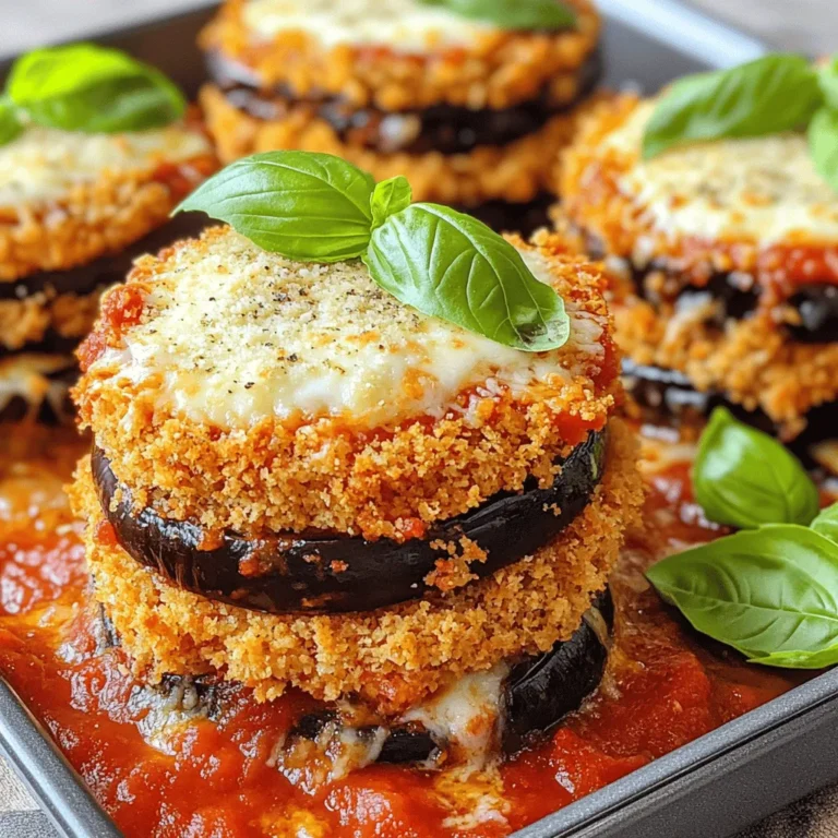 - 2 large eggplants, sliced into 1/2-inch rounds - 1 cup all-purpose flour - 3 large eggs, beaten - 2 cups breadcrumbs (preferably Italian seasoned) - 3 cups marinara sauce (store-bought or homemade) - 2 cups fresh mozzarella, sliced - 1 cup grated Parmesan cheese - 1 tsp dried oregano - 1 tsp garlic powder - Fresh basil leaves for garnish - Salt and pepper to taste - Olive oil for frying Each ingredient plays a key role in the flavor and texture of the dish. The eggplants provide a soft base and absorb all the delicious sauces. Flour, eggs, and breadcrumbs create a crispy coating that contrasts with the soft eggplant. Marinara sauce adds a tangy layer, while mozzarella and Parmesan offer creamy richness. Dried herbs like oregano and garlic powder enhance the overall taste. For those who want to customize, consider adding layers of sautéed spinach or roasted red peppers. You can swap mozzarella for provolone or use vegan cheese for a plant-based option. Each serving contains around 400-500 calories. This dish is rich in protein and calcium from the cheese. Eggplants are high in fiber, helping digestion. If you are watching your sodium intake, consider reducing the amount of salt in the recipe. You can also use low-sodium marinara sauce to keep it healthier. To make this recipe, you will need the following tools: - A large cutting board for slicing eggplants - Three bowls for the breading station (flour, eggs, breadcrumbs) - A large skillet for frying the eggplant - A baking dish for layering the stacks - A spatula for flipping the eggplant Using a non-stick skillet can help reduce the amount of oil needed. A good-quality baking dish ensures even cooking in the oven. For the full recipe, check the linked instructions. To make Eggplant Parmesan Stacks, start by breading the eggplant slices. First, set up your breading station. Use three bowls: one for flour, one for beaten eggs, and one for breadcrumbs. Mix the breadcrumbs with garlic powder, oregano, salt, and pepper. Next, take each eggplant slice and dip it in the flour. Shake off any extra flour. Then, dip it into the beaten eggs. Finally, coat it well with the breadcrumb mix. This step gives the eggplant a crispy and tasty crust. Now, let’s preheat the oven. Set it to 375°F (190°C) so it is hot and ready when you bake the stacks. Preheating ensures even cooking and helps melt the cheese perfectly. Now it's time to fry the eggplant. In a large skillet, heat about 1/4 inch of olive oil on medium heat. When the oil is hot, add the breaded eggplant slices in batches. Fry them until they are golden brown and crispy. This usually takes about 3-4 minutes on each side. Once fried, drain the eggplant slices on a paper towel. This helps remove any extra oil and keeps them crispy. For layering, grab your baking dish. Start with a layer of marinara sauce at the bottom. Place a layer of fried eggplant slices on top. Then, add more marinara sauce, fresh mozzarella slices, and a sprinkle of Parmesan cheese. Repeat these layers until you use all the ingredients, finishing with marinara, mozzarella, and Parmesan on top. Now it’s time to bake your creation. Place the dish in the preheated oven. Bake it for about 25-30 minutes. Watch closely to see when the cheese gets bubbly and golden. To know when the dish is done, look for bubbling sauce and melted cheese on top. The edges may also start to brown a bit. This means your Eggplant Parmesan Stacks are ready to enjoy! For the full recipe, check out the details above. To make great Eggplant Parmesan Stacks, start by reducing bitterness. One way is to salt the eggplant. Slice it, then sprinkle salt on both sides. Let it sit for about 30 minutes. This draws out moisture and bitterness. Afterward, rinse the slices and pat them dry with a towel. For a crispy texture, the breading method matters. Set up a breading station with flour, beaten eggs, and breadcrumbs. Dip each slice in flour, then eggs, and finally breadcrumbs. Make sure to coat them well. Fry the slices in hot oil until golden brown. This gives a nice crunch. Common errors can happen, especially when preparing the eggplant. One mistake is not salting the eggplant. This can lead to a bitter taste. Another error is overcrowding the pan while frying. This traps steam and makes the eggplant soggy. Fry in batches instead. If your eggplant turns soggy, don’t worry. Place it on a wire rack to cool. This helps it lose moisture. If it’s baked and still soggy, you may need to bake it a bit longer. Keep an eye on the cheese, too. You want it bubbly and golden. Eggplant Parmesan Stacks go well with simple sides. A fresh salad with greens and tomatoes pairs nicely. Garlic bread can also enhance the meal. For presentation, stack the eggplant high on a plate. Drizzle some marinara sauce on top. Add fresh basil leaves for color. This makes your dish look appealing and showcases the layers. For the full recipe, check out the link above. {{image_2}} You can add more veggies to your eggplant stacks. Try layers of zucchini, bell peppers, or spinach. These veggies add color and flavor. They also boost the nutrition. For a vegan version, swap the eggs for a mix of ground flaxseed and water. Use a vegan cheese like cashew or almond cheese. This keeps the dish tasty while making it plant-based. Spice things up by adding crushed red pepper flakes for heat. You can also try fresh herbs like thyme or parsley. They brighten up the dish and add fresh notes. If you want to change the cheese, consider goat cheese or feta. They offer a tangy flavor. Or, mix in some smoked mozzarella for a unique twist. Get creative with how you serve your eggplant stacks. You can make them smaller for appetizers. Serve them on a platter with toothpicks for easy eating. For a main dish, pair them with a side salad or garlic bread. You can also serve with a drizzle of balsamic glaze or a side of pesto. These sauces complement the flavors and make the dish even better. Check out the Full Recipe for more details. To keep your Eggplant Parmesan Stacks fresh, store them properly. Use airtight containers to prevent moisture loss. Separate layers with parchment paper to avoid sticking. For the fridge, store within two hours of cooking. This helps keep flavors and texture intact. If you need to store leftovers for longer, place them in the freezer. Use freezer-safe containers or heavy-duty plastic bags. When reheating, you want to keep the taste and texture. The best way is to use an oven. Preheat it to 350°F (175°C). Place the stacks on a baking sheet and cover with foil. This keeps them from drying out. Heat for about 20 minutes or until warm. If you’re in a hurry, a microwave works too. Just be careful, as it may make the eggplant soggy. In the fridge, Eggplant Parmesan Stacks last about 3 to 4 days. If you freeze them, they can last up to 3 months. Check for signs of spoilage before eating. If you see mold, or if it smells off, it's time to toss it. Always trust your senses when it comes to food safety. Enjoy your delicious Eggplant Parmesan Stacks with confidence! For the full recipe, see the earlier sections. You can make this dish gluten-free by swapping the flour and breadcrumbs. Use almond flour or a gluten-free flour blend in place of all-purpose flour. For breadcrumbs, try gluten-free panko or ground nuts. These options will keep your stacks crispy and delicious while being safe for gluten-free diets. Yes, you can prepare these stacks ahead of time. Bread and fry the eggplant slices. Layer them in your baking dish with sauce and cheese. Cover and store in the fridge for up to a day. When you’re ready, just bake as directed. This saves time and makes serving easy. Eggplant Parmesan Stacks pair well with a crisp green salad or garlic bread. A simple arugula salad with lemon vinaigrette adds freshness. Pair it with a light red wine like Chianti for a perfect match. The flavors balance nicely and make the meal even more enjoyable. You can swap fresh mozzarella with provolone or fontina cheese for a different taste. If you prefer less cheese, use less mozzarella or omit it entirely. For a vegan version, substitute with cashew cheese or a store-bought vegan cheese. These options cater to different diets while keeping the dish tasty. You’ve explored the ingredients, preparation, cooking, and storage of Eggplant Parmesan Stacks. You learned about customizing this dish, avoiding common mistakes, and serving ideas. Remember, creating this meal is fun and rewarding. With the right tips and techniques, you can enjoy a delicious and healthy dish. Don't hesitate to experiment with flavors and variations. Each layer adds a new dimension. Enjoy your Eggplant Parmesan Stacks, and share them with friends and family for a memorable meal.
