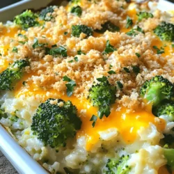 - 2 cups cooked white rice - 2 cups fresh broccoli florets (or frozen, thawed) - 2 cups shredded cheddar cheese - 1 cup cream of mushroom soup (or homemade equivalent) - 1/2 cup milk - 1 small onion, finely chopped - 1 teaspoon garlic powder - 1/2 teaspoon black pepper - 1/4 teaspoon salt - 1/2 cup breadcrumbs - 2 tablespoons butter, melted Gathering the right ingredients is key to making a great Cheesy Broccoli Rice Casserole. Each item plays an important role in flavor and texture. Cooked white rice serves as the base. It gives the dish a hearty feel. Fresh broccoli florets bring color and nutrients. You can use frozen broccoli if you need a quick option. Shredded cheddar cheese is the star here, adding that rich, cheesy goodness we all love. Cream of mushroom soup adds creaminess and flavor depth. Milk helps to blend everything smoothly. The finely chopped onion gives a nice bite, while garlic powder, black pepper, and salt round out the taste. For the topping, use breadcrumbs mixed with melted butter. This adds a crunchy layer that contrasts nicely with the soft casserole. This dish serves six, making it perfect for family meals. The prep is quick, taking just 15 minutes. After cooking for 30 minutes, you’ll have a warm, cheesy dish ready to enjoy. For the full recipe, check out the complete guide! - Preheat oven to 350°F (175°C). - Combine 2 cups of cooked white rice and 2 cups of fresh broccoli florets in a mixing bowl. This step sets the stage for a warm, cheesy meal. The rice should be fluffy, and the broccoli can be fresh or thawed if frozen. I love the crunch of fresh broccoli, but both work well. - Add 2 cups of shredded cheddar cheese, 1 small onion (finely chopped), 1 cup of cream of mushroom soup, 1/2 cup of milk, 1 teaspoon of garlic powder, 1/2 teaspoon of black pepper, and 1/4 teaspoon of salt. - Stir until well mixed. Mixing these ingredients creates a creamy base. The cheese adds richness, while the onion gives a nice flavor. Make sure to stir thoroughly, so every bite is tasty. - Transfer the mixture to a greased baking dish. - Prepare 1/2 cup of breadcrumbs mixed with 2 tablespoons of melted butter, then sprinkle over the casserole. Add the reserved cheddar cheese on top. - Bake for 25-30 minutes. This step makes the dish golden and crispy on top. The breadcrumbs and cheese create a delicious crust. Keep an eye on it; you want it bubbly and golden. Once done, let it cool for about 5 minutes before serving. Enjoy this cheesy broccoli rice casserole! You can find the full recipe above. Mix your ingredients well to ensure every bite is full of flavor. This helps the cheese and broccoli blend perfectly. If your oven runs hot or cold, adjust the baking time. Check it a few minutes early to avoid overbaking. Want to spice things up? Add cooked chicken for extra protein. You can also toss in other veggies like peas or carrots for more color and taste. Try different cheeses like mozzarella or pepper jack for unique flavors. Each cheese brings its own twist to the casserole. To serve, I like to use the baking dish. It gives a cozy vibe. For a pop of color, sprinkle fresh parsley on top. You can also add more cheese before serving to make it extra tasty. Your guests will love the look and smell! {{image_2}} For a gluten-free twist, swap the cream of mushroom soup. You can use a homemade version made with gluten-free flour and broth. This keeps the creamy texture without the gluten. Also, use gluten-free breadcrumbs to top your casserole. They will give you the same crunch as regular breadcrumbs. You can boost the veggie power in this dish. Consider adding sliced carrots, bell peppers, or peas. These add color and flavor. For a dairy-free option, replace the cheddar with plant-based cheese. You can also use almond milk or oat milk instead of regular milk. This way, everyone can enjoy the dish. If you're watching calories, cut back on the cheese. Reducing it by half still gives flavor. You can also replace the white rice with cauliflower rice. This adds a nice texture and cuts down on carbs. Both options help make this dish lighter without losing its comfort. For the complete experience, check out the Full Recipe. To store leftovers, let the casserole cool down first. Then, place it in an airtight container. This keeps it fresh for up to three days. Glass or plastic containers with tight lids work best. Label the container with the date you made it. This helps you track how long it has been in the fridge. The best way to reheat the casserole is in the oven. Preheat it to 350°F (175°C). Place the casserole in an oven-safe dish. Cover it with foil to keep it moist. Heat for about 20 minutes, or until warm. You can also use the microwave. Place a portion on a microwave-safe plate. Heat for one to two minutes, stirring halfway through. This helps maintain texture and flavor. If it seems dry, add a splash of milk before heating. You can freeze the casserole before or after baking. If freezing before baking, cover the dish tightly with foil or plastic wrap. It will last for up to two months in the freezer. When ready to bake, thaw it overnight in the fridge. Bake as directed in the recipe. If freezing after baking, let it cool completely before wrapping. To reheat, thaw in the fridge and then bake at 350°F (175°C) until heated through. Yes, you can use brown rice. Brown rice takes longer to cook. It usually needs about 45 minutes to be tender. This will change the texture of the dish. Brown rice adds a nutty flavor that some people love. Use the same amount as white rice in the recipe. Just be sure to check that it is fully cooked before mixing it in. You can prep this dish early for convenience. First, cook the rice and let it cool. Chop the broccoli and onion, then store them in the fridge. Mix everything else, but don’t bake it yet. Cover the dish tightly with plastic wrap or foil. When you are ready, bake it straight from the fridge. Just add a few extra minutes to the baking time if it’s cold. This casserole pairs well with many sides. Serve it with a fresh salad for a light meal. Garlic bread makes a great addition too. You could also add some grilled chicken for protein. If you like, serve it with roasted vegetables for extra flavor. Absolutely! Kids usually enjoy cheesy dishes. To make it more appealing, you can let them help in the kitchen. Let them sprinkle cheese on top or mix ingredients. You can also cut the broccoli into smaller pieces. This makes it easier for them to eat. If they like crunchy textures, consider adding crispy bacon bits on top. This Cheesy Broccoli Rice Casserole is simple to prepare and delicious. You mix cooked rice, fresh broccoli, cheese, and a few other ingredients, then bake it. Remember, you can adjust it with meat, different cheeses, or veggies. As you try this recipe, make it your own. Experiment and have fun. You'll create a meal that suits your taste and delights your family. Enjoy making this comforting dish!