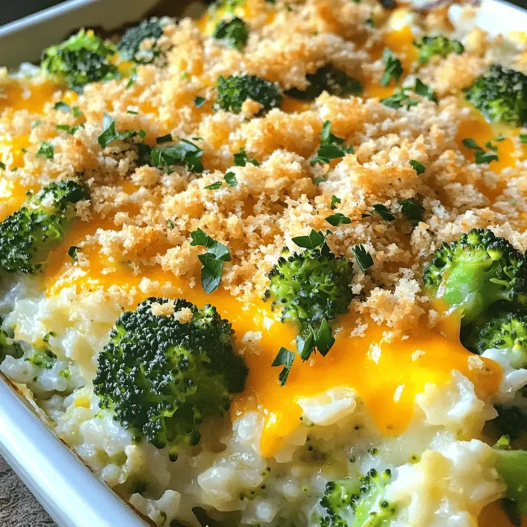 - 2 cups cooked white rice - 2 cups fresh broccoli florets (or frozen, thawed) - 2 cups shredded cheddar cheese - 1 cup cream of mushroom soup (or homemade equivalent) - 1/2 cup milk - 1 small onion, finely chopped - 1 teaspoon garlic powder - 1/2 teaspoon black pepper - 1/4 teaspoon salt - 1/2 cup breadcrumbs - 2 tablespoons butter, melted Gathering the right ingredients is key to making a great Cheesy Broccoli Rice Casserole. Each item plays an important role in flavor and texture. Cooked white rice serves as the base. It gives the dish a hearty feel. Fresh broccoli florets bring color and nutrients. You can use frozen broccoli if you need a quick option. Shredded cheddar cheese is the star here, adding that rich, cheesy goodness we all love. Cream of mushroom soup adds creaminess and flavor depth. Milk helps to blend everything smoothly. The finely chopped onion gives a nice bite, while garlic powder, black pepper, and salt round out the taste. For the topping, use breadcrumbs mixed with melted butter. This adds a crunchy layer that contrasts nicely with the soft casserole. This dish serves six, making it perfect for family meals. The prep is quick, taking just 15 minutes. After cooking for 30 minutes, you’ll have a warm, cheesy dish ready to enjoy. For the full recipe, check out the complete guide! - Preheat oven to 350°F (175°C). - Combine 2 cups of cooked white rice and 2 cups of fresh broccoli florets in a mixing bowl. This step sets the stage for a warm, cheesy meal. The rice should be fluffy, and the broccoli can be fresh or thawed if frozen. I love the crunch of fresh broccoli, but both work well. - Add 2 cups of shredded cheddar cheese, 1 small onion (finely chopped), 1 cup of cream of mushroom soup, 1/2 cup of milk, 1 teaspoon of garlic powder, 1/2 teaspoon of black pepper, and 1/4 teaspoon of salt. - Stir until well mixed. Mixing these ingredients creates a creamy base. The cheese adds richness, while the onion gives a nice flavor. Make sure to stir thoroughly, so every bite is tasty. - Transfer the mixture to a greased baking dish. - Prepare 1/2 cup of breadcrumbs mixed with 2 tablespoons of melted butter, then sprinkle over the casserole. Add the reserved cheddar cheese on top. - Bake for 25-30 minutes. This step makes the dish golden and crispy on top. The breadcrumbs and cheese create a delicious crust. Keep an eye on it; you want it bubbly and golden. Once done, let it cool for about 5 minutes before serving. Enjoy this cheesy broccoli rice casserole! You can find the full recipe above. Mix your ingredients well to ensure every bite is full of flavor. This helps the cheese and broccoli blend perfectly. If your oven runs hot or cold, adjust the baking time. Check it a few minutes early to avoid overbaking. Want to spice things up? Add cooked chicken for extra protein. You can also toss in other veggies like peas or carrots for more color and taste. Try different cheeses like mozzarella or pepper jack for unique flavors. Each cheese brings its own twist to the casserole. To serve, I like to use the baking dish. It gives a cozy vibe. For a pop of color, sprinkle fresh parsley on top. You can also add more cheese before serving to make it extra tasty. Your guests will love the look and smell! {{image_2}} For a gluten-free twist, swap the cream of mushroom soup. You can use a homemade version made with gluten-free flour and broth. This keeps the creamy texture without the gluten. Also, use gluten-free breadcrumbs to top your casserole. They will give you the same crunch as regular breadcrumbs. You can boost the veggie power in this dish. Consider adding sliced carrots, bell peppers, or peas. These add color and flavor. For a dairy-free option, replace the cheddar with plant-based cheese. You can also use almond milk or oat milk instead of regular milk. This way, everyone can enjoy the dish. If you're watching calories, cut back on the cheese. Reducing it by half still gives flavor. You can also replace the white rice with cauliflower rice. This adds a nice texture and cuts down on carbs. Both options help make this dish lighter without losing its comfort. For the complete experience, check out the Full Recipe. To store leftovers, let the casserole cool down first. Then, place it in an airtight container. This keeps it fresh for up to three days. Glass or plastic containers with tight lids work best. Label the container with the date you made it. This helps you track how long it has been in the fridge. The best way to reheat the casserole is in the oven. Preheat it to 350°F (175°C). Place the casserole in an oven-safe dish. Cover it with foil to keep it moist. Heat for about 20 minutes, or until warm. You can also use the microwave. Place a portion on a microwave-safe plate. Heat for one to two minutes, stirring halfway through. This helps maintain texture and flavor. If it seems dry, add a splash of milk before heating. You can freeze the casserole before or after baking. If freezing before baking, cover the dish tightly with foil or plastic wrap. It will last for up to two months in the freezer. When ready to bake, thaw it overnight in the fridge. Bake as directed in the recipe. If freezing after baking, let it cool completely before wrapping. To reheat, thaw in the fridge and then bake at 350°F (175°C) until heated through. Yes, you can use brown rice. Brown rice takes longer to cook. It usually needs about 45 minutes to be tender. This will change the texture of the dish. Brown rice adds a nutty flavor that some people love. Use the same amount as white rice in the recipe. Just be sure to check that it is fully cooked before mixing it in. You can prep this dish early for convenience. First, cook the rice and let it cool. Chop the broccoli and onion, then store them in the fridge. Mix everything else, but don’t bake it yet. Cover the dish tightly with plastic wrap or foil. When you are ready, bake it straight from the fridge. Just add a few extra minutes to the baking time if it’s cold. This casserole pairs well with many sides. Serve it with a fresh salad for a light meal. Garlic bread makes a great addition too. You could also add some grilled chicken for protein. If you like, serve it with roasted vegetables for extra flavor. Absolutely! Kids usually enjoy cheesy dishes. To make it more appealing, you can let them help in the kitchen. Let them sprinkle cheese on top or mix ingredients. You can also cut the broccoli into smaller pieces. This makes it easier for them to eat. If they like crunchy textures, consider adding crispy bacon bits on top. This Cheesy Broccoli Rice Casserole is simple to prepare and delicious. You mix cooked rice, fresh broccoli, cheese, and a few other ingredients, then bake it. Remember, you can adjust it with meat, different cheeses, or veggies. As you try this recipe, make it your own. Experiment and have fun. You'll create a meal that suits your taste and delights your family. Enjoy making this comforting dish!