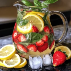 - 1 cup fresh strawberries, hulled and sliced - 1/4 cup fresh basil leaves, gently bruised - 4 cups filtered water - Ice cubes (optional) - Lemon slices (for extra flavor, optional) To create the best strawberry basil infused water, you need fresh ingredients. Start with ripe strawberries, which give a sweet taste. Choose basil leaves that are bright and fragrant. These two flavors mix well and make water fun to drink. You can add ice cubes if you want your drink cold. Slice some lemon for a zesty kick. This simple mix of flavors makes hydration exciting and tasty. For a detailed guide to making this drink, check out the Full Recipe. Enjoy the process and feel free to adjust based on your taste! - Wash strawberries and basil leaves thoroughly. - Slice strawberries and bruise basil leaves. - Combine ingredients in a pitcher. First, clean the strawberries and basil under running water. This step helps remove dirt and any chemicals. Next, slice the strawberries into thin pieces. This will help them release their flavor. For the basil, gently bruise the leaves with the back of a spoon. This action releases the oils that give basil its strong aroma and taste. Now, place the sliced strawberries and bruised basil in a pitcher. - Pour water over strawberries and basil. - Cover and refrigerate for infusing. Once your ingredients are in the pitcher, pour 4 cups of filtered water over them. Make sure the fruit and herbs are fully submerged. If you want, add lemon slices for a zesty kick. Cover the pitcher with a lid or plastic wrap. Place it in the refrigerator. Let it infuse for at least 2 hours. You can also leave it for up to 24 hours for a stronger flavor. - Stir before serving. - Serve in glasses with ice cubes. - Garnish with strawberries or basil leaves. When you're ready to serve, stir the mixture gently to blend the flavors. Fill glasses with ice cubes for a cool drink. Pour the infused water into the glasses. For a lovely touch, garnish each glass with a strawberry slice or a basil leaf. This adds a nice look and extra flavor. Enjoy your refreshing drink! For the complete guide, check out the Full Recipe. To boost the taste of your strawberry basil infused water, use chilled filtered water. Chilled water makes the drink crisp and refreshing. You can also play with other fruits or herbs. Try adding slices of lime or sprigs of mint. Each addition adds fun and new flavors. For the best flavor, let your water infuse for at least 2 hours. This time allows the strawberries and basil to release their tasty oils. If you want a stronger flavor, leave it for up to 24 hours. Adjust the time based on your personal taste. If you prefer a milder drink, just infuse for a shorter time. Always taste your water as it infuses to find the perfect balance for you. {{image_2}} You can mix strawberry basil infused water with other flavors. One great choice is lemon. Adding lemon brings a bright taste. The citrus pairs well with sweet strawberries. Just add a few slices of lemon when you combine the ingredients. Another fun option is adding mint or cucumber. Mint gives a cool twist and fresh aroma. You can add a handful of mint leaves to the pitcher. Cucumber provides a crisp taste. Simply slice a cucumber and toss it in with the other ingredients. Both options make your drink even more refreshing! Using seasonal fruits can take your infused water to a new level. Try mixing in other berries like raspberries or blueberries. These berries add different flavors and colors. They also boost the health benefits of your drink. You can also infuse your water with citrus fruits. Oranges and limes work well. Just slice them and add to the pitcher. This change adds a zesty kick to your drink. Try these variations to enjoy strawberry basil infused water all year long! For the complete recipe, check out the [Full Recipe]. To keep your strawberry basil infused water fresh, store it in the fridge. Use a clean pitcher with a tight lid. This helps prevent any odors from your fridge from mixing in. The infused water tastes best when chilled. How long does it last? Generally, your infused water stays fresh for about 3 days. After this, the flavors start to fade. If you notice any off smell or taste, it’s best to toss it out. You can reuse the same strawberries and basil for a second infusion. However, keep in mind that the flavor will be weaker. To do this, simply pour fresh water over the used ingredients. Let it sit for a few hours in the fridge. For safety, always check the ingredients before reusing. If the strawberries look mushy or have an odd smell, throw them away. Freshness is key for the best taste! Strawberry basil infused water offers many health perks. First, strawberries are full of hydration. They also provide vitamins C and K. These vitamins support your immune system and bone health. Basil, on the other hand, is more than just a tasty herb. It has anti-inflammatory properties and can aid digestion. This combination helps you stay refreshed and healthy. Yes, you can prepare this drink ahead of time. For best results, infuse it for at least 2 hours. If you have a gathering, making it the night before is smart. Allow the flavors to blend overnight for a stronger taste. Just remember to keep it in the fridge until ready to serve. Most people can enjoy this refreshing drink. However, check for allergies. Some may be allergic to strawberries or basil. If you have concerns, consult a doctor. This drink is generally safe for kids and adults alike. Scaling the recipe is easy. Simply double or triple the ingredients based on how many people you serve. For example, use 2 cups of strawberries and 1/2 cup of basil for eight servings. Maintain the same ratio of water for the best taste. Yes, frozen strawberries work well in this recipe. They will change the texture slightly. However, they still add great flavor. When using frozen fruit, let them thaw a bit before adding to the water. This helps release their taste faster. If the flavor is too strong, simply add more water. This dilutes the taste without losing freshness. You can also add extra ice to cool it down. Taste as you adjust until it meets your liking. You now have a simple guide to make delicious strawberry basil infused water. We covered the ingredients, preparation, infusion process, and variations. Each step helps you create a refreshing drink that’s easy to enjoy. Remember, feel free to experiment with flavors and adjust the infusion time to suit your taste. Have fun with this recipe and share it with friends. This drink is not only tasty but also good for your health. Enjoy staying refreshed with your new creation!
