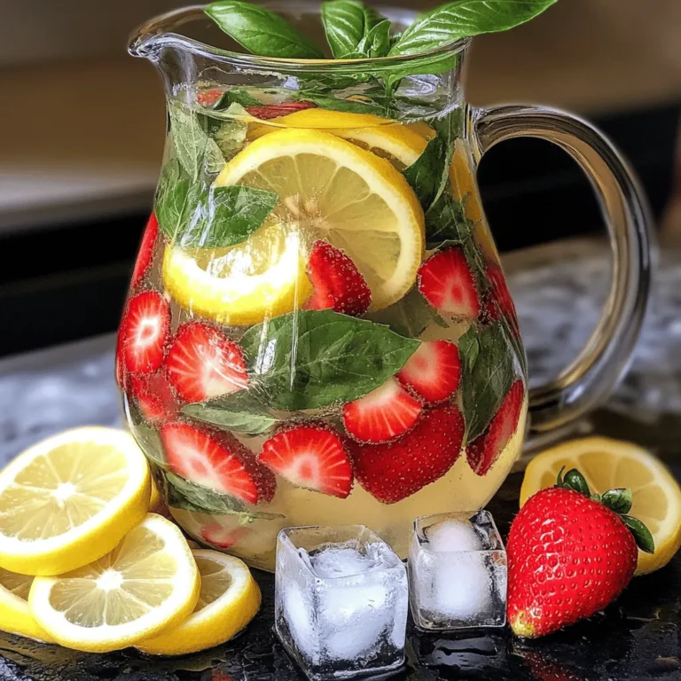 - 1 cup fresh strawberries, hulled and sliced - 1/4 cup fresh basil leaves, gently bruised - 4 cups filtered water - Ice cubes (optional) - Lemon slices (for extra flavor, optional) To create the best strawberry basil infused water, you need fresh ingredients. Start with ripe strawberries, which give a sweet taste. Choose basil leaves that are bright and fragrant. These two flavors mix well and make water fun to drink. You can add ice cubes if you want your drink cold. Slice some lemon for a zesty kick. This simple mix of flavors makes hydration exciting and tasty. For a detailed guide to making this drink, check out the Full Recipe. Enjoy the process and feel free to adjust based on your taste! - Wash strawberries and basil leaves thoroughly. - Slice strawberries and bruise basil leaves. - Combine ingredients in a pitcher. First, clean the strawberries and basil under running water. This step helps remove dirt and any chemicals. Next, slice the strawberries into thin pieces. This will help them release their flavor. For the basil, gently bruise the leaves with the back of a spoon. This action releases the oils that give basil its strong aroma and taste. Now, place the sliced strawberries and bruised basil in a pitcher. - Pour water over strawberries and basil. - Cover and refrigerate for infusing. Once your ingredients are in the pitcher, pour 4 cups of filtered water over them. Make sure the fruit and herbs are fully submerged. If you want, add lemon slices for a zesty kick. Cover the pitcher with a lid or plastic wrap. Place it in the refrigerator. Let it infuse for at least 2 hours. You can also leave it for up to 24 hours for a stronger flavor. - Stir before serving. - Serve in glasses with ice cubes. - Garnish with strawberries or basil leaves. When you're ready to serve, stir the mixture gently to blend the flavors. Fill glasses with ice cubes for a cool drink. Pour the infused water into the glasses. For a lovely touch, garnish each glass with a strawberry slice or a basil leaf. This adds a nice look and extra flavor. Enjoy your refreshing drink! For the complete guide, check out the Full Recipe. To boost the taste of your strawberry basil infused water, use chilled filtered water. Chilled water makes the drink crisp and refreshing. You can also play with other fruits or herbs. Try adding slices of lime or sprigs of mint. Each addition adds fun and new flavors. For the best flavor, let your water infuse for at least 2 hours. This time allows the strawberries and basil to release their tasty oils. If you want a stronger flavor, leave it for up to 24 hours. Adjust the time based on your personal taste. If you prefer a milder drink, just infuse for a shorter time. Always taste your water as it infuses to find the perfect balance for you. {{image_2}} You can mix strawberry basil infused water with other flavors. One great choice is lemon. Adding lemon brings a bright taste. The citrus pairs well with sweet strawberries. Just add a few slices of lemon when you combine the ingredients. Another fun option is adding mint or cucumber. Mint gives a cool twist and fresh aroma. You can add a handful of mint leaves to the pitcher. Cucumber provides a crisp taste. Simply slice a cucumber and toss it in with the other ingredients. Both options make your drink even more refreshing! Using seasonal fruits can take your infused water to a new level. Try mixing in other berries like raspberries or blueberries. These berries add different flavors and colors. They also boost the health benefits of your drink. You can also infuse your water with citrus fruits. Oranges and limes work well. Just slice them and add to the pitcher. This change adds a zesty kick to your drink. Try these variations to enjoy strawberry basil infused water all year long! For the complete recipe, check out the [Full Recipe]. To keep your strawberry basil infused water fresh, store it in the fridge. Use a clean pitcher with a tight lid. This helps prevent any odors from your fridge from mixing in. The infused water tastes best when chilled. How long does it last? Generally, your infused water stays fresh for about 3 days. After this, the flavors start to fade. If you notice any off smell or taste, it’s best to toss it out. You can reuse the same strawberries and basil for a second infusion. However, keep in mind that the flavor will be weaker. To do this, simply pour fresh water over the used ingredients. Let it sit for a few hours in the fridge. For safety, always check the ingredients before reusing. If the strawberries look mushy or have an odd smell, throw them away. Freshness is key for the best taste! Strawberry basil infused water offers many health perks. First, strawberries are full of hydration. They also provide vitamins C and K. These vitamins support your immune system and bone health. Basil, on the other hand, is more than just a tasty herb. It has anti-inflammatory properties and can aid digestion. This combination helps you stay refreshed and healthy. Yes, you can prepare this drink ahead of time. For best results, infuse it for at least 2 hours. If you have a gathering, making it the night before is smart. Allow the flavors to blend overnight for a stronger taste. Just remember to keep it in the fridge until ready to serve. Most people can enjoy this refreshing drink. However, check for allergies. Some may be allergic to strawberries or basil. If you have concerns, consult a doctor. This drink is generally safe for kids and adults alike. Scaling the recipe is easy. Simply double or triple the ingredients based on how many people you serve. For example, use 2 cups of strawberries and 1/2 cup of basil for eight servings. Maintain the same ratio of water for the best taste. Yes, frozen strawberries work well in this recipe. They will change the texture slightly. However, they still add great flavor. When using frozen fruit, let them thaw a bit before adding to the water. This helps release their taste faster. If the flavor is too strong, simply add more water. This dilutes the taste without losing freshness. You can also add extra ice to cool it down. Taste as you adjust until it meets your liking. You now have a simple guide to make delicious strawberry basil infused water. We covered the ingredients, preparation, infusion process, and variations. Each step helps you create a refreshing drink that’s easy to enjoy. Remember, feel free to experiment with flavors and adjust the infusion time to suit your taste. Have fun with this recipe and share it with friends. This drink is not only tasty but also good for your health. Enjoy staying refreshed with your new creation!
