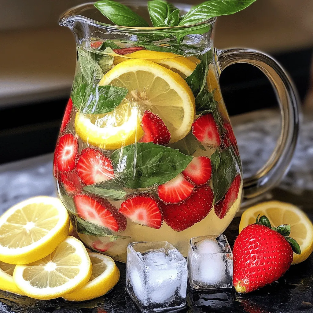 - 1 cup fresh strawberries, hulled and sliced - 1/4 cup fresh basil leaves, gently bruised - 4 cups filtered water - Ice cubes (optional) - Lemon slices (for extra flavor, optional) To create the best strawberry basil infused water, you need fresh ingredients. Start with ripe strawberries, which give a sweet taste. Choose basil leaves that are bright and fragrant. These two flavors mix well and make water fun to drink. You can add ice cubes if you want your drink cold. Slice some lemon for a zesty kick. This simple mix of flavors makes hydration exciting and tasty. For a detailed guide to making this drink, check out the Full Recipe. Enjoy the process and feel free to adjust based on your taste! - Wash strawberries and basil leaves thoroughly. - Slice strawberries and bruise basil leaves. - Combine ingredients in a pitcher. First, clean the strawberries and basil under running water. This step helps remove dirt and any chemicals. Next, slice the strawberries into thin pieces. This will help them release their flavor. For the basil, gently bruise the leaves with the back of a spoon. This action releases the oils that give basil its strong aroma and taste. Now, place the sliced strawberries and bruised basil in a pitcher. - Pour water over strawberries and basil. - Cover and refrigerate for infusing. Once your ingredients are in the pitcher, pour 4 cups of filtered water over them. Make sure the fruit and herbs are fully submerged. If you want, add lemon slices for a zesty kick. Cover the pitcher with a lid or plastic wrap. Place it in the refrigerator. Let it infuse for at least 2 hours. You can also leave it for up to 24 hours for a stronger flavor. - Stir before serving. - Serve in glasses with ice cubes. - Garnish with strawberries or basil leaves. When you're ready to serve, stir the mixture gently to blend the flavors. Fill glasses with ice cubes for a cool drink. Pour the infused water into the glasses. For a lovely touch, garnish each glass with a strawberry slice or a basil leaf. This adds a nice look and extra flavor. Enjoy your refreshing drink! For the complete guide, check out the Full Recipe. To boost the taste of your strawberry basil infused water, use chilled filtered water. Chilled water makes the drink crisp and refreshing. You can also play with other fruits or herbs. Try adding slices of lime or sprigs of mint. Each addition adds fun and new flavors. For the best flavor, let your water infuse for at least 2 hours. This time allows the strawberries and basil to release their tasty oils. If you want a stronger flavor, leave it for up to 24 hours. Adjust the time based on your personal taste. If you prefer a milder drink, just infuse for a shorter time. Always taste your water as it infuses to find the perfect balance for you. {{image_2}} You can mix strawberry basil infused water with other flavors. One great choice is lemon. Adding lemon brings a bright taste. The citrus pairs well with sweet strawberries. Just add a few slices of lemon when you combine the ingredients. Another fun option is adding mint or cucumber. Mint gives a cool twist and fresh aroma. You can add a handful of mint leaves to the pitcher. Cucumber provides a crisp taste. Simply slice a cucumber and toss it in with the other ingredients. Both options make your drink even more refreshing! Using seasonal fruits can take your infused water to a new level. Try mixing in other berries like raspberries or blueberries. These berries add different flavors and colors. They also boost the health benefits of your drink. You can also infuse your water with citrus fruits. Oranges and limes work well. Just slice them and add to the pitcher. This change adds a zesty kick to your drink. Try these variations to enjoy strawberry basil infused water all year long! For the complete recipe, check out the [Full Recipe]. To keep your strawberry basil infused water fresh, store it in the fridge. Use a clean pitcher with a tight lid. This helps prevent any odors from your fridge from mixing in. The infused water tastes best when chilled. How long does it last? Generally, your infused water stays fresh for about 3 days. After this, the flavors start to fade. If you notice any off smell or taste, it’s best to toss it out. You can reuse the same strawberries and basil for a second infusion. However, keep in mind that the flavor will be weaker. To do this, simply pour fresh water over the used ingredients. Let it sit for a few hours in the fridge. For safety, always check the ingredients before reusing. If the strawberries look mushy or have an odd smell, throw them away. Freshness is key for the best taste! Strawberry basil infused water offers many health perks. First, strawberries are full of hydration. They also provide vitamins C and K. These vitamins support your immune system and bone health. Basil, on the other hand, is more than just a tasty herb. It has anti-inflammatory properties and can aid digestion. This combination helps you stay refreshed and healthy. Yes, you can prepare this drink ahead of time. For best results, infuse it for at least 2 hours. If you have a gathering, making it the night before is smart. Allow the flavors to blend overnight for a stronger taste. Just remember to keep it in the fridge until ready to serve. Most people can enjoy this refreshing drink. However, check for allergies. Some may be allergic to strawberries or basil. If you have concerns, consult a doctor. This drink is generally safe for kids and adults alike. Scaling the recipe is easy. Simply double or triple the ingredients based on how many people you serve. For example, use 2 cups of strawberries and 1/2 cup of basil for eight servings. Maintain the same ratio of water for the best taste. Yes, frozen strawberries work well in this recipe. They will change the texture slightly. However, they still add great flavor. When using frozen fruit, let them thaw a bit before adding to the water. This helps release their taste faster. If the flavor is too strong, simply add more water. This dilutes the taste without losing freshness. You can also add extra ice to cool it down. Taste as you adjust until it meets your liking. You now have a simple guide to make delicious strawberry basil infused water. We covered the ingredients, preparation, infusion process, and variations. Each step helps you create a refreshing drink that’s easy to enjoy. Remember, feel free to experiment with flavors and adjust the infusion time to suit your taste. Have fun with this recipe and share it with friends. This drink is not only tasty but also good for your health. Enjoy staying refreshed with your new creation!