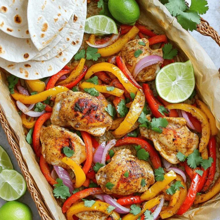 - 1.5 lbs boneless, skinless chicken thighs - 2 bell peppers (one red, one yellow), sliced - 1 medium red onion, sliced - 3 tablespoons olive oil - 2 tablespoons fajita seasoning (store-bought or homemade) - 1 teaspoon smoked paprika - 1 lime, juiced - Salt and pepper to taste - Fresh cilantro, for garnish For my Sheet Pan Fajita Chicken, I prefer boneless, skinless chicken thighs. They stay juicy and tender while cooking. I use vibrant bell peppers and red onion for a great flavor and color. Olive oil helps the seasoning stick to the chicken and veggies. Fajita seasoning adds that classic taste, and smoked paprika gives a nice smoky flavor. A squeeze of lime juice brightens everything up. Don't forget salt and pepper to bring out all those flavors! - Toppings such as avocado, sour cream, and salsa - Tortillas for serving You can customize your fajitas with fun toppings. Avocado adds creaminess, while sour cream adds coolness. Salsa adds a fresh kick! I like to serve the fajitas in warm tortillas. You can use flour or corn tortillas, depending on your taste. The options are endless, and that makes fajitas fun to eat! For the full recipe, check out my detailed cooking guide. - Preheat your oven to 425°F (220°C). - Line a large baking sheet with parchment paper. This helps with cleanup. - In a large bowl, add the sliced chicken, bell peppers, and red onion. - In a small bowl, mix together the olive oil, fajita seasoning, smoked paprika, lime juice, salt, and pepper. - Pour this mix over the chicken and veggies. Toss it all well to coat. - Spread the chicken and veggies evenly on the baking sheet. Make sure they are in a single layer. - Bake in the oven for 20-25 minutes. Stir halfway through for even cooking. - Check if the chicken is cooked through. The peppers should be tender too. - Let it cool for a few minutes before you serve. - To warm the tortillas, heat them in a dry skillet for about 30 seconds on each side. This makes them soft and pliable. For the full recipe, check the earlier section. To ensure even cooking and great flavor, spread your chicken and veggies in a single layer. This helps everything cook nicely and absorb all the spices. If your oven runs hot or cold, keep an eye on the time. For most ovens, cook for about 20-25 minutes. Use a meat thermometer to check the chicken. It should reach 165°F (74°C) for safety. Fajitas are versatile! You can serve them in warm tortillas or as a bowl. Add toppings like avocado, cheese, or salsa for a fun twist. For sides, consider black beans, rice, or a fresh salad. A refreshing drink, like iced tea or margaritas, pairs well too. Use parchment paper on your baking sheet. It makes cleanup quick and easy. After cooking, just toss the paper away. For faster prep, keep your knife skills sharp. A good chef's knife makes slicing veggies a breeze. Also, consider using a large bowl for mixing to avoid spills. {{image_2}} You can switch things up by using shrimp or tofu instead of chicken. Shrimp gives a nice seafood flavor, while tofu adds a healthy twist. Both options take only a few minutes to cook, making them great for quick meals. For the veggies, feel free to mix different types of peppers and onions. Try green or orange bell peppers for a colorful dish. Red onions bring sweetness, but yellow or white onions work too. Experimenting with colors and flavors can make your meal even more fun. Adjust the spice levels by using different seasonings. If you like it hot, add cayenne or chili powder. For a milder taste, skip the spicy seasonings and use extra lime juice for zest. You can also introduce other spices like cumin or coriander for depth. Marinades can change the whole dish. Consider a lime-cilantro marinade for fresh taste or a teriyaki sauce for a sweet twist. Just let your chicken or shrimp soak in the marinade for 30 minutes before cooking. This adds layers of flavor that elevate your fajitas. Instead of using tortillas, serve your fajita chicken over rice. This creates a hearty meal that fills you up. You can add black beans and corn for extra texture and taste. Another fun idea is to create a fajita bowl. Start with a base of lettuce or spinach. Then, add your fajita chicken, peppers, and onions. Top it with your favorite salad elements like cherry tomatoes or cheese. This creates a fresh and healthy option that is great for lunch or dinner. For the full recipe, check out the details in the initial section. Enjoy exploring these variations! To keep your fajita chicken fresh, store it in an airtight container. Make sure it cools down first. Place it in the fridge right after it cools. Your fajita chicken will last about 3 to 4 days in the fridge. If you want to enjoy it later, freezing is a great option. When you're ready to eat, reheating is key. The best way to reheat fajita chicken and keep its flavor is in the oven. Preheat your oven to 350°F (175°C). Place the chicken in a baking dish and cover it with foil. Heat it for about 15 to 20 minutes. You can use the microwave, but the oven gives better results. If you use the microwave, heat it in short bursts of 1 minute. Stir in between to avoid hot spots. If you want to freeze your fajita chicken, portion it out first. Use freezer-safe bags or containers. Make sure to remove as much air as possible before sealing. Your fajita chicken can stay fresh in the freezer for up to 3 months. When you’re ready to eat, take it out and thaw it in the fridge overnight. Reheat it using the oven or microwave as explained before. Enjoying your meal is just a few steps away! It takes about 15 minutes to prep and 20-25 minutes to cook. You can enjoy a tasty meal in around 40 minutes. This includes the time for your oven to preheat and for the chicken to cook through. Yes! You can swap chicken for beef, shrimp, or even tofu. Adjust the cooking time based on the meat. For example, beef may take a bit longer, while shrimp cooks faster. Just make sure to cut your meat into similar sizes for even cooking. I love serving fajitas with rice or beans. You can also try chips and salsa for a fun crunch. Pair with chilled drinks like lemonade or iced tea. These sides balance the meal and add extra flavor. Absolutely! You can prep the chicken and veggies ahead of time. Store them in the fridge for up to 2 days. Just remember to coat them with oil and spices before cooking. This makes it easy to whip up a meal quickly during a busy week. You can easily make a delicious sheet pan fajita chicken with simple steps. We covered the main and optional ingredients, along with preparation and cooking tips. Variations let you customize flavors and serve in unique ways. Storing leftovers and reheating keeps the meal fresh. Whether you stick to chicken or try shrimp or tofu, this recipe provides great options. Enjoy a fun, tasty meal that’s simple for anyone to make and share.