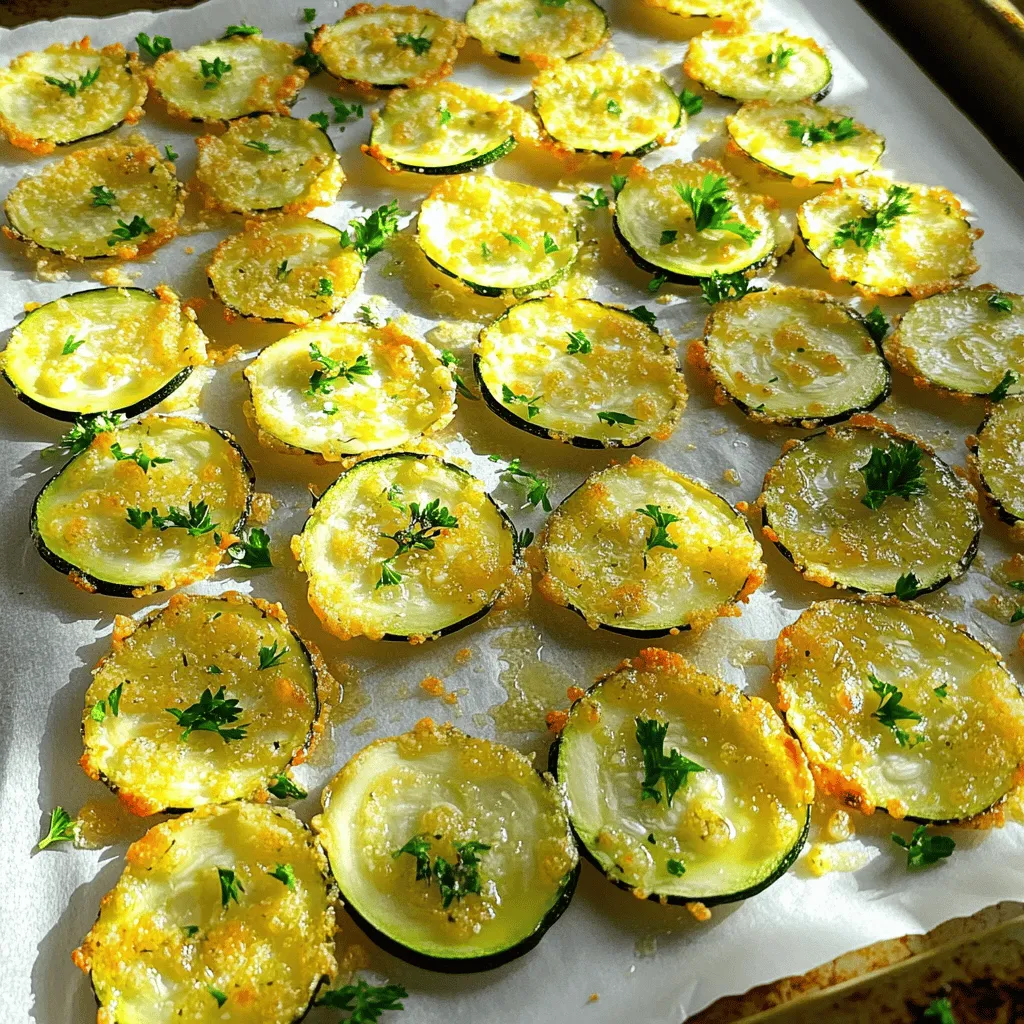 To make Garlic Parmesan Zucchini Chips, you need a few key ingredients. These ingredients help create that crispy and tasty snack you will love. Here’s what you need: - 2 medium zucchinis, thinly sliced - 1/2 cup grated Parmesan cheese - 2 tablespoons olive oil - 3 cloves garlic, minced - 1 teaspoon onion powder - 1/2 teaspoon smoked paprika - Salt and pepper to taste - Fresh parsley, chopped (for garnish) These zucchinis are the star of the show. Their mild flavor pairs well with the cheese and garlic. The Parmesan adds a rich taste. Olive oil helps the chips crisp up nicely in the oven. The seasonings make these chips really pop! Garlic and onion powder add depth to the flavor. Smoked paprika gives a hint of warmth and a bit of smokiness. Here are some tips to keep in mind: - Use fresh garlic for a stronger flavor. - Slice the zucchinis thinly for the best crunch. - Coat the zucchini well in olive oil. This helps the seasonings stick. - Don’t skip the salt! It enhances all the flavors. Make sure to taste your mixture before baking. Adjust the salt and pepper as needed to suit your taste. Feel free to get creative! You can add optional ingredients to change the flavor. Here are a few ideas: - Add red pepper flakes for a spicy kick. - Try other cheeses, like cheddar or mozzarella, for a twist. - Mix in dried herbs like oregano or thyme for extra aroma. These variations can make your chips even more fun. Don’t be afraid to experiment and find your favorite mix! For the full recipe, check the details above. First, wash the zucchinis well under cold water. This removes any dirt. Next, slice the zucchinis into thin rounds. Aim for about 1/8 inch thick. Thin slices help them crisp up nicely. Use a sharp knife or a mandoline for even slices. Once sliced, place them in a large bowl. Add 2 tablespoons of olive oil to the bowl with the zucchini. Then, add 3 minced garlic cloves, 1 teaspoon of onion powder, and 1/2 teaspoon of smoked paprika. Sprinkle salt and pepper to taste. Toss everything together until the zucchini slices are fully coated. This mixture gives the chips their great flavor. Next, lay the seasoned zucchini slices on a baking sheet lined with parchment paper. Make sure they are in a single layer. Do not let them overlap; this helps them bake evenly. Now, sprinkle 1/2 cup of grated Parmesan cheese over the top. Preheat your oven to 225°F (110°C). Place the baking sheet in the oven and bake for about 2 hours. Keep an eye on them after the first hour. The chips should look dry and crisp when they are done. Once finished, take the chips out of the oven. Let them cool for a few minutes before serving. They will get crispier as they cool. For a nice touch, sprinkle some fresh chopped parsley on top. Enjoy your Garlic Parmesan Zucchini Chips! For the complete details, check the Full Recipe. To get your zucchini chips crisp, it’s key to slice them thin. Aim for about 1/8 inch thick. Thinner slices dry out better. You also want to bake at a low temperature. Setting your oven to 225°F (110°C) helps them dry slowly. This method prevents burning while keeping them crunchy. Lastly, space the slices apart on the baking sheet. They should not touch or overlap. This ensures even air flow and crispiness. One big mistake is not drying the zucchini enough. After slicing, pat them dry with paper towels. This step removes excess moisture. Another issue is overcrowding the baking sheet. If the slices overlap, they won’t cook evenly. Also, be careful with the seasoning. Too much salt can draw out moisture and make them soggy. Lastly, don't skip the cooling step. Letting them cool helps them crisp up even more. For even cooking, make sure your zucchini slices are uniform. If some are thicker, they will cook slower. Keep an eye on them as they bake. After the first hour, check for doneness. Rotate the baking sheet halfway through. This helps all sides get equal heat. Remember to let them cool for a few minutes after baking. They will continue to become crispy during this time. Follow these tips, and you’ll enjoy perfect Garlic Parmesan Zucchini Chips every time. For the full recipe, check this [Full Recipe]. {{image_2}} To make spicy garlic Parmesan zucchini chips, add some heat. Mix in red pepper flakes or cayenne pepper. Start with a pinch, then taste and adjust. This spice will add a nice kick. The heat balances well with the rich cheese. For herb-infused zucchini chips, add dried herbs to the mix. Try oregano, thyme, or basil. These herbs will bring fresh flavors to your chips. Simply mix them in with the other seasonings. You can even use fresh herbs if you have them. If you want to switch up the cheese, try different options. Nutritional yeast gives a cheesy flavor without dairy. You can also use cheddar or mozzarella. Each cheese brings a unique taste to your chips. Feel free to experiment and find what you love! For the full recipe, check out the Garlic Parmesan Zucchini Chips section above. After you make your Garlic Parmesan Zucchini Chips, let them cool completely. Once they are cool, place them in an airtight container. You can store them at room temperature for up to three days. If you want to keep them longer, store them in the fridge for up to a week. Just remember, the longer they sit, the less crispy they become. To keep your zucchini chips crispy, make sure they are completely dry before storing. If they feel a bit moist, pop them back in the oven for a few minutes. You can also add a small packet of silica gel to the container. This helps absorb any moisture. Avoid stacking the chips on top of each other. This can cause them to lose their crunch. To reheat your leftover zucchini chips, use the oven. Preheat the oven to 300°F (150°C). Spread the chips on a baking sheet in a single layer. Heat them for about five to ten minutes. This brings back their crunch and flavor. Avoid using the microwave, as it can make them soft and chewy. Enjoy your crispy chips just like when they were fresh! For the full recipe, check out the detailed steps above. Yes, you can! An air fryer cooks zucchini chips quickly and gives them a nice crunch. Set your air fryer to 375°F (190°C). Arrange the zucchini slices in a single layer. Cook them for about 10 to 15 minutes. Shake the basket halfway through to ensure even cooking. Keep an eye on them. Each air fryer is different! You will know the chips are done when they are golden brown and crispy. They should feel dry to the touch. If they bend easily, they need more time. The baking time can vary, so check around the 1 hour mark. Let them cool for a few minutes. They will get crispier as they cool. Garlic Parmesan Zucchini Chips pair well with many dishes. You can serve them as a snack on their own. They also make a great side dish with grilled meats. Try them with dips like ranch or tzatziki. They add a nice crunch to salads too! For the full recipe, check out the details above. Garlic Parmesan Zucchini Chips are easy to make and delicious. We covered key ingredients, seasonings, and tips for the best crispiness. I shared variations to keep it exciting and how to store and reheat them. For maximum taste, get creative with herbs and spices. Remember to avoid common mistakes for perfect chips every time. Enjoy your snack, knowing you made something healthy and tasty. Embrace your kitchen skills and keep experimenting!