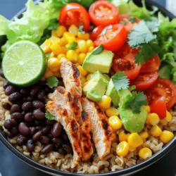 To make Fiesta Chicken Burrito Bowls, gather these simple ingredients: - 2 boneless, skinless chicken breasts - 1 teaspoon chili powder - 1 teaspoon cumin - 1 teaspoon garlic powder - 1 teaspoon paprika - 1 tablespoon olive oil - Salt and pepper to taste - 1 cup cooked brown rice - 1 can black beans, rinsed and drained - 1 cup corn kernels (fresh or frozen) - 1 red bell pepper, diced - 1 avocado, sliced - 1 cup cherry tomatoes, halved - 1 cup shredded lettuce - 1 lime, cut into wedges - Fresh cilantro for garnish You will need a few key tools to prepare this dish: - A grill or cast-iron skillet - A small bowl for mixing spices - A sharp knife for slicing chicken and veggies - Serving bowls for your burrito bowls These items help you cook and serve your meal with ease. Feel free to add your favorite toppings for extra flavor. Here are some ideas: - Sour cream or Greek yogurt - Shredded cheese, like cheddar or Monterey Jack - Jalapeños for a spicy kick - Salsa for added zest - Extra cilantro for garnish These toppings let you customize your Fiesta Chicken Burrito Bowls to your taste. For the full recipe, check out the detailed steps that follow! Start by gathering your ingredients. Make sure you have everything ready. This will save time later. Preheat your grill or a cast-iron skillet over medium-high heat. Grab a small bowl and mix your spices. You will need chili powder, cumin, garlic powder, paprika, salt, and pepper. This spice mix adds great flavor to the chicken. Rub this mix evenly over both sides of the chicken breasts. Don’t skip this step! Drizzle some olive oil on the grill or skillet. Place the seasoned chicken breasts on it. Cook for about 6-7 minutes on each side. You want the chicken cooked through. It should reach an internal temperature of 165°F (75°C). Once cooked, remove the chicken from the heat. Let it rest for 5 minutes before slicing it into strips. This helps keep the chicken juicy. Now, it’s time to build your burrito bowls. Start by placing cooked brown rice at the bottom of four serving bowls. This gives a nice base. Next, add black beans, corn, and diced red bell pepper. Then, layer on the sliced avocado and halved cherry tomatoes. Finish with a mound of shredded lettuce. Arrange the sliced chicken strips on top of each bowl. Squeeze fresh lime juice over the bowls and garnish with cilantro. For the full recipe, check the earlier section. Enjoy your delicious Fiesta Chicken Burrito Bowls! To make the chicken tasty, use fresh ingredients. I recommend using boneless, skinless chicken breasts. The spice mix is key. Combine chili powder, cumin, garlic powder, and paprika. Rub this mix on both sides of the chicken. Let it sit for a bit to soak in the flavor. Grill or pan-sear the chicken on medium-high heat. Cook until the chicken is golden and reaches 165°F (75°C). Rest it for five minutes before slicing. This helps keep it juicy. You can change the flavors to suit your taste. For a smoky flavor, add chipotle powder. Want it a bit zesty? Mix in lime zest. If you like sweet, try adding a touch of honey to the spice mix. You can also use different proteins. Shrimp or tofu work great too. Feel free to switch up the beans. Pinto beans or chickpeas are good options. Serve your Fiesta Chicken Burrito Bowls in fun bowls. Start with a layer of brown rice. Add black beans, corn, and diced bell pepper. Then, pile on sliced avocado and cherry tomatoes. Top with the grilled chicken. Squeeze fresh lime juice over everything. Don’t forget to sprinkle some fresh cilantro for a pop of color and taste. These bowls are perfect for family dinners or meal prep. If you want more ideas, check out the Full Recipe for inspiration. {{image_2}} You can make a great vegetarian version of Fiesta Chicken Burrito Bowls. Just swap the chicken for grilled veggies. Use bell peppers, zucchini, and mushrooms. Season them with the same spices for flavor. You can also add extra beans for protein. Black beans or pinto beans work well. This option tastes fresh and colorful. You still get all those nice layers! To make a low-carb version, skip the brown rice. Instead, use cauliflower rice. It’s a great swap that keeps it light. You can also add more veggies like spinach or kale. They add nutrients and make the bowl filling. This way, you enjoy the same taste without all the carbs. It’s perfect for anyone watching their carbs! If you like heat, add a spicy twist! You can mix some diced jalapeños into the bowl. For more flavor, try a chipotle sauce. Drizzle it on top for an extra kick. You can also use spicy salsa instead of regular salsa. This will make each bite exciting and bold. Your taste buds will love the added spice! After you enjoy your Fiesta Chicken Burrito Bowls, store any leftovers. Place the bowls in airtight containers. Make sure to separate the chicken and fresh toppings. This keeps them fresh longer. Store in the fridge for up to three days. Use clear labels to track when you stored them. To reheat, use the microwave or stove. For the microwave, place the bowl in for 1-2 minutes. Stir halfway through to heat evenly. If using the stove, heat the chicken and rice in a pan over medium heat. Add a splash of water to keep it moist. Stir often until hot. You can freeze the chicken and rice for up to three months. Use freezer-safe containers or bags. Make sure to remove as much air as possible. When ready to eat, thaw the chicken and rice in the fridge overnight. Reheat as mentioned above. Fresh toppings like avocado and lettuce should not be frozen. Add them just before serving. For the complete recipe, refer to the Full Recipe section. Fiesta Chicken Burrito Bowls stay fresh in the fridge for about 3 to 4 days. To keep them tasty, store them in an airtight container. This helps keep the flavors intact. I recommend eating them within this time for the best taste and quality. Yes, you can use frozen chicken for this recipe. Just make sure to thaw it first. You can do this by placing it in the fridge overnight. If you're in a hurry, place it in a sealed bag and run it under cold water. Once thawed, season and cook it as per the recipe. If you want a change, you can swap brown rice for white rice or quinoa. Cauliflower rice is a great low-carb option. It adds a nice texture and absorbs flavors well. Just cook it slightly before layering it in your bowl. Each choice brings a new taste to your Fiesta Chicken Burrito Bowls. For the full recipe, check out the details above. This blog gave you all the steps to make Fiesta Chicken Burrito Bowls. You learned about key ingredients, cooking methods, and storage tips. Remember, you can adjust flavors and try different toppings for fun. Don’t forget the vegetarian and low-carb options! These bowls can fit anyone's taste. Enjoy your cooking, and make it your own! Dive in and create a bowl that you love.
