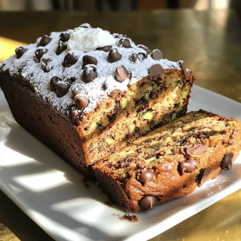 - Zucchini and Chocolate Chips - 1 cup grated zucchini (about 1 medium zucchini) - 1/2 cup semi-sweet chocolate chips - Flour and Sugar Types - 1 cup all-purpose flour - 1/2 cup whole wheat flour - 1/2 cup granulated sugar - 1/4 cup brown sugar, packed - Eggs and Oils - 2 large eggs - 1/2 cup vegetable oil (or melted coconut oil) Gathering fresh, quality ingredients makes a big difference. The zucchini adds moisture and nutrients. It keeps the bread soft and fluffy. I love using semi-sweet chocolate chips. They add a rich flavor without being too sweet. For the flour, I mix all-purpose and whole wheat. This blend gives a nice texture. Granulated sugar sweetens the bread, while brown sugar adds depth. The oil keeps the bread moist. Eggs help bind everything. If you want, you can add walnuts. They give a nice crunch and flavor. For the full recipe, check out the detailed steps. Preheating the Oven Start by preheating your oven to 350°F (175°C). This step is important for even baking. Greasing and Lining the Loaf Pan Next, grease a 9x5-inch loaf pan with butter or oil. You can also line it with parchment paper. This helps the bread come out easily after baking. Combining Flours and Leavening Agents In a large bowl, mix together all-purpose flour and whole wheat flour. Add baking soda, baking powder, and salt to this mix. Whisk it well to remove any lumps. Adding Spices and Salt Now, sprinkle in the ground cinnamon. This adds a warm flavor that complements the zucchini and chocolate. Creaming Sugars and Oils In another bowl, combine granulated sugar and brown sugar. Add vegetable oil and mix until it looks smooth. Incorporating Eggs and Vanilla Next, crack in the eggs and pour in the vanilla extract. Mix it all together until it is well combined. Folding in Zucchini Gently fold the grated zucchini into the wet mixture. Make sure the zucchini is evenly mixed in. Mixing Wet and Dry Ingredients Gradually add the dry ingredients into the wet mixture. Stir until just combined. Your batter should be slightly lumpy; do not overmix it. Carefully Mixing in Chips and Walnuts Fold in the semi-sweet chocolate chips and walnuts if you choose to use them. Make sure they are evenly distributed in the batter. Pouring Batter into the Pan Pour the batter into your prepared loaf pan. Use a spatula to smooth the top. Baking Time and Testing for Doneness Place the loaf pan in the preheated oven. Bake for 55 to 65 minutes. Check if it’s done by inserting a toothpick into the center. If it comes out clean, your bread is ready! For the full recipe, refer to the detailed instructions above. - Importance of Grated Zucchini Grated zucchini is key for moist bread. It adds moisture without extra fat. Use a box grater or food processor to shred the zucchini finely. Remember to squeeze out excess water. This helps prevent a soggy loaf. - Avoiding Overmixing Mixing the batter too much can make the bread tough. You want a tender crumb, so mix just until combined. The batter should remain a bit lumpy. This keeps your bread light and fluffy. - Optional Add-ins for Extra Flavor You can customize your bread with fun add-ins. Try adding nuts, like walnuts or pecans, for crunch. Dried fruits like raisins or cranberries also work well. Experiment with spices like nutmeg for warmth. - Adjusting Sweetness Levels You can tweak the sweetness to your taste. Use less sugar if you prefer a less sweet bread. Alternatively, add a bit of honey or maple syrup for natural sweetness. Just remember to adjust the wet ingredients if you do. - Serving Suggestions Slice the bread warm for the best experience. Serve it with a dollop of cream cheese or butter. This adds richness and flavor. You can also enjoy it plain for a healthier option. - Garnishing Ideas Add a touch of elegance by dusting the top with powdered sugar. You can also sprinkle some chocolate chips on top before baking for a beautiful finish. A few fresh herbs, like mint, can brighten the plate too. {{image_2}} You can make your chocolate chip zucchini bread even better for you. Start by using whole wheat flour instead of all-purpose flour. This swap adds fiber and nutrients. If you're gluten-free, try gluten-free flour blends. They work well in this recipe and keep the bread soft. To lower the sugar, use less granulated sugar. You can cut it by a third. You can also try adding mashed banana or unsweetened applesauce. This will keep the bread sweet while reducing sugar. Want to spice things up? Add some nutmeg or ginger to the batter. Just a teaspoon will bring warmth. You could also try adding cinnamon for extra flavor. These spices give your bread a cozy taste. You can change the chocolate chips too. Use dark chocolate chips or white chocolate for a twist. If you like dried fruit, toss in raisins or cranberries. These add a sweet and chewy texture. In the fall, add pumpkin spice for a seasonal treat. Just a teaspoon of pumpkin spice will give it that warm, autumn flavor. You could also add chopped apples or nuts to celebrate the season. During summer, use fresh berries instead of chocolate chips. Blueberries or raspberries mix well with zucchini. They keep the bread light and fresh. You can also add lemon zest for a bright touch. For the full recipe, check out the [Full Recipe]. Store leftover chocolate chip zucchini bread in an airtight container. You can keep it at room temperature for up to three days. If you want it to last longer, put it in the fridge. The cool air can help keep it fresh. Just be aware that refrigeration may change the bread's texture slightly. If you have extra bread, freezing is a great option. Wrap the bread tightly in plastic wrap, then place it in a freezer bag. This method protects it from freezer burn. You can freeze it for up to three months. To enjoy it later, just take it out and let it thaw at room temperature. How long will chocolate chip zucchini bread last? When stored properly, it can stay good for about a week. Always check for signs of spoilage. If you see mold or if it smells off, it’s best to toss it. Remember, freshness is key to enjoying this moist and fluffy delight! Yes, you can use frozen zucchini. Just make sure to thaw it first. After thawing, drain the excess water. Use a clean kitchen towel to squeeze out more moisture if needed. This helps keep your bread from being too wet. Frozen zucchini works well and saves prep time. If your bread is too dense, check the mixing method. Overmixing can cause this issue. Make sure to fold your ingredients gently. Also, check your leavening agents. Ensure your baking soda and baking powder are fresh. If they are old, they may not work well. Another tip is to add a bit more grated zucchini for moisture. Yes, you can make this bread vegan. Replace the eggs with flax eggs. To make one flax egg, mix one tablespoon of flaxseed meal with two and a half tablespoons of water. Let it sit for five minutes to thicken. For dairy, use almond milk or another plant-based milk instead of regular milk. These swaps work well without losing flavor. You can tell if the bread is done by using the toothpick test. Insert a toothpick into the center of the loaf. If it comes out clean or with a few crumbs, the bread is ready. Also, look for a golden-brown crust. The bread should spring back when lightly pressed. These cues help ensure your bread is perfectly baked. For the full recipe, check out the details provided earlier. This article covers how to make delicious zucchini bread step-by-step. We talked about the key ingredients like zucchini, chocolate chips, and the types of flour and sugars. You learned how to prepare your pan, mix your ingredients, and bake your bread perfectly. Remember to try variations for flavor and health. Use whole wheat flour or add spices for a twist. Store your leftovers properly to keep them fresh. Baking can be fun and rewarding. Enjoy your time in the kitchen!