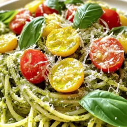 - Fresh basil leaves - Grated Parmesan cheese - Pine nuts (toasted) Fresh basil leaves bring a bright flavor. Choose vibrant green leaves for the best taste. Grated Parmesan cheese adds a rich, salty flavor. It melts well and combines nicely with the pesto. Pine nuts are crunchy and nutty. Toast them lightly to enhance their flavor. - Extra virgin olive oil - Garlic (minced) - Fresh lemon juice and zest Extra virgin olive oil creates a smooth texture. It also adds a fruity flavor. Garlic enhances the overall taste, giving it a warm depth. Fresh lemon juice and zest brighten the dish. The lemon adds acidity that balances the rich flavors. - Pasta types: spaghetti or fettuccine - Garnishes: cherry tomatoes, fresh basil You can use spaghetti or fettuccine for this dish. Both types work well with the pesto. For garnishes, halved cherry tomatoes add color and sweetness. Extra fresh basil leaves boost the aroma and presentation. You can find the full recipe for Lemon Basil Pesto Pasta for more details. To start, fill a large pot with water. Use about 4 quarts of water to ensure the pasta cooks evenly. Add salt to the water once it begins to boil. A good rule is one tablespoon of salt for every quart of water. This helps flavor the pasta. Now, add the pasta. I like to use spaghetti or fettuccine for this dish. Cook the pasta according to the package instructions, usually around 8 to 12 minutes. Check the pasta a minute or two before the time is up. It should be firm yet tender, known as al dente. After cooking, reserve 1/2 cup of the pasta water. This starchy water is key for later. Drain the pasta and set it aside. Next, we’ll make the lemon basil pesto. Grab a food processor for this step. In the processor, combine the fresh basil leaves, grated Parmesan cheese, toasted pine nuts, minced garlic, lemon juice, and lemon zest. Pulse the mixture until it’s coarsely blended. Now comes the fun part! With the processor running, slowly drizzle in the olive oil. This helps create a smooth, creamy texture. Stop blending once the pesto looks consistent. Taste it and add salt and pepper as needed. Adjust to your liking for the best flavor. Now, let's combine everything. In a large mixing bowl, add the cooked pasta. Pour the lemon basil pesto over the pasta. Toss the pasta gently to coat it well. If the pesto seems thick, add some of the reserved pasta water a little at a time. This helps to get the right consistency. Taste the dish and adjust the seasoning if needed. Serve the pasta warm in bowls. I love to garnish it with halved cherry tomatoes and fresh basil leaves for a lovely touch. For the full recipe, check out the link provided. Enjoy your fresh and flavorful lemon basil pesto pasta! To make the pesto taste great, balance the acidity with lemon. The lemon juice adds freshness and brightness. Start with half the juice, then taste. Add more if needed. Next, adjust salt and pepper to suit your taste. Salt enhances all flavors. Use it wisely. A pinch may make a big difference. Always taste as you go! Cooking pasta perfectly is key. Aim for al dente. This means the pasta should have a slight bite. Follow the package instructions closely for timing. When serving, manage the pesto’s consistency. If it feels thick, add some reserved pasta water. This helps coat the pasta evenly. A small amount at a time works best. Make your dish visually appealing with garnish. Use halved cherry tomatoes for color. They add sweetness and freshness. A few fresh basil leaves on top look lovely too! Finish it off with a drizzle of extra virgin olive oil. A sprinkle of Parmesan cheese adds richness and flavor. These small touches make a big difference in presentation. {{image_2}} If you want a nut-free pesto, try using seeds instead of nuts. Sunflower seeds or pumpkin seeds can work well. They give a nice texture and flavor too. For a dairy-free option, use nutritional yeast in place of Parmesan. It adds a cheesy taste without dairy. Gluten-free pasta is a great choice if you avoid gluten. Many brands offer pasta made from rice or corn. You can also use vegetable noodles, or zoodles, made from spiralized zucchini. They are light and add a fresh taste. Want to boost your meal? Add protein like grilled chicken or shrimp. They pair nicely with the pesto. You can also add seasonal vegetables. Think of cherry tomatoes or fresh spinach. They add color and extra flavor to your dish. Try these variations to make your Lemon Basil Pesto Pasta even more exciting! For the full recipe, check the detailed instructions above. To keep your Lemon Basil Pesto Pasta fresh, place it in an airtight container. This helps prevent moisture loss and keeps flavors locked in. Store the pasta in the fridge for up to three days. After that, the pasta may start to lose its taste and texture. You can also freeze your pesto and pasta for later. For freezing, first, cool the pasta completely. Then, divide it into portions. Place the pesto in ice cube trays for easy use later. Wrap the pasta in plastic wrap and place it in a freezer bag. You can freeze both for up to three months. To thaw, simply move the pesto to the fridge overnight. For the pasta, run it under warm water or microwave it until warm. When reheating, use low heat to avoid drying out your pasta. A good method is to add a splash of water and cover the pan. Stir gently until heated through. This method helps keep the pesto's flavor and texture intact. You can also add a little extra olive oil for a richer taste. If you can’t find pine nuts, don’t worry! You can try other nuts like walnuts, almonds, or cashews. Each nut adds a unique flavor. If you prefer seeds, sunflower seeds or pumpkin seeds work well too. Toast them lightly for extra flavor. This way, you still get a tasty pesto without pine nuts. Yes, you can make the pesto ahead of time! Just mix all the ingredients and store them in the fridge. To keep the color bright, add a thin layer of olive oil on top. This helps keep the air out. It can last up to a week in the fridge. For longer storage, you can freeze it in ice cube trays. If your pesto tastes bitter, don't fret! A simple fix is to add a little more lemon juice or zest. This brightens the flavor. You can also add more Parmesan cheese for a richer taste. Taste your pesto as you go, and adjust until it’s just right. This blog post covered the key ingredients for lemon basil pesto pasta, how to make it, and tips for success. We explored how to cook pasta perfectly and the role of each ingredient in the dish. I shared ways to customize your pesto and pasta options, along with storage tips to keep leftovers fresh. Use this guide to create a delicious meal. Enjoy experimenting with flavors and ingredients! Each step adds to the dish’s charm. Cooking is fun, and you can make it your own!