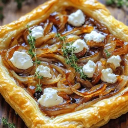 - 1 sheet of puff pastry, thawed - 3 large onions, thinly sliced - 2 tablespoons olive oil - 1 tablespoon balsamic vinegar - 4 ounces goat cheese, crumbled - 1/2 cup sour cream - 1 teaspoon fresh thyme leaves (or 1/2 tsp dried thyme) - Salt and pepper to taste - 1 egg, beaten (for egg wash) To create a delicious caramelized onion and goat cheese tart, you need a few key ingredients. Puff pastry acts as a flaky base for the tart. Onions bring a sweet and rich flavor when caramelized. Olive oil helps to cook the onions to perfection, while balsamic vinegar adds a tangy finish. For the creamy topping, goat cheese gives a rich and tangy taste. Sour cream adds smoothness and a hint of acidity. Fresh thyme gives an earthy note that brightens the dish. Season with salt and pepper to enhance all the flavors. Finally, a beaten egg makes the pastry shine with a golden color when baked. This combination of ingredients truly elevates the tart to a gourmet level. For the complete recipe, check out the Full Recipe. To start, heat olive oil in a large skillet over medium heat. Add the thinly sliced onions along with a pinch of salt. Stir them often for about 15 to 20 minutes. You want them to become soft and golden brown. This is the key to great flavor. After the onions caramelize, add one tablespoon of balsamic vinegar. This adds a sweet and tangy taste. Cook for another 2 to 3 minutes. Then, remove the pan from heat and let the onions cool a bit. Next, roll out your puff pastry on a floured surface. Make it large enough to fit your tart pan. Gently transfer the pastry to the pan and trim off any extra edges. Use a fork to prick the bottom of the pastry. This helps it cook evenly and prevents puffing too much. In a bowl, mix the sour cream with thyme, salt, and pepper. Spread this mixture evenly over the pastry base. Then, layer the caramelized onions on top. Be sure to spread them out evenly. Finally, sprinkle crumbled goat cheese over the onions. This adds a creamy and tangy flavor that pairs perfectly with the onions. Preheat your oven to 400°F (200°C). Once the oven is hot, place your tart inside. Bake it for 25 to 30 minutes. Look for a golden brown and puffed pastry. This is your sign that it's done. Remove the tart from the oven and let it cool slightly before slicing. For the complete recipe, check the Full Recipe section. To make great caramelized onions, start with low heat. Stir them often. This helps them cook evenly. Aim for about 15 to 20 minutes. The goal is soft, sweet onions, not burnt ones. If you see them getting dark too fast, lower the heat. Adding a pinch of salt at the start helps draw out moisture. This keeps the onions from sticking. When serving your tart, warmth is key. Place it on a nice plate. Garnish with fresh thyme leaves for that pop of color. This makes it look fancy! You can also serve it with a side salad. A light, fresh salad pairs well with the rich tart. Think of mixed greens or a simple vinaigrette. To take the flavor up a notch, think about adding fresh herbs. Basil or rosemary can add a lovely twist. If you like a bit of sweetness, try a sprinkle of brown sugar while cooking the onions. For a savory kick, some cracked black pepper does wonders. You can also experiment with adding nuts or fruits for texture and taste. {{image_2}} You can change the cheese in this tart. Feta or cream cheese works well. Feta adds a salty kick, while cream cheese gives a creamy texture. You can also switch up the veggies. Try mushrooms, spinach, or roasted peppers. Each adds a unique taste. For gluten-free diets, use a gluten-free pastry. Many brands offer great substitutes. If you're vegan, go for a plant-based cheese. You can use cashew-based cheese or tofu. Replace sour cream with vegan sour cream or a nut-based spread. These swaps keep the tart delicious while meeting dietary needs. For the full recipe, check [Full Recipe]. Store the tart in the fridge. Use an airtight container to keep it fresh. Place parchment paper between layers if stacking. This helps prevent sogginess. You can keep it for up to three days. Before serving, check for any signs of spoilage. If it looks or smells off, it’s best to discard it. Reheat the tart in the oven for the best results. Set your oven to 350°F (175°C). Place the tart on a baking sheet. Heat it for about 10-15 minutes. This keeps the pastry crisp. You can also use a microwave, but it may make the crust soft. If using a microwave, heat in short bursts, about 30 seconds at a time. Check the temperature after each burst. Enjoy your tart warm for the best flavor and texture. For more details, check the Full Recipe. You can serve this tart with a fresh side salad. A simple green salad pairs well. Add some cherry tomatoes and cucumbers for color. A light vinaigrette enhances the flavors. You might also enjoy it with roasted vegetables. A charcuterie board can be a fun addition too. Include some nuts and fruits for variety. Yes, you can prepare the tart in advance. You can caramelize the onions the day before. Just store them in the fridge. You can also assemble the tart and cover it. Keep it in the fridge until you are ready to bake. This saves time and effort on busy days. Caramelizing onions takes about 15 to 20 minutes. Start on medium heat for the best results. Stir them often to avoid burning. They should turn golden brown and soft. If you want richer flavor, cook them a bit longer. Just keep an eye on them! Yes, you can freeze the tart. After baking, let it cool completely. Wrap it tightly in plastic wrap. Then place it in an airtight container. To thaw, leave it in the fridge overnight. Reheat in the oven for the best texture. Enjoy your delicious tart later! For the full recipe, check out the detailed steps above. You learned about the key ingredients for a tasty caramelized onion and goat cheese tart. We discussed how to caramelize onions, prepare puff pastry, and assemble the tart. Tips and variations helped boost your cooking skills. Also, storage and reheating advice keep your tart fresh. Make this recipe your own by experimenting with flavors or ingredients. Enjoy sharing your tart with friends for a delicious experience. Happy cooking!