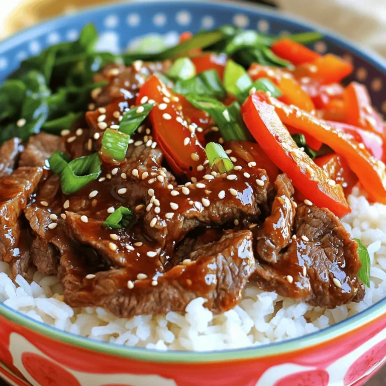 For Korean Beef Bulgogi Bowls, you will need: - 1 lb beef sirloin, thinly sliced - 1/4 cup soy sauce - 2 tablespoons brown sugar - 1 tablespoon sesame oil - 1 tablespoon grated ginger - 3 cloves garlic, minced - 1 small onion, thinly sliced - 1 red bell pepper, thinly sliced - 2 green onions, chopped - 1 cup cooked jasmine rice - Sesame seeds for garnish - Salt and pepper, to taste - Sriracha or gochujang (for serving) - Optional: 1 cup of fresh spinach or bok choy To make these bowls, gather these tools: - Large mixing bowl - Whisk - Skillet or wok - Cooking spoon - Knife and cutting board - Measuring cups and spoons Using fresh ingredients makes a big difference. Choose high-quality beef sirloin for tenderness. Fresh vegetables add crunch and color. For the best flavor, use natural soy sauce without additives. If you can, buy organic ginger and garlic. They will enhance the taste and aroma. Fresh herbs like green onions should look vibrant. They add brightness to your dish. Make sure all your ingredients are ready before you start cooking. This helps you stay organized and enjoy the cooking process. For the full recipe, check out the provided link. To start, grab a large bowl. In this bowl, whisk together the soy sauce, brown sugar, sesame oil, grated ginger, and minced garlic. Mix until everything is well combined. This sweet and savory mix is key to great flavor. Next, add the thinly sliced beef sirloin. Make sure each piece gets coated with the marinade. Cover the bowl with plastic wrap and put it in the fridge. Let it marinate for at least 30 minutes. If you have extra time, let it sit for up to 2 hours. This makes the beef really tasty. Now, let’s cook the veggies. Heat a little oil in a large skillet or wok over medium-high heat. Once the oil is hot, add the sliced onions and red bell peppers. Sauté them for about 3 to 5 minutes. You want them to become tender but not mushy. If you like, toss in fresh spinach or bok choy. Cook them just until they wilt. After that, remove the veggies from the skillet and set them aside. This step adds color and crunch to your bowls. In the same skillet, add the marinated beef along with all the marinade. Cook it for about 5 to 7 minutes. Stir often to keep the beef from sticking. You'll know it's done when the beef is browned and cooked through. Season it with salt and pepper to taste. The marinade helps to create a rich flavor that you will love. It’s time to make the bowls! Start by dividing the cooked jasmine rice among your serving bowls. Top each bowl with the beef bulgogi and the sautéed vegetables. For a finishing touch, sprinkle chopped green onions and sesame seeds on top. If you like some heat, serve with Sriracha or gochujang on the side. Enjoy your flavorful Korean Beef Bulgogi Bowls! For the complete recipe, check [Full Recipe]. To get the best flavor, marinate your beef right. Use a large bowl. Mix soy sauce, brown sugar, sesame oil, ginger, and garlic. Make sure to coat every piece of beef. Cover the bowl tightly. Let it sit in the fridge for at least 30 minutes. For deeper flavor, marinate for up to 2 hours. This allows the beef to soak up all those tasty juices. Cooking beef bulgogi needs some care. First, use thin slices of beef sirloin. This cut cooks quickly and stays tender. Heat your skillet or wok over medium-high heat. Add a little oil to avoid sticking. Once hot, add the marinated beef. Cook for about 5-7 minutes. Stir often to make sure it cooks evenly. If you see the beef browning, you are doing it right. Make your bulgogi bowls look great. Start with a base of jasmine rice. Then, add the beef and veggies on top. Sprinkle chopped green onions and sesame seeds for color. For a pop of flavor, serve with a side of kimchi. This adds a traditional touch. Use a colorful dish to make the bright ingredients stand out. You want each bowl to look as good as it tastes! Check out the Full Recipe to get all the details. {{image_2}} You can switch beef for other proteins. Chicken or pork works well in this dish. Tofu is great too. It absorbs the tasty marinade. For a seafood twist, try shrimp. Just remember to adjust cooking times. Shrimp cooks quickly and needs less time than beef. To make this recipe vegetarian or vegan, use plant-based protein. Firm tofu or tempeh can replace beef. Marinate them just like the beef. Use soy sauce and sesame oil for flavor. Add extra veggies like mushrooms or zucchini. They add depth and texture. You can still enjoy that savory taste. Serving your bulgogi bowls can be fun and creative. Try different grains like quinoa or brown rice. They add a nutty flavor. You can also serve it in lettuce wraps. This makes a fresh, crunchy dish. For a twist, add kimchi or pickled veggies on top. They bring brightness and tang to every bite. To store your leftover Korean Beef Bulgogi Bowls, let them cool first. Place the beef and veggies in an airtight container. Separate the rice to keep it fresh. Store everything in the fridge for up to three days. This keeps the flavors intact and helps prevent spoilage. When it's time to eat leftovers, reheat gently. Use the microwave for quick warming. Place the rice on one side and the beef and veggies on the other. Heat in 30-second intervals until hot. You can also use a skillet. Heat over medium heat for about 5 minutes. Stir often to warm evenly and avoid burning. You can freeze the beef bulgogi bowls, but do it right. Let the food cool completely before freezing. Place the beef and veggies in a freezer-safe bag or container. Squeeze out the air to prevent freezer burn. You can freeze the rice too, but it may change texture. Store for up to three months. When ready to eat, thaw overnight in the fridge. Reheat as mentioned above. For the full recipe, check the detailed instructions to make this tasty meal again! Bulgogi is a popular Korean dish made from marinated beef. The name means "fire meat." This dish dates back to the Goguryeo era, over 2,000 years ago. Originally, people grilled the beef over an open flame, giving it a smoky flavor. Today, you can find bulgogi in many forms, like grilled or stir-fried. The marinade often includes soy sauce, sugar, sesame oil, and garlic. This blend creates a sweet and savory taste that is simply irresistible. Yes, you can use different cuts of beef for bulgogi. While sirloin is common, you can try ribeye, flank steak, or even tenderloin. The key is to slice the beef thinly against the grain. This helps ensure the meat stays tender and easy to chew. You can also experiment with marinating chicken or pork if you want to switch things up. Korean Beef Bulgogi is typically not very spicy. The flavor comes from the marinade, which is sweet and savory. However, you can adjust the spice level to your liking. If you want heat, add sriracha or gochujang on the side. You can also mix some into the marinade for a kick. Just remember to start with a little and taste as you go! You can serve bulgogi bowls with many sides. Cooked jasmine rice is a must, as it soaks up the delicious sauce. A side of kimchi adds tang and crunch. You can also add pickled vegetables for extra flavor. If you like greens, add spinach or bok choy to the bowl. These toppings make the meal colorful and nutritious. For a fun twist, try serving your bulgogi in lettuce wraps! You can find the complete recipe for savory Korean Beef Bulgogi Bowls [here](#). This recipe guides you step-by-step to create a satisfying meal. Each serving of Korean Beef Bulgogi Bowls is packed with flavor and nutrition. Here’s a quick look at the nutritional values per serving: - Calories: Approximately 450 - Protein: 30g - Carbohydrates: 50g - Fat: 15g - Fiber: 2g - Sugar: 5g These bowls offer a good balance of protein and carbs. You also get healthy fats from sesame oil and nutrients from fresh veggies. If you love Korean cuisine, you might want to explore more. Here are some great resources: - Korean Cookbooks: Look for books that focus on authentic recipes. - Online Cooking Classes: Many chefs offer classes on Korean cooking. - YouTube Channels: Channels dedicated to Korean food can provide visual guidance. - Food Blogs: Search for blogs that share tips and recipes for Korean dishes. These resources will help expand your knowledge and skills in Korean cooking. Enjoy your culinary journey! In this blog post, we explored the essentials for creating delicious Korean Beef Bulgogi Bowls. We covered the complete ingredient list, necessary tools, and tips for quality. Then, we provided step-by-step instructions for each part of the bowl, from marinating to assembly. I shared handy tips for marinating, cooking beef, and serving. We even discussed variations, storage, and common questions. Remember, with these steps, you can make flavorful bowls that impress friends and family. Enjoy your cooking journey and savor the taste!
