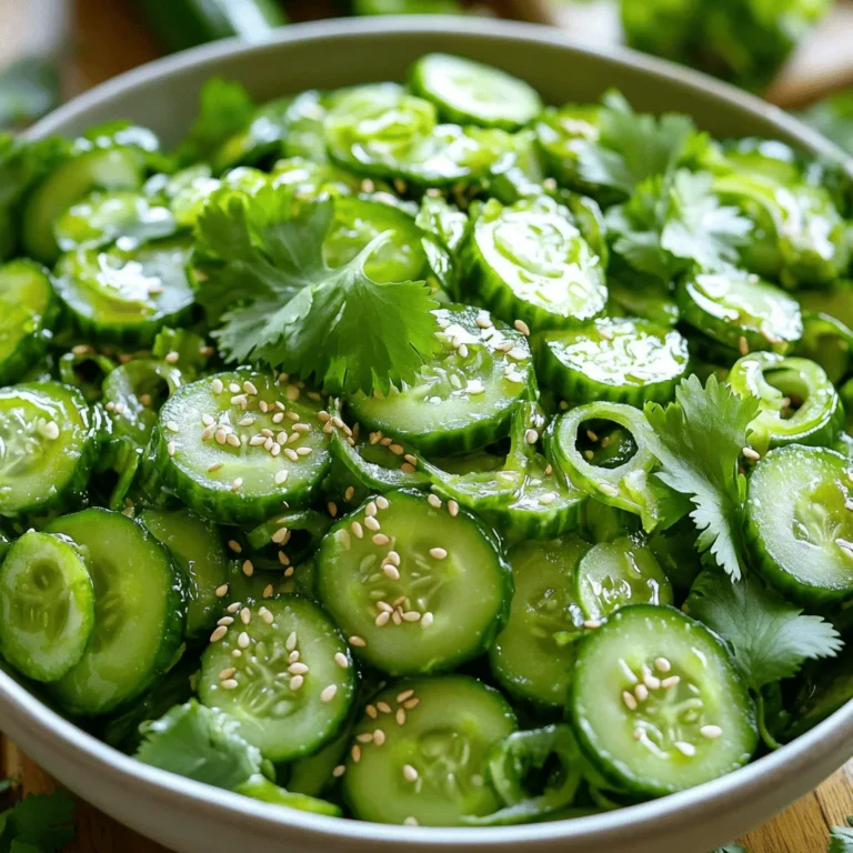 - 2 large cucumbers - 1 teaspoon salt - 2 tablespoons rice vinegar - 1 tablespoon sesame oil - 1 tablespoon low-sodium soy sauce - 1 tablespoon fresh lime juice - 1 garlic clove, minced - 1 teaspoon honey or agave syrup - 2 green onions, sliced - 1 tablespoon toasted sesame seeds - Fresh cilantro for garnish - Sriracha for heat - Chopped bell peppers for crunch - Avocado for creaminess To make my smashed cucumber salad fresh and tasty, I use these key ingredients. The cucumbers are the star of the dish. They add crunch and freshness. I like to use large cucumbers for this recipe. They have more water and taste better. The salt helps draw out excess moisture from the cucumbers. This step makes the salad crispier. Rice vinegar gives the salad a nice tang. Sesame oil adds a rich, nutty flavor. Low-sodium soy sauce enhances the taste without making it too salty. I also add fresh lime juice for brightness. The garlic brings in a strong flavor. Honey or agave syrup adds a touch of sweetness. Green onions give a nice bite, while toasted sesame seeds add a delightful crunch. Finally, fresh cilantro makes the salad pop with color and taste. You can also make it your own with optional ingredients. Adding Sriracha gives a spicy kick. Chopped bell peppers add more crunch. If you want creaminess, diced avocado works well, too. These ingredients help you create a salad that’s just right for you. For the complete recipe, make sure to check the Full Recipe section. - Wash the cucumbers well. - Cut off both ends of the cucumbers. - Smash each cucumber gently using a knife or rolling pin. - Cut the smashed cucumbers into bite-sized pieces. - In a bowl, combine rice vinegar, sesame oil, soy sauce, lime juice, minced garlic, and honey. - Whisk the mixture until it blends well. - Put the cut cucumbers in a bowl and sprinkle with salt. - Let them sit for 10 minutes to draw out water. - After 10 minutes, gently press the cucumbers to release more water. - Discard any excess liquid. - Pour the dressing over the cucumbers and mix to coat evenly. - Add sliced green onions and toasted sesame seeds. - Mix well before serving. - Let the salad marinate for 15 minutes to enhance the flavors. - Just before serving, garnish with fresh cilantro for added flavor. For the complete recipe, check out the Full Recipe. - How to choose the right cucumbers Pick firm cucumbers that feel heavy. Look for smooth skin without spots or wrinkles. English cucumbers are great for this salad. They have fewer seeds and are less bitter. - Importance of salting cucumbers Salting the cucumbers draws out water. This step is key for a crunchy salad. Let them sit with salt for about 10 minutes. This helps the salad stay crisp and flavorful. - Allowing salad to marinate After mixing in the dressing, let the salad rest. A 15-minute marination boosts the flavor. It gives time for the cucumbers to soak up the dressing. - Adding fresh herbs Fresh herbs like cilantro or mint can brighten the dish. Chop them finely and mix them in. They add a burst of freshness. - Experimenting with different acids (like lemon juice) While rice vinegar is great, try lemon or lime juice for a twist. Each acid gives a different taste. Adjust based on your preference for tanginess. - Adjusting sweetness levels with honey/agave If you like a hint of sweetness, add honey or agave. Start with a teaspoon and taste. You can always add more if you want it sweeter. {{image_2}} You can use different types of cucumbers for this salad. English cucumbers are long and thin. They have fewer seeds and a thin skin. They add a nice crunch. Regular cucumbers are shorter and thicker. They have more seeds and a thicker skin. You can also try pickling cucumbers. They are small and crunchy. They make your salad extra crisp and tasty. You can easily change some ingredients in this salad. For a vegan option, replace the honey with agave syrup. This keeps the salad sweet without using animal products. If you need a gluten-free version, switch the soy sauce for tamari. Tamari tastes similar but has no gluten. You can make your smashed cucumber salad even better. Adding nuts like peanuts or cashews gives a nice crunch. Just chop them up before mixing. You can also add proteins like tofu or chicken. This makes the salad heartier and more filling. It’s a great way to boost flavor and nutrition. To store leftovers, place your smashed cucumber salad in an airtight container. This keeps it fresh and tasty. Use glass or plastic containers with secure lids. Avoid using metal containers, as they may react with the dressing. You can keep the salad in the fridge for about three days. After that, the cucumbers may become too soft. Look for signs that the salad has gone bad, such as a sour smell or a change in color. If it looks slimy or has a strange odor, it's best to throw it away. Enjoy your Smashed Cucumber Salad from the Full Recipe! Smashed Cucumber Salad is a light and refreshing dish. It combines smashed cucumbers with a tasty dressing. This salad has roots in Asian cuisine, often served in Chinese meals. The smashing technique gives the cucumbers a unique texture. It allows the cucumbers to soak up the flavors of the dressing. You can enjoy it as a side or a main dish. Yes, you can make this salad ahead of time. However, it’s best to marinate it for only a short time. Allowing it to sit for 15 minutes helps the flavors mix well. If you wait too long, the cucumbers may get soggy. Store the salad in the fridge until you’re ready to serve. You can pair Smashed Cucumber Salad with many dishes. It goes great with grilled meats or fish. You can also serve it with rice or noodles for a light meal. This salad works well as a refreshing side dish or a main dish. Feel free to enjoy it any way you like! For the Full Recipe, check out the instructions above. This blog post covers all you need for a great Smashed Cucumber Salad. We discussed fresh ingredients, step-by-step prep, and helpful tips for flavor and texture. Remember, choose your cucumbers wisely. Factor in marination time for the best taste. Don’t hesitate to try variations or add ingredients to suit your taste. With these tips, you’ll create a delicious, refreshing salad that impresses every time. Enjoy making it your own!