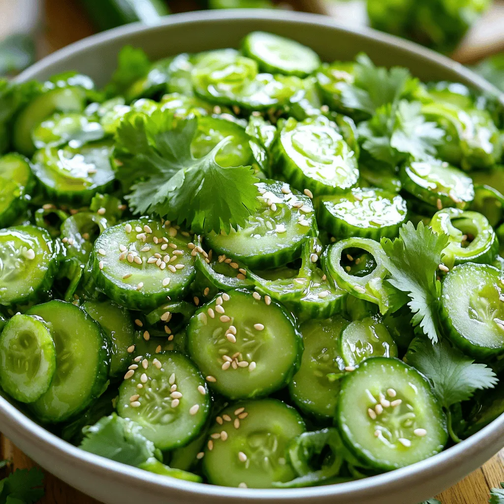 - 2 large cucumbers - 1 teaspoon salt - 2 tablespoons rice vinegar - 1 tablespoon sesame oil - 1 tablespoon low-sodium soy sauce - 1 tablespoon fresh lime juice - 1 garlic clove, minced - 1 teaspoon honey or agave syrup - 2 green onions, sliced - 1 tablespoon toasted sesame seeds - Fresh cilantro for garnish - Sriracha for heat - Chopped bell peppers for crunch - Avocado for creaminess To make my smashed cucumber salad fresh and tasty, I use these key ingredients. The cucumbers are the star of the dish. They add crunch and freshness. I like to use large cucumbers for this recipe. They have more water and taste better. The salt helps draw out excess moisture from the cucumbers. This step makes the salad crispier. Rice vinegar gives the salad a nice tang. Sesame oil adds a rich, nutty flavor. Low-sodium soy sauce enhances the taste without making it too salty. I also add fresh lime juice for brightness. The garlic brings in a strong flavor. Honey or agave syrup adds a touch of sweetness. Green onions give a nice bite, while toasted sesame seeds add a delightful crunch. Finally, fresh cilantro makes the salad pop with color and taste. You can also make it your own with optional ingredients. Adding Sriracha gives a spicy kick. Chopped bell peppers add more crunch. If you want creaminess, diced avocado works well, too. These ingredients help you create a salad that’s just right for you. For the complete recipe, make sure to check the Full Recipe section. - Wash the cucumbers well. - Cut off both ends of the cucumbers. - Smash each cucumber gently using a knife or rolling pin. - Cut the smashed cucumbers into bite-sized pieces. - In a bowl, combine rice vinegar, sesame oil, soy sauce, lime juice, minced garlic, and honey. - Whisk the mixture until it blends well. - Put the cut cucumbers in a bowl and sprinkle with salt. - Let them sit for 10 minutes to draw out water. - After 10 minutes, gently press the cucumbers to release more water. - Discard any excess liquid. - Pour the dressing over the cucumbers and mix to coat evenly. - Add sliced green onions and toasted sesame seeds. - Mix well before serving. - Let the salad marinate for 15 minutes to enhance the flavors. - Just before serving, garnish with fresh cilantro for added flavor. For the complete recipe, check out the Full Recipe. - How to choose the right cucumbers Pick firm cucumbers that feel heavy. Look for smooth skin without spots or wrinkles. English cucumbers are great for this salad. They have fewer seeds and are less bitter. - Importance of salting cucumbers Salting the cucumbers draws out water. This step is key for a crunchy salad. Let them sit with salt for about 10 minutes. This helps the salad stay crisp and flavorful. - Allowing salad to marinate After mixing in the dressing, let the salad rest. A 15-minute marination boosts the flavor. It gives time for the cucumbers to soak up the dressing. - Adding fresh herbs Fresh herbs like cilantro or mint can brighten the dish. Chop them finely and mix them in. They add a burst of freshness. - Experimenting with different acids (like lemon juice) While rice vinegar is great, try lemon or lime juice for a twist. Each acid gives a different taste. Adjust based on your preference for tanginess. - Adjusting sweetness levels with honey/agave If you like a hint of sweetness, add honey or agave. Start with a teaspoon and taste. You can always add more if you want it sweeter. {{image_2}} You can use different types of cucumbers for this salad. English cucumbers are long and thin. They have fewer seeds and a thin skin. They add a nice crunch. Regular cucumbers are shorter and thicker. They have more seeds and a thicker skin. You can also try pickling cucumbers. They are small and crunchy. They make your salad extra crisp and tasty. You can easily change some ingredients in this salad. For a vegan option, replace the honey with agave syrup. This keeps the salad sweet without using animal products. If you need a gluten-free version, switch the soy sauce for tamari. Tamari tastes similar but has no gluten. You can make your smashed cucumber salad even better. Adding nuts like peanuts or cashews gives a nice crunch. Just chop them up before mixing. You can also add proteins like tofu or chicken. This makes the salad heartier and more filling. It’s a great way to boost flavor and nutrition. To store leftovers, place your smashed cucumber salad in an airtight container. This keeps it fresh and tasty. Use glass or plastic containers with secure lids. Avoid using metal containers, as they may react with the dressing. You can keep the salad in the fridge for about three days. After that, the cucumbers may become too soft. Look for signs that the salad has gone bad, such as a sour smell or a change in color. If it looks slimy or has a strange odor, it's best to throw it away. Enjoy your Smashed Cucumber Salad from the Full Recipe! Smashed Cucumber Salad is a light and refreshing dish. It combines smashed cucumbers with a tasty dressing. This salad has roots in Asian cuisine, often served in Chinese meals. The smashing technique gives the cucumbers a unique texture. It allows the cucumbers to soak up the flavors of the dressing. You can enjoy it as a side or a main dish. Yes, you can make this salad ahead of time. However, it’s best to marinate it for only a short time. Allowing it to sit for 15 minutes helps the flavors mix well. If you wait too long, the cucumbers may get soggy. Store the salad in the fridge until you’re ready to serve. You can pair Smashed Cucumber Salad with many dishes. It goes great with grilled meats or fish. You can also serve it with rice or noodles for a light meal. This salad works well as a refreshing side dish or a main dish. Feel free to enjoy it any way you like! For the Full Recipe, check out the instructions above. This blog post covers all you need for a great Smashed Cucumber Salad. We discussed fresh ingredients, step-by-step prep, and helpful tips for flavor and texture. Remember, choose your cucumbers wisely. Factor in marination time for the best taste. Don’t hesitate to try variations or add ingredients to suit your taste. With these tips, you’ll create a delicious, refreshing salad that impresses every time. Enjoy making it your own!