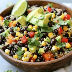 - Quinoa Quinoa is a tiny grain that packs a big punch. It is gluten-free and full of protein. You cook it by boiling it in water or broth. This makes it fluffy and tasty. - Black beans Black beans add protein and fiber to the salad. They are also rich in iron. Rinse and drain them before mixing to get rid of extra salt. - Fresh vegetables Colorful fresh veggies make the salad bright and healthy. Use diced red bell pepper, corn, and red onion for crunch and flavor. You can also add diced avocado for creaminess. - Dressing components The dressing ties all the flavors together. Use lime juice, olive oil, cumin, salt, and pepper. This mix adds tanginess and depth to the dish. Following these ingredient tips will ensure your Quinoa Black Bean Salad is fresh and full of flavor. For the complete recipe, check out the Full Recipe section. Cooking quinoa Start by bringing two cups of vegetable broth to a boil in a medium saucepan. Add one cup of rinsed quinoa to the boiling broth. Cover the pot and lower the heat. Let it simmer on low for about 15 minutes. Once the liquid is absorbed, remove it from the heat. Let it sit for five minutes. Fluff the quinoa with a fork to separate the grains. Combining ingredients In a large mixing bowl, mix the cooked quinoa with one can of rinsed and drained black beans. Next, add one diced red bell pepper, one cup of corn, one small finely chopped red onion, and one diced avocado. This mix adds color and flavor to your salad. Making the dressing In a small bowl, whisk together the juice of two limes, three tablespoons of olive oil, one teaspoon of cumin, and salt and pepper to taste. This dressing ties all the flavors together. Tossing the salad Pour the dressing over your salad mixture. Gently toss everything until well combined. Finally, fold in a quarter cup of chopped fresh cilantro. Adjust the seasoning if needed. Your salad is now ready to enjoy. For the full recipe, check the instructions above. Rinsing quinoa: Always rinse your quinoa before cooking. This removes the bitter coating called saponin. To rinse, place quinoa in a fine mesh strainer. Run cold water over it for a minute. This step makes the quinoa taste fresh and light. Ensuring maximum flavor: To boost flavor, cook quinoa in vegetable broth instead of water. The broth adds depth and richness. I like to add herbs or spices too. A pinch of cumin or garlic powder can elevate the taste. Avoiding mushy beans: Rinse your canned black beans well. This helps to remove excess sodium and starch. Drain them thoroughly and add them to the salad last. This keeps them firm and intact in the mix. Ideal pairings: Quinoa black bean salad goes well with grilled chicken or fish. It also pairs nicely with tacos or enchiladas. For a heartier meal, serve it with brown rice or quinoa. Presentation tips: Serve the salad in a large bowl. Garnish with extra cilantro and lime wedges on the side. This adds a vibrant touch. Use colorful bowls to make the dish pop. A sprinkle of feta cheese can also enhance the look and flavor. For the full recipe, check out the [Full Recipe]. {{image_2}} You can change up your quinoa black bean salad to keep it fresh. Here are some easy swaps: - Other beans and grains: You can use chickpeas or kidney beans instead of black beans. If you want a different grain, try using farro or brown rice. Each option adds a unique taste. - Additional vegetables: Feel free to add diced cucumbers, cherry tomatoes, or shredded carrots. These veggies bring more color and crunch to your salad. - Alternative dressings: Instead of the lime and olive oil dressing, try a balsamic vinaigrette or a tahini dressing. Each will give your salad a new flavor profile. This salad is already healthy, but you can tweak it to fit your needs. - Vegan and gluten-free options: This recipe is vegan since it has no animal products. It’s gluten-free too, so anyone can enjoy it without worry. - Lower-carb variations: To lower carbs, skip the corn and focus on more greens. You might add spinach or kale for a nutrient boost without the extra carbs. Feel free to explore these variations! They can help you make the quinoa black bean salad your own. Enjoy this healthy delight in any way you like. For the full recipe, check the earlier section. To keep your quinoa black bean salad fresh, store it in an airtight container. Place it in the fridge. It will stay good for about three days. If you want to freeze it, use a freezer-safe bag. Remove as much air as you can. This way, it can last up to three months. Just remember that some veggies may lose their crunch when frozen. You can reheat quinoa black bean salad in several ways. The best method is to use a microwave. Put it in a bowl and cover it loosely. Heat it in short bursts, stirring in between, to avoid hot spots. If you prefer a fresh taste, enjoy it cold. Add a sprinkle of lime juice and a dash of olive oil for extra flavor. You can also toss in freshly chopped herbs to revive its taste. How long does quinoa black bean salad last? Quinoa black bean salad stays fresh in the fridge for about 3 to 5 days. Store it in an airtight container to keep it tasty. After that, the veggies may lose their crunch. Can I make quinoa black bean salad ahead of time? Yes, you can make this salad a day in advance. Making it ahead lets the flavors blend well. Just cover it tightly and keep it in the fridge until you are ready to serve. What other ingredients can I add to the salad? You can add many tasty ingredients. Try cherry tomatoes, cucumbers, or jalapeños for extra flavor. Chopped spinach or kale can add more greens. Cheese, like feta or cotija, gives a creamy touch. Is quinoa black bean salad healthy? Yes, this salad is very healthy. Quinoa is a good source of protein and fiber. Black beans provide more protein, while veggies add vitamins and minerals. This salad is great for a balanced meal. How to serve quinoa black bean salad as a meal? Serve the salad on a plate or in a bowl. You can pair it with grilled chicken or shrimp for protein. It also works well as a side dish. For a light lunch, enjoy it on its own. Don't forget to check out the Full Recipe for more details! To wrap up, we broke down the key ingredients, steps, and tips for making quinoa black bean salad. You learned how to maximize flavor and prepare it perfectly. We also explored fun variations and storage ideas. This salad is healthy, easy to make, and adaptable. You can enjoy it fresh or as leftovers. Now you have all the tools to create a tasty and satisfying dish. Enjoy experimenting with your own twist!
