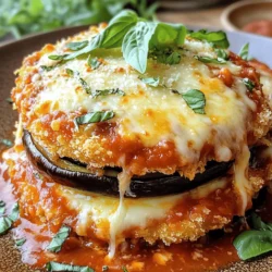 To make a great Eggplant Parmesan, you need the following ingredients: - 2 medium eggplants, sliced into 1/4-inch rounds - 1 teaspoon salt - 1 cup all-purpose flour - 3 large eggs, beaten - 2 cups breadcrumbs (preferably whole wheat) - 3 cups marinara sauce (store-bought or homemade) - 2 cups shredded mozzarella cheese - 1 cup grated Parmesan cheese - 1 tablespoon dried oregano - 1 tablespoon fresh basil, chopped (plus extra for garnish) - Olive oil for frying - Freshly ground black pepper, to taste You can swap some ingredients if needed. For the eggplant, zucchini works well. If you want a gluten-free option, use almond flour instead of all-purpose flour. For the breadcrumbs, try crushed cornflakes or gluten-free breadcrumbs. If you don't have mozzarella, use provolone or a dairy-free cheese. Use fresh herbs if you can find them, as they add bright flavors. Eggplant Parmesan pairs nicely with many sides. A simple green salad with lemon vinaigrette works great. Garlic bread is a classic choice too. For beverages, a light red wine, like Chianti, complements the dish well. If you prefer a non-alcoholic option, try sparkling water with a slice of lemon. You can find the full recipe in the recipe section. Enjoy your cooking! To prepare the eggplants, start by slicing them into 1/4-inch rounds. This helps them cook evenly. Place the slices in a colander, and sprinkle them with salt. The salt draws out moisture and bitterness. Let them sit for about 30 minutes. After this time, rinse the slices under cold water. Pat them dry with paper towels. This step is key to getting that perfect texture. Next, set up your breading station. Use three shallow bowls. Put all-purpose flour in the first bowl. In the second bowl, add the beaten eggs. In the third bowl, mix breadcrumbs with dried oregano and black pepper. Take each eggplant slice, and first coat it in flour. Shake off any extra flour. Then, dip it in the egg. Finally, coat it with the breadcrumb mixture. Make sure each slice is well-covered. This creates a nice crust when you fry them. Now it's time to cook! Heat olive oil in a large skillet over medium-high heat. You want enough oil to cover the bottom of the skillet. Fry the breaded eggplant slices in batches. Cook them for about 3-4 minutes on each side until they turn golden brown. After frying, place them on a paper towel-lined plate to drain excess oil. Preheat your oven to 375°F (190°C). Grab a 9x13 inch baking dish. Spread a layer of marinara sauce on the bottom. Layer half of the fried eggplant slices over the sauce. Sprinkle a layer of mozzarella and Parmesan cheeses on top. Repeat with the remaining eggplant, sauce, and cheeses. Cover the dish with foil and bake for 25 minutes. Remove the foil and bake for another 15-20 minutes. You want the cheese to be bubbly and golden. Once done, let the dish rest for 10 minutes before serving. Garnish with fresh basil for a beautiful finish. For the full recipe, check out the details mentioned earlier. To get crispy eggplant, first, salt the slices. This helps draw out moisture and bitterness. Let them sit for thirty minutes. Rinse and dry them well. After drying, coat them in flour, eggs, and breadcrumbs. Fry them in hot oil. This creates a golden, crunchy crust. Avoid skipping the salting step. This makes the eggplant soggy. Don’t overcrowd the pan while frying. This lowers the oil's temperature and makes them soft. Also, don’t skip resting them on paper towels. This removes extra oil and keeps them crispy. For a great look, slice the Eggplant Parmesan neatly. Place it on a colorful plate. Drizzle some extra marinara around the edges. Add fresh basil leaves on top for color. You can also serve it with a side salad or garlic bread for a complete meal. For the full recipe, check out the Cheesy Eggplant Delight section. {{image_2}} You can make Eggplant Parmesan vegetarian by skipping meat and using more veggies. To make it vegan, replace the cheese with cashew cheese or vegan mozzarella. You can also use nutritional yeast for a cheesy flavor. This way, everyone can enjoy a tasty dish! If you want to swap cheese, use a mix of almond cheese or soy cheese. These options melt nicely and give a good flavor. Another great choice is to use a blend of ricotta made from nuts. This change keeps the dish creamy and satisfying. Adding seasonal veggies can change your dish. Try adding spinach for a pop of color and nutrition. Mushrooms add a rich, earthy flavor. You can also mix in zucchini or bell peppers. These additions make your Eggplant Parmesan even more delightful and fun. For the full recipe, check the original guide! After enjoying your Eggplant Parmesan, store leftovers in an airtight container. Place the dish in the fridge within two hours. This keeps it fresh and safe. Use it within three to four days for the best taste. If you see any changes in smell or texture, it's time to toss it. Want to save some for later? You can freeze Eggplant Parmesan! Cut it into portions and wrap each piece tightly in plastic wrap. Then, place the wrapped pieces in a freezer bag. Label the bag with the date. It will stay good for about three months in the freezer. Just remember to let it cool completely before you freeze it. To reheat, you can use the oven or microwave. For the oven, preheat it to 350°F (175°C). Place the Eggplant Parmesan in a baking dish, cover it with foil, and heat for about 20 minutes. This helps it heat evenly. If using the microwave, heat it in short bursts, checking after each minute. Enjoy it warm and melty, just like when you first made it! For the best taste, avoid reheating more than once. Eggplant Parmesan comes from Italy. It is known as "Melanzane alla Parmigiana." This dish has roots in Southern Italy. Many believe it started in Sicily, where eggplants grow well. The dish highlights eggplants with rich tomato sauce and cheese. It reflects the simple yet bold flavors of Italian cooking. Yes, you can prepare Eggplant Parmesan in advance. You can keep it in the fridge for a day or two. Just assemble the layers without baking. Cover the dish with plastic wrap or foil. When you are ready to cook, bake it as directed. This saves time on busy days while keeping the flavors intact. To make Eggplant Parmesan gluten-free, swap out the flour and breadcrumbs. Use gluten-free flour and gluten-free breadcrumbs instead. Many stores offer these options now. You can also make your own breadcrumbs from gluten-free bread. This simple change lets everyone enjoy this tasty dish! This blog post explored how to make delicious Eggplant Parmesan. We covered ingredients and great alternatives for each one. I shared step-by-step instructions, so you can follow along easily. Tips helped you achieve crispy eggplant while avoiding common mistakes. I also provided variations for different diets and storage tips for leftovers. In closing, making Eggplant Parmesan can be simple and fun. With these tips, you’ll impress your friends and family! Enjoy the journey of cooking this classic dish.