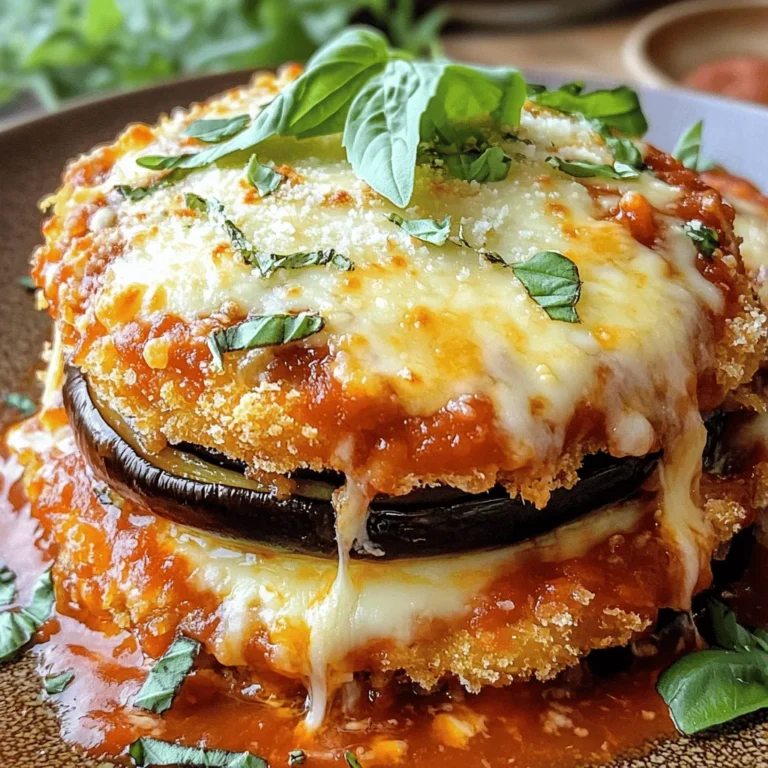 To make a great Eggplant Parmesan, you need the following ingredients: - 2 medium eggplants, sliced into 1/4-inch rounds - 1 teaspoon salt - 1 cup all-purpose flour - 3 large eggs, beaten - 2 cups breadcrumbs (preferably whole wheat) - 3 cups marinara sauce (store-bought or homemade) - 2 cups shredded mozzarella cheese - 1 cup grated Parmesan cheese - 1 tablespoon dried oregano - 1 tablespoon fresh basil, chopped (plus extra for garnish) - Olive oil for frying - Freshly ground black pepper, to taste You can swap some ingredients if needed. For the eggplant, zucchini works well. If you want a gluten-free option, use almond flour instead of all-purpose flour. For the breadcrumbs, try crushed cornflakes or gluten-free breadcrumbs. If you don't have mozzarella, use provolone or a dairy-free cheese. Use fresh herbs if you can find them, as they add bright flavors. Eggplant Parmesan pairs nicely with many sides. A simple green salad with lemon vinaigrette works great. Garlic bread is a classic choice too. For beverages, a light red wine, like Chianti, complements the dish well. If you prefer a non-alcoholic option, try sparkling water with a slice of lemon. You can find the full recipe in the recipe section. Enjoy your cooking! To prepare the eggplants, start by slicing them into 1/4-inch rounds. This helps them cook evenly. Place the slices in a colander, and sprinkle them with salt. The salt draws out moisture and bitterness. Let them sit for about 30 minutes. After this time, rinse the slices under cold water. Pat them dry with paper towels. This step is key to getting that perfect texture. Next, set up your breading station. Use three shallow bowls. Put all-purpose flour in the first bowl. In the second bowl, add the beaten eggs. In the third bowl, mix breadcrumbs with dried oregano and black pepper. Take each eggplant slice, and first coat it in flour. Shake off any extra flour. Then, dip it in the egg. Finally, coat it with the breadcrumb mixture. Make sure each slice is well-covered. This creates a nice crust when you fry them. Now it's time to cook! Heat olive oil in a large skillet over medium-high heat. You want enough oil to cover the bottom of the skillet. Fry the breaded eggplant slices in batches. Cook them for about 3-4 minutes on each side until they turn golden brown. After frying, place them on a paper towel-lined plate to drain excess oil. Preheat your oven to 375°F (190°C). Grab a 9x13 inch baking dish. Spread a layer of marinara sauce on the bottom. Layer half of the fried eggplant slices over the sauce. Sprinkle a layer of mozzarella and Parmesan cheeses on top. Repeat with the remaining eggplant, sauce, and cheeses. Cover the dish with foil and bake for 25 minutes. Remove the foil and bake for another 15-20 minutes. You want the cheese to be bubbly and golden. Once done, let the dish rest for 10 minutes before serving. Garnish with fresh basil for a beautiful finish. For the full recipe, check out the details mentioned earlier. To get crispy eggplant, first, salt the slices. This helps draw out moisture and bitterness. Let them sit for thirty minutes. Rinse and dry them well. After drying, coat them in flour, eggs, and breadcrumbs. Fry them in hot oil. This creates a golden, crunchy crust. Avoid skipping the salting step. This makes the eggplant soggy. Don’t overcrowd the pan while frying. This lowers the oil's temperature and makes them soft. Also, don’t skip resting them on paper towels. This removes extra oil and keeps them crispy. For a great look, slice the Eggplant Parmesan neatly. Place it on a colorful plate. Drizzle some extra marinara around the edges. Add fresh basil leaves on top for color. You can also serve it with a side salad or garlic bread for a complete meal. For the full recipe, check out the Cheesy Eggplant Delight section. {{image_2}} You can make Eggplant Parmesan vegetarian by skipping meat and using more veggies. To make it vegan, replace the cheese with cashew cheese or vegan mozzarella. You can also use nutritional yeast for a cheesy flavor. This way, everyone can enjoy a tasty dish! If you want to swap cheese, use a mix of almond cheese or soy cheese. These options melt nicely and give a good flavor. Another great choice is to use a blend of ricotta made from nuts. This change keeps the dish creamy and satisfying. Adding seasonal veggies can change your dish. Try adding spinach for a pop of color and nutrition. Mushrooms add a rich, earthy flavor. You can also mix in zucchini or bell peppers. These additions make your Eggplant Parmesan even more delightful and fun. For the full recipe, check the original guide! After enjoying your Eggplant Parmesan, store leftovers in an airtight container. Place the dish in the fridge within two hours. This keeps it fresh and safe. Use it within three to four days for the best taste. If you see any changes in smell or texture, it's time to toss it. Want to save some for later? You can freeze Eggplant Parmesan! Cut it into portions and wrap each piece tightly in plastic wrap. Then, place the wrapped pieces in a freezer bag. Label the bag with the date. It will stay good for about three months in the freezer. Just remember to let it cool completely before you freeze it. To reheat, you can use the oven or microwave. For the oven, preheat it to 350°F (175°C). Place the Eggplant Parmesan in a baking dish, cover it with foil, and heat for about 20 minutes. This helps it heat evenly. If using the microwave, heat it in short bursts, checking after each minute. Enjoy it warm and melty, just like when you first made it! For the best taste, avoid reheating more than once. Eggplant Parmesan comes from Italy. It is known as "Melanzane alla Parmigiana." This dish has roots in Southern Italy. Many believe it started in Sicily, where eggplants grow well. The dish highlights eggplants with rich tomato sauce and cheese. It reflects the simple yet bold flavors of Italian cooking. Yes, you can prepare Eggplant Parmesan in advance. You can keep it in the fridge for a day or two. Just assemble the layers without baking. Cover the dish with plastic wrap or foil. When you are ready to cook, bake it as directed. This saves time on busy days while keeping the flavors intact. To make Eggplant Parmesan gluten-free, swap out the flour and breadcrumbs. Use gluten-free flour and gluten-free breadcrumbs instead. Many stores offer these options now. You can also make your own breadcrumbs from gluten-free bread. This simple change lets everyone enjoy this tasty dish! This blog post explored how to make delicious Eggplant Parmesan. We covered ingredients and great alternatives for each one. I shared step-by-step instructions, so you can follow along easily. Tips helped you achieve crispy eggplant while avoiding common mistakes. I also provided variations for different diets and storage tips for leftovers. In closing, making Eggplant Parmesan can be simple and fun. With these tips, you’ll impress your friends and family! Enjoy the journey of cooking this classic dish.