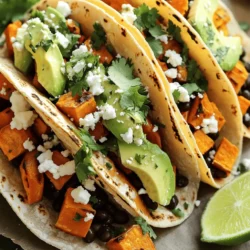 - 2 medium sweet potatoes, peeled and diced - 1 can (15 oz) black beans, rinsed and drained - 1 tablespoon olive oil - 1 teaspoon cumin - 1 teaspoon smoked paprika - 1/2 teaspoon chili powder - Salt and pepper to taste - 8 small corn or flour tortillas - 1 avocado, sliced The main ingredients create a hearty base. Sweet potatoes bring sweetness and fiber. Black beans add protein and richness. Tortillas hold everything together and make it easy to eat. - 1/2 cup crumbled feta or queso fresco - Fresh cilantro, chopped, for garnish - Lime wedges, for serving These optional ingredients can enhance your tacos. Cheese adds creaminess and flavor. Cilantro gives freshness, while lime adds zest. You can mix and match based on what you like. Feel free to try the full recipe for a delightful meal. 1. Preheat the oven and prepare ingredients First, set your oven to 425°F (220°C). This temperature helps the sweet potatoes get nice and crispy. 2. Toss sweet potatoes with oil and spices In a large bowl, combine the diced sweet potatoes, olive oil, cumin, smoked paprika, chili powder, salt, and pepper. Mix well so every piece is coated. This step adds great flavor to your tacos. 1. Roast sweet potatoes and heat black beans Spread the sweet potatoes on a baking sheet lined with parchment paper. Roast them for about 20-25 minutes. Stir them halfway through. They should be tender and caramelized. While they roast, heat the black beans in a small saucepan over medium heat. Add salt and pepper to taste. 2. Warm tortillas in a skillet In a dry skillet over medium heat, warm the tortillas for about 30 seconds on each side. This makes them soft and easy to fold. 1. Layering ingredients in tortillas Once the sweet potatoes are done, take a warm tortilla and add a generous spoonful of sweet potatoes. Then, add a good amount of black beans on top. 2. Adding garnishes Top your tacos with sliced avocado and feta or queso fresco if you like. Finish with fresh cilantro for a burst of flavor. Serve with lime wedges on the side for a zesty kick. For the complete instructions, check the Full Recipe. To make your sweet potato black bean tacos taste great, adjust the spices. You can add more cumin or smoked paprika for a stronger flavor. If you like heat, try different chili options. You can use fresh jalapeños or hot sauce to spice things up. Start with a little, and add more to find your perfect level of heat. When cooking sweet potatoes, roasting is best. It gives a nice caramelized flavor. Cut them into small, even pieces for quick cooking. If you boil sweet potatoes, they can become too soft. For black beans, ensure they heat evenly. Stir them often in the pan to keep them warm throughout. This way, every bite is tasty. Pair your tacos with salsa or sauces for added flavor. You can make a simple salsa with tomatoes, onion, and lime. This adds freshness to your meal. Think about creating a taco bar experience. Set out all the toppings like avocado, feta, and cilantro. Let everyone build their own tacos. It makes the meal fun and interactive. For the full recipe, check the earlier section. {{image_2}} You can change beans in this recipe. Pinto or kidney beans work well, too. They bring different tastes and textures to your tacos. Try mixing black beans with other beans for a unique twist. You can also explore other veggies. Bell peppers add a sweet crunch. Zucchini brings moisture and a mild flavor. Roast them alongside the sweet potatoes for an easy upgrade. You can make these tacos vegan. Simply skip the cheese or use a plant-based option. This way, everyone can enjoy them. If you need a gluten-free choice, use corn tortillas. They hold all the fillings well and taste great. For extra protein, add tempeh or tofu. Cook them with the spices. This makes the dish filling and adds a hearty bite. You can adjust the flavors to match your taste. Experiment with herbs like cilantro or parsley. Fresh herbs can brighten the dish and add depth. Adding fruit is a fun twist. Mango or pineapple chunks add sweetness. You can mix them in with the beans or use them as a topping. This can create a fresh and exciting flavor burst. For the full recipe, check out the detailed steps above. To keep your sweet potato black bean tacos fresh, refrigerate them right after serving. Place the tacos in an airtight container. This helps lock in flavor and moisture. Eat the leftovers within three days for the best taste. When reheating, use a skillet over medium heat. This method warms the tacos evenly. It also helps keep the tortillas soft. Avoid the microwave if you want to maintain texture. You want to enjoy every bite! You can freeze the cooked sweet potatoes and black beans. First, let them cool completely. Then, place them in freezer bags, removing as much air as possible. This keeps them fresh for up to three months. For tortillas, wrap them in foil or plastic wrap. You can also use freezer bags. Just make sure to separate them with parchment paper to prevent sticking. They can last about two months in the freezer. Understanding how long your ingredients last is key. Cooked sweet potatoes last about four days in the fridge. Black beans can stay fresh for about three to five days. When checking if your food is still good, look for signs. If the sweet potatoes smell sour or have dark spots, toss them. For black beans, if they look slimy or smell off, it's time to let them go. Keep your meals safe and tasty! For the full recipe, check out the details provided. Sweet potatoes and black beans offer great health benefits. Sweet potatoes are rich in vitamins A and C. They also have fiber, which helps digestion. Black beans are a good source of protein and iron. They help keep you full and support muscle health. Together, they create a balanced meal that is both tasty and good for you. This makes sweet potato black bean tacos a smart choice for any meal. Yes, you can prepare these tacos in advance. Cooked sweet potatoes and black beans store well in the fridge. Keep them in separate containers for freshness. You can make the filling one or two days ahead. Just warm them up before serving. To keep tortillas fresh, store them in a sealed bag. Warm them in a skillet when you’re ready to eat. This way, you can enjoy quick and easy tacos any time. To add heat, try adding jalapeños or red pepper flakes. You can mix these into the sweet potato filling. Another option is to use a spicy salsa as a topping. If you like hot sauce, drizzle some on top before serving. These tweaks will give your tacos a fun kick. Yes, you can use different tortillas for your tacos. Flour tortillas work well and are soft. You can also try whole wheat tortillas for a healthier option. If you want to go gluten-free, look for corn tortillas. Each type adds its own flavor and texture, so feel free to experiment. This blog post showed how to make tasty sweet potato and black bean tacos. We covered the key ingredients, preparation steps, and cooking methods. I shared tips to enhance flavor and ways to personalize your tacos. You can store leftovers properly to enjoy them later. Experiment with variations and spices for a taco you'll love. These tacos are simple, fun, and healthy. Enjoy the process of making them your own!