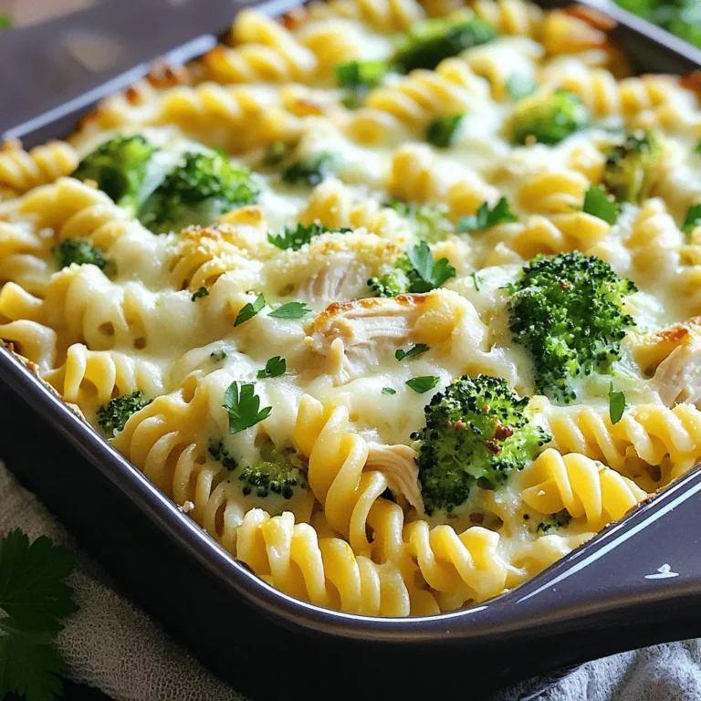 - 2 cups cooked rotini pasta - 2 cups cooked chicken breast, shredded - 2 cups Alfredo sauce (store-bought or homemade) - 1 cup broccoli florets, steamed - 1 cup mozzarella cheese, shredded - 1/2 cup parmesan cheese, grated - 1 teaspoon garlic powder - 1 teaspoon Italian seasoning - Salt and pepper to taste - Fresh parsley for garnish (optional) Gathering the right ingredients is key to making your Easy Chicken Alfredo Bake a hit. Start with rotini pasta, as its curls hold the sauce well. You will need cooked chicken breast, which can be shredded from leftovers or rotisserie chicken. The Alfredo sauce adds creaminess, so choose your favorite brand or make your own. Next, add steamed broccoli for some color and nutrition. The cheeses—mozzarella and parmesan—bring a lovely stretch and flavor. For seasoning, garlic powder and Italian seasoning enhance the dish. Finally, salt and pepper add a touch of balance. If you like, sprinkle fresh parsley on top for a pop of freshness. Make sure to check out the Full Recipe for detailed steps on how to bring these ingredients together into a delicious meal. 1. Preheat your oven to 350°F (175°C). This step warms up the oven, so your dish bakes evenly. 2. In a large mixing bowl, combine the cooked rotini pasta, shredded chicken, steamed broccoli, Alfredo sauce, garlic powder, Italian seasoning, salt, and pepper. Mix well until all ingredients are evenly coated. This ensures each bite is full of flavor. 1. Transfer the mixture into a greased 9x13 inch baking dish and spread it evenly. This will help the dish cook nicely. 2. Sprinkle the shredded mozzarella cheese and grated parmesan cheese evenly over the top. The cheese will melt and create a tasty crust. 3. Cover the baking dish with aluminum foil and bake in the preheated oven for 20 minutes. This helps the flavors blend together. 1. Remove the foil and bake for an additional 10 minutes, or until the cheese is bubbly and golden brown. This is when your kitchen will start to smell amazing. 2. Once baked, let it cool for a few minutes. This cooling time helps set the dish. You can garnish with fresh parsley if you like. Now, it’s ready to serve and enjoy! - Use leftover rotini or rotini from previous meals. It saves time and reduces waste. - Pre-cook chicken breast to save time. This step makes your dish come together faster. - Serve with garlic bread or mixed greens. This adds flavor and complements the meal well. - Ideal for meal prep and family gatherings. It’s easy to make and feeds many people. - Adjust seasoning to taste. Add more salt, pepper, or garlic powder if needed. - Experiment with different cheeses. Try cheddar or gouda for a new flavor twist. By following these tips, you can make your Easy Chicken Alfredo Bake even better. For the complete recipe, check out the Full Recipe section. {{image_2}} You can change this dish up easily. Use penne pasta instead of rotini. This swap gives a new look and feel to your meal. If you want to try something different, swap chicken for shrimp or beef. Both proteins cook well and add unique flavors. If you love a homemade touch, try making your own Alfredo sauce. It can taste even better than store-bought. You can also experiment with a cream sauce or a cheese blend. Mixing different cheeses can create a rich and creamy texture. Want to make it more colorful and healthy? You can add vegetables like bell peppers or spinach. They will add crunch and nutrition. If you like spice, try adding crushed red pepper. This simple addition gives your dish a nice kick. Store any leftovers in airtight containers. This keeps your Easy Chicken Alfredo Bake fresh for up to 3 days. Make sure to let it cool before sealing it up. This way, it won’t get soggy. You can freeze your Easy Chicken Alfredo Bake before baking it. Just prepare the dish and cover it well. It’s perfect for a quick meal later. When you're ready to bake, thaw it in the fridge overnight. This ensures even cooking and great texture. For the best texture, reheat your dish in the oven. Set it to 350°F (175°C) and cover it with foil. This keeps it moist. You can also microwave it for quick meals. Just use a microwave-safe dish and cover it loosely. Heat in short bursts to avoid overheating. Yes, you can make this dish a day before. Just prepare it and store it in the fridge. When you are ready to bake, take it out and follow the baking steps. This makes it easy for busy days and family dinners. To make homemade Alfredo sauce, melt butter in a pan. Add heavy cream and heat until warm. Stir in grated parmesan cheese and season with salt and pepper. This sauce is creamy and rich. You can also add garlic or herbs for extra flavor. You can use tofu or chickpeas instead of chicken. This makes it a great vegetarian option. Tofu will soak up the sauce well, while chickpeas add a nice texture. Feel free to add your favorite veggies too. Check for bubbling cheese on top. The cheese should also be golden brown. If both of these signs are present, your dish is ready to enjoy. The smell will also fill your kitchen, making it hard to wait! This dish combines rotini, chicken, Alfredo sauce, and veggies. It makes a creamy, tasty meal. You can customize it with different proteins and sauces. Store it easily and enjoy leftovers for days. Remember, experimenting with flavors enhances your dish. Now, gather your ingredients, follow the steps, and enjoy a delicious homemade meal. Cooking should be fun, so enjoy every bite!