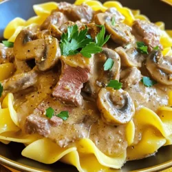 - 1 lb (450g) beef sirloin, thinly sliced - 2 tablespoons olive oil - 1 medium onion, diced - 3 cloves garlic, minced - 8 oz (225g) cremini mushrooms, sliced - 1 tablespoon all-purpose flour - 1 cup beef broth - 1 cup sour cream - 1 tablespoon Dijon mustard - 1 teaspoon paprika - Salt and pepper to taste - Fresh parsley, chopped (for garnish) - 8 oz (225g) egg noodles (or your choice of pasta) Choosing the right cut of beef: I recommend beef sirloin for its tenderness. It cooks well in this dish. Look for cuts with a nice red color and some marbling. This helps keep the meat juicy and full of flavor. Alternatives to sour cream: If you want a lighter option, try Greek yogurt. It offers a similar taste and creamy texture. For a dairy-free version, use coconut cream. It adds a unique flavor twist. How to select fresh mushrooms: Choose firm, dry mushrooms. They should have a nice color, free of dark spots. Smell them too; they should have a fresh, earthy scent. Avoid slimy or shriveled ones, as they are past their prime. For the full recipe, check the recipe above. Enjoy cooking this classic dish that warms the heart! To cook egg noodles, boil water in a large pot. Add a pinch of salt for flavor. Once the water is boiling, add the noodles. Cook them for about 7-9 minutes. Stir occasionally to prevent sticking. Check for doneness when they are tender yet slightly firm. This is called al dente. Drain the noodles in a colander and set them aside. They will soak up the sauce later. Use a large skillet for searing the beef. Heat olive oil over medium-high heat. This high heat is key to browning the beef well. Add the thinly sliced beef in a single layer. Don’t overcrowd the pan. Let it cook for about 3-4 minutes without stirring. This forms a nice brown crust. Once browned, remove the beef and set it aside. This step adds great flavor to the dish. In the same skillet, add diced onion and sauté until translucent, about 3 minutes. Next, add minced garlic and cook for one more minute. Then, toss in the sliced mushrooms and cook until tender, about 5-7 minutes. Sprinkle flour over this mix and stir it in. This helps to thicken the sauce. Gradually pour in beef broth while stirring. Let this simmer for 3-4 minutes until it thickens nicely. Reduce the heat to low before adding sour cream and Dijon mustard. Stir these in gently to avoid lumps. Finally, return the browned beef to the skillet. Mix well and let everything warm through for about 2-3 minutes. Season with salt and pepper to your taste. This will blend all the rich flavors together. Serve the beef stroganoff over your cooked noodles, and enjoy this savory delight! For the full recipe, check out the details above. To make your beef stroganoff perfect, avoid common mistakes. First, don’t overcook the beef. Sear it just until brown, then set it aside. This keeps it tender. Also, when adding sour cream, do it off the heat. This stops it from curdling. You can adjust flavors easily. If you like it tangy, add more Dijon mustard. If you prefer it creamier, add extra sour cream. Taste as you go! Pair your beef stroganoff with egg noodles, rice, or mashed potatoes. These sides soak up the sauce well. For a fresh touch, serve with a side salad. A simple green salad with vinaigrette works great. For garnish, sprinkle chopped parsley on top. It adds color and freshness, making your dish look even better. For busy weeknights, meal prep helps a lot. Chop onions and mushrooms ahead of time. You can also slice the beef. Store them in the fridge for quick use. If you want to save even more time, use a slow cooker or an Instant Pot. You can cook the beef with the sauce in one pot. This cuts down on dishes and makes cooking easier. Just follow the same steps but adjust the cooking time to fit your device. Check the [Full Recipe] for more details. {{image_2}} You can easily make beef stroganoff healthier. For a gluten-free dish, use gluten-free pasta. Many brands offer great options that taste good. You can also swap the all-purpose flour for a gluten-free blend. For leaner meat, use chicken or turkey breast instead of beef. These meats are lower in fat and calories. You can also try using lean cuts like flank or tenderloin. This way, you keep the flavor without the extra fat. To change the flavor, add your favorite spices. A pinch of cayenne can add heat. You might also try thyme or rosemary for a fresh twist. Incorporating vegetables can add color and nutrients. Spinach adds a nice green touch and cooks down well. Bell peppers add crunch and sweetness, making the dish even more interesting. You can explore many international takes on beef stroganoff. In Eastern Europe, they may use different mushrooms or even add pickles. Each country has its own twist, so feel free to experiment. For a fusion idea, try adding soy sauce for an Asian flair. You can also mix in salsa for a Mexican twist. These ideas can bring new life to a classic dish. For the full recipe, check out Savory Beef Stroganoff Delight. To store leftover beef stroganoff, let it cool first. Place it in an airtight container. This keeps the dish fresh and safe to eat. I prefer glass containers, as they don’t stain and are easy to clean. You can store it in the fridge for up to three days. Make sure to label the container with the date. If you want to keep beef stroganoff longer, freezing works well. Divide it into portions for easy meals later. Use freezer-safe containers or heavy-duty freezer bags. Remove as much air as possible to prevent freezer burn. To maintain flavor and texture, avoid freezing the dish with pasta. Instead, store the sauce separately. When ready to eat, thaw it overnight in the fridge. Reheat in a saucepan over low heat, stirring often. Beef stroganoff lasts about three days in the fridge. In the freezer, it can last for up to three months. Always check for signs of spoilage. If it smells off or has changed color, it’s best to toss it out. Proper storage helps you enjoy this savory meal later without losing taste! For beef stroganoff, I recommend using beef sirloin. It has great flavor and cooks well. You could also use tenderloin or flank steak. Both cuts are tender and easy to slice. Avoid tougher cuts like chuck, as they need longer cooking times. Yes, you can make beef stroganoff ahead of time. Cook it, then store it in the fridge for up to three days. To reheat, warm it gently on the stove. Add a bit of beef broth if it gets too thick. This helps keep it creamy. Beef stroganoff pairs well with egg noodles, rice, or mashed potatoes. A side of green beans or steamed broccoli adds color and crunch. You could also serve a simple salad for freshness. These sides balance the rich flavors of the stroganoff. Absolutely! While egg noodles are classic, you can use any pasta you like. Fettuccine or pappardelle works well too. For a gluten-free option, try rice noodles or gluten-free pasta. Just adjust cooking times as needed to ensure it’s tender. Yes, beef stroganoff can be frozen. Let it cool completely, then place it in an airtight container. It can last for up to three months in the freezer. To thaw, move it to the fridge overnight. Reheat on the stovetop for the best texture. Check for any signs of freezer burn before using. For the complete recipe, refer to the [Full Recipe]. Beef stroganoff is a rich and comforting dish made with simple ingredients. We explored key steps, from cooking the noodles to creating a creamy sauce that brings flavors together. Helpful tips helped you avoid common mistakes and mix in variations. Remember, each tweak you make can make the dish your own. Whether serving it on busy nights or special occasions, this meal can fit any scenario. With smart storage and prep ideas, you can enjoy beef stroganoff at its best. Dive in and get cooking!