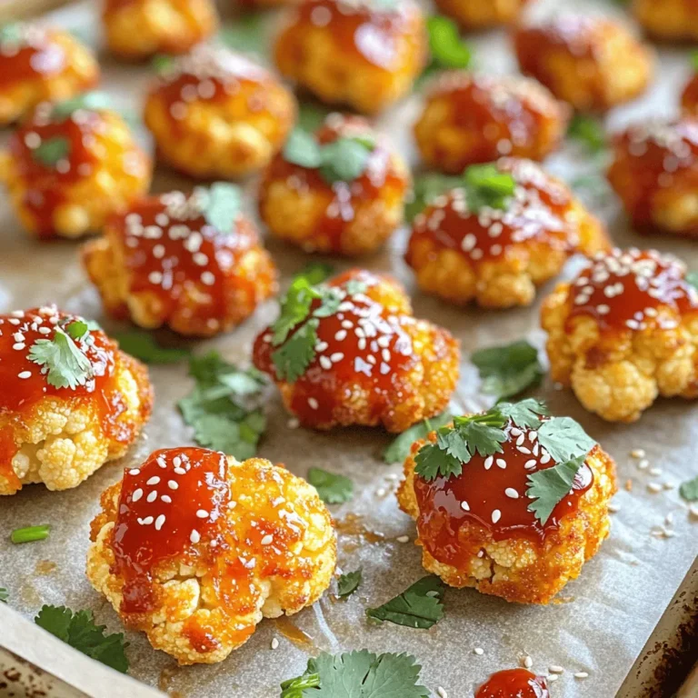 - Cauliflower florets - Sriracha sauce - Seasonings and spices The star of this recipe is the cauliflower. I use a large head of cauliflower, cut into bite-sized florets. This makes it easy to eat and perfect for snacking. Next, I turn to Sriracha sauce, which adds that spicy and tangy kick. For seasonings, I use garlic powder, onion powder, smoked paprika, salt, and black pepper. These spices bring depth and flavor to the bites. - Fresh cilantro - Sesame seeds Garnishing is key to presentation. I like to sprinkle fresh cilantro on top for a pop of color and freshness. Sesame seeds add a lovely crunch and a hint of nuttiness. Together, they elevate the dish and make it more appealing. - Honey or maple syrup - Flour alternatives For those who want a touch of sweetness, I recommend adding honey or maple syrup to the Sriracha mixture. It balances the heat and gives a nice glaze. If you need a gluten-free option, you can use flour alternatives like almond flour or chickpea flour. These options work just as well and keep the recipe inclusive for everyone. Check out the Full Recipe for a complete guide on making these spicy bites. 1. Preheat the oven and prepare the baking sheet: Start by preheating your oven to 425°F (220°C). This high heat will help the bites get crispy. While the oven heats up, line a baking sheet with parchment paper. This keeps the cauliflower from sticking and makes cleanup easier. 2. Prepare the batter: In a mixing bowl, combine one cup of all-purpose flour, one teaspoon of garlic powder, one teaspoon of onion powder, half a teaspoon of smoked paprika, one-fourth teaspoon of salt, and one-fourth teaspoon of black pepper. Slowly whisk in one cup of water until the batter is smooth. The batter should be thick enough to coat the cauliflower well. 1. Coat cauliflower in the batter: Take each cauliflower floret and dip it into the batter. Make sure it gets fully coated. This layer of batter is what makes the bites crispy when baked. Place the coated florets on the prepared baking sheet, leaving space between them. This helps them cook evenly and stay crispy. 2. Bake for the first time: Slide the baking sheet into the oven and bake for about 20 minutes. You want to look for a crispy and golden brown batter. This first bake sets the base for our spicy flavor. 1. Prepare the Sriracha mixture: While the cauliflower bakes, mix together half a cup of Sriracha sauce, two tablespoons of honey or maple syrup, and two tablespoons of olive oil in a separate bowl. Stir until well combined. This sauce will add a sweet and spicy kick to the bites. 2. Toss and bake again: After 20 minutes, take the baking sheet out of the oven. Drizzle the Sriracha mixture over the baked cauliflower. Use a spatula to gently toss the florets until they are well coated in the sauce. Return the baking sheet to the oven and bake for another 10 minutes. This second bake allows the sauce to caramelize, making the bites even more delicious and crispy. Enjoy your crispy and flavorful Spicy Sriracha Cauliflower Bites! For the full recipe, check out the detailed instructions. To get that perfect crunch, start with the right oven temperature. I recommend preheating your oven to 425°F (220°C). This hot temperature helps the batter crisp up nicely. Using a convection setting can also help. This setting circulates hot air around the cauliflower, making it even crispier. Want to amp up the flavor? Consider adding extra spices to the batter. A pinch of cayenne pepper or some dried herbs can make a big difference. You can also marinate the cauliflower before coating it. Letting the florets sit in the Sriracha sauce for 30 minutes adds depth and flavor. It’s a simple step that packs a punch! When it comes to serving, think outside the box. You can pair these bites with a cooling dip, like ranch or yogurt sauce. They also go well with rice or a fresh salad. For a fun twist, serve them in a taco with slaw and avocado. This adds a great crunch and makes a fun meal. {{image_2}} To make these bites vegan, you can substitute honey with maple syrup. Maple syrup adds sweetness without any animal products. For the batter, if you're gluten-free, you can use almond flour or chickpea flour instead of all-purpose flour. Both options give a nice texture and flavor. You can switch up the sauce for different tastes. Try buffalo sauce for a tangy kick or teriyaki sauce for a sweet twist. You can also add extra spices like cayenne pepper or smoked paprika to enhance the flavor. Experimenting with seasonings keeps each batch exciting. If you want crispy bites in less time, try using an air fryer. Just preheat it to 400°F (200°C) and cook for about 15 minutes. You can also fry the cauliflower in oil for a crispy texture. Heat oil in a pan and fry the coated florets until golden brown. Both methods work well for achieving that perfect crunch! To keep your Spicy Sriracha Cauliflower Bites fresh, store leftovers in an airtight container. Make sure they cool down to room temperature first. Place a paper towel in the container to absorb moisture. This helps keep them crispy. You can refrigerate them for up to three days. Reheating these bites can be tricky. You want them crispy, not soggy. The best method is to use the oven. Preheat your oven to 400°F (200°C). Spread the cauliflower bites on a baking sheet. Heat them for about 10 to 15 minutes. Check them often to ensure they do not burn. You can also use an air fryer for a quick and crispy option. Set it to 350°F (175°C) and cook for about 5 to 7 minutes. If you want to store these bites longer, freezing is a good option. First, let the bites cool completely. Then, spread them on a baking sheet in a single layer. Freeze them for about one hour until firm. After that, transfer them to a freezer-safe bag or container. Make sure to remove as much air as possible. They can last in the freezer for up to three months. To reheat, use the oven or air fryer method, just like before. Enjoy your crispy bites! For the full recipe, check out the instructions above. To make these bites vegan, swap honey for maple syrup. This keeps the dish sweet without using animal products. Use gluten-free flour if needed. Almond, coconut, or chickpea flour work well. This ensures everyone can enjoy them. Yes, you can use frozen cauliflower. Rinse the florets in cold water to thaw. Pat them dry before dipping them in the batter. This helps the batter stick well. Frozen cauliflower may need a few extra minutes to bake. Keep an eye on them to ensure they get crispy. These bites go well with many dishes. Try serving them with rice or quinoa for a full meal. They also pair nicely with a fresh salad. For drinks, a light beer or fruity soda complements the spice. You can even serve them as a snack for game day. Enjoy exploring these flavors with your favorites! You now have a complete guide to making Spicy Sriracha Cauliflower Bites. We covered the ingredients, step-by-step preparation, and tips for getting the perfect crisp. You learned about variations, including vegan options and storage methods. These bites can spice up any meal. Enjoy them as a snack or with your favorite dish. With this knowledge, you can create your own tasty twists. Dive into the kitchen, get creative, and enjoy your cooking adventure!