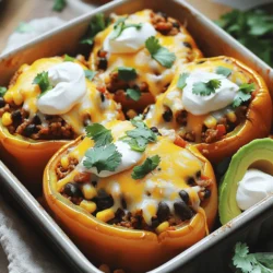 - 4 large bell peppers (any color) - 1 pound ground turkey or beef - 1 cup cooked rice (white or brown) - 1 can (15 oz) black beans, rinsed and drained - 1 cup corn (frozen or canned) - 1 packet taco seasoning - 1 cup diced tomatoes (fresh or canned) - 1 cup shredded cheese (cheddar or Mexican blend) - ½ cup chopped fresh cilantro (for garnish) - Sour cream and avocado slices (for serving) To make taco stuffed peppers, you need fresh and tasty ingredients. Start with bell peppers. These will hold the filling and add color to your dish. Choose any color you like. Next, get your ground turkey or beef. This is the heart of the dish. It gives that savory flavor that we love in tacos. Rice adds a nice texture to the filling. Use white or brown rice, depending on your taste. Black beans are next, and they bring fiber and protein. Rinse and drain them well before adding. Corn adds sweetness and crunch to the mix. You can use frozen or canned corn, whatever is easy for you. Don't forget taco seasoning! This packet gives all the spices and flavors in one go. Diced tomatoes add moisture and freshness. Choose fresh or canned, based on what you have. Finally, we need cheese! Shredded cheddar or a Mexican blend works great. It melts beautifully on top of the peppers. For a fresh finish, use chopped cilantro as a garnish. Serve with sour cream and avocado slices for a creamy touch. These ingredients combine to make a meal that is hearty and delicious. For the full recipe, check out the detailed steps on how to prepare this dish. - Preheat your oven to 375°F (190°C). - Cut the tops off the bell peppers and remove the seeds and membranes. To start, you need to get your oven nice and warm. This helps cook the peppers evenly. Next, take your bell peppers and cut off the tops. Make sure to remove the seeds and membranes. This step is key for flavor and texture. - Brown the ground turkey or beef in a skillet. - Add taco seasoning, diced tomatoes, rice, black beans, and corn. Now, heat a skillet over medium heat. Add the ground turkey or beef and break it apart as it cooks. You want it to be brown all over. Once it’s cooked, stir in the taco seasoning. This gives your filling that classic taco taste. Add the diced tomatoes, cooked rice, black beans, and corn. Mix it all well and let it simmer for about five minutes. This step ensures everything is heated through and the flavors meld nicely. - Stir in half of the cheese and stuff the peppers. - Place in a baking dish, top with cheese, cover, and bake. When your filling is ready, take it off the heat. Stir in half of the cheese for a melty goodness. Now, it's time to fill the peppers. Spoon the mixture into each pepper, packing it in gently. Place the stuffed peppers upright in a baking dish. Sprinkle the remaining cheese on top. Cover the dish with aluminum foil to keep it moist. Bake for 25 minutes, then remove the foil and bake for another 10-15 minutes. You want the peppers to be tender and the cheese bubbly. This step makes your meal look and taste amazing. For the full recipe, check out the instructions above. Enjoy your cooking adventure! How to choose the best bell peppers When picking bell peppers, look for smooth skin and bright colors. Choose peppers that feel heavy for their size. This means they have more flesh inside. Avoid any with blemishes or soft spots. Green, red, yellow, or orange peppers all work. Each adds a different taste and color to your dish. Tips for cooking the meat For great meat, use a hot skillet. Brown the meat well to add flavor. Break it apart as it cooks. This will help it cook evenly. Drain any excess fat after cooking. This keeps your dish from being greasy. Best cheese types for melting Cheddar and Mexican blend cheeses melt beautifully. They add a rich flavor to your peppers. You can also try pepper jack for a spicy kick. For a creamier texture, use Monterey Jack cheese. Mix different cheeses for more depth and variety. How to enhance flavors with cheese To boost flavors, add cheese at two stages. Stir half into the meat mix for creaminess. Then sprinkle the rest on top before baking. This gives you a gooey layer on top and a rich taste inside. For extra zest, try adding some crumbled queso fresco. Ideal sides to pair with stuffed peppers Taco stuffed peppers go well with a fresh salad. A side of rice or quinoa adds heartiness. You can also serve tortilla chips with salsa. This gives a nice crunch and extra flavor. Creative garnishing ideas Garnish with fresh cilantro for a bright touch. Sliced avocado adds creaminess and healthy fats. A dollop of sour cream gives a cool contrast. Squeeze some lime juice over the top for a zesty finish. These simple touches make your dish pop! {{image_2}} You can change this recipe to fit your diet. If you want a vegetarian version, just skip the meat. Use a mix of black beans, corn, and more veggies like zucchini or mushrooms. This keeps it filling and tasty. For those watching carbs, use cauliflower rice instead of regular rice. It gives the same texture with fewer carbs. Just make sure to squeeze out excess water from the cauliflower before mixing it in. This keeps your filling from getting soggy. Want to add some heat? You can spice it up by adding jalapeños or your favorite hot sauce to the filling. This will give your stuffed peppers a nice kick. You can also explore different flavors. Try a Tex-Mex theme by adding ingredients like salsa or guacamole. For a Mediterranean twist, use feta cheese and olives. The options are endless! For the full recipe, check out the details above. Enjoy your cooking! To keep your Taco Stuffed Peppers fresh, follow these steps: - Refrigerating: Place the stuffed peppers in an airtight container. You can store them in the fridge for up to 3 days. They taste great even after a few days! - Freezing: If you want to store them longer, freeze them. Wrap each pepper tightly in plastic wrap and then place them in a freezer bag. They can last for 2 to 3 months in the freezer. Just remember to label the bags with the date! When it comes to reheating, you have a few good options: - Oven: This method helps keep them warm and tasty. Preheat the oven to 350°F (175°C). Place the peppers in a baking dish and cover with foil. Heat them for about 20 minutes. - Microwave: If you’re in a hurry, this is fast! Put a stuffed pepper on a microwave-safe plate. Cover it with a damp paper towel. Heat for 1-2 minutes or until hot. To keep the peppers moist while reheating, add a splash of water to the dish. This helps avoid dry peppers. Enjoy your delicious leftovers! For the full recipe, check out the Taco Stuffed Peppers section. Yes, you can use different meats. Ground beef, turkey, or chicken all work well. You can even use pork for a different taste. If you want a lighter dish, go for turkey or chicken. For a richer flavor, stick with beef or pork. The peppers are done when they are soft and tender. Check them around 30 to 35 minutes. The cheese should be melted and bubbly on top. If you can easily pierce the peppers with a fork, they are ready to eat. You can serve rice or a fresh salad on the side. Cornbread or tortilla chips also pair nicely. For a refreshing touch, add some guacamole or salsa. These sides will round out your meal and add more flavors. Yes, you can prep these ahead of time. Stuff the peppers and keep them in the fridge. Bake them when you are ready to eat. You can also freeze them for later. Just thaw and bake when you want to enjoy them. Check out the Full Recipe for more tips! Taco Stuffed Peppers offer a fun twist on a classic dish. You learned how to prepare, stuff, and bake them perfectly. I provided tips for variations and serving ideas. Remember, you can make this meal your own. Use different meats or spices to match your taste. Enjoy trying new flavors and ways to serve this dish. It’s easy, tasty, and great for gathering with friends or family. Embrace your creativity and make it a meal you love!