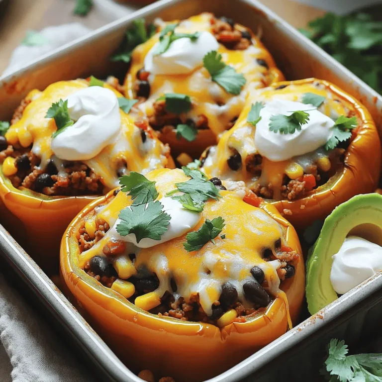- 4 large bell peppers (any color) - 1 pound ground turkey or beef - 1 cup cooked rice (white or brown) - 1 can (15 oz) black beans, rinsed and drained - 1 cup corn (frozen or canned) - 1 packet taco seasoning - 1 cup diced tomatoes (fresh or canned) - 1 cup shredded cheese (cheddar or Mexican blend) - ½ cup chopped fresh cilantro (for garnish) - Sour cream and avocado slices (for serving) To make taco stuffed peppers, you need fresh and tasty ingredients. Start with bell peppers. These will hold the filling and add color to your dish. Choose any color you like. Next, get your ground turkey or beef. This is the heart of the dish. It gives that savory flavor that we love in tacos. Rice adds a nice texture to the filling. Use white or brown rice, depending on your taste. Black beans are next, and they bring fiber and protein. Rinse and drain them well before adding. Corn adds sweetness and crunch to the mix. You can use frozen or canned corn, whatever is easy for you. Don't forget taco seasoning! This packet gives all the spices and flavors in one go. Diced tomatoes add moisture and freshness. Choose fresh or canned, based on what you have. Finally, we need cheese! Shredded cheddar or a Mexican blend works great. It melts beautifully on top of the peppers. For a fresh finish, use chopped cilantro as a garnish. Serve with sour cream and avocado slices for a creamy touch. These ingredients combine to make a meal that is hearty and delicious. For the full recipe, check out the detailed steps on how to prepare this dish. - Preheat your oven to 375°F (190°C). - Cut the tops off the bell peppers and remove the seeds and membranes. To start, you need to get your oven nice and warm. This helps cook the peppers evenly. Next, take your bell peppers and cut off the tops. Make sure to remove the seeds and membranes. This step is key for flavor and texture. - Brown the ground turkey or beef in a skillet. - Add taco seasoning, diced tomatoes, rice, black beans, and corn. Now, heat a skillet over medium heat. Add the ground turkey or beef and break it apart as it cooks. You want it to be brown all over. Once it’s cooked, stir in the taco seasoning. This gives your filling that classic taco taste. Add the diced tomatoes, cooked rice, black beans, and corn. Mix it all well and let it simmer for about five minutes. This step ensures everything is heated through and the flavors meld nicely. - Stir in half of the cheese and stuff the peppers. - Place in a baking dish, top with cheese, cover, and bake. When your filling is ready, take it off the heat. Stir in half of the cheese for a melty goodness. Now, it's time to fill the peppers. Spoon the mixture into each pepper, packing it in gently. Place the stuffed peppers upright in a baking dish. Sprinkle the remaining cheese on top. Cover the dish with aluminum foil to keep it moist. Bake for 25 minutes, then remove the foil and bake for another 10-15 minutes. You want the peppers to be tender and the cheese bubbly. This step makes your meal look and taste amazing. For the full recipe, check out the instructions above. Enjoy your cooking adventure! How to choose the best bell peppers When picking bell peppers, look for smooth skin and bright colors. Choose peppers that feel heavy for their size. This means they have more flesh inside. Avoid any with blemishes or soft spots. Green, red, yellow, or orange peppers all work. Each adds a different taste and color to your dish. Tips for cooking the meat For great meat, use a hot skillet. Brown the meat well to add flavor. Break it apart as it cooks. This will help it cook evenly. Drain any excess fat after cooking. This keeps your dish from being greasy. Best cheese types for melting Cheddar and Mexican blend cheeses melt beautifully. They add a rich flavor to your peppers. You can also try pepper jack for a spicy kick. For a creamier texture, use Monterey Jack cheese. Mix different cheeses for more depth and variety. How to enhance flavors with cheese To boost flavors, add cheese at two stages. Stir half into the meat mix for creaminess. Then sprinkle the rest on top before baking. This gives you a gooey layer on top and a rich taste inside. For extra zest, try adding some crumbled queso fresco. Ideal sides to pair with stuffed peppers Taco stuffed peppers go well with a fresh salad. A side of rice or quinoa adds heartiness. You can also serve tortilla chips with salsa. This gives a nice crunch and extra flavor. Creative garnishing ideas Garnish with fresh cilantro for a bright touch. Sliced avocado adds creaminess and healthy fats. A dollop of sour cream gives a cool contrast. Squeeze some lime juice over the top for a zesty finish. These simple touches make your dish pop! {{image_2}} You can change this recipe to fit your diet. If you want a vegetarian version, just skip the meat. Use a mix of black beans, corn, and more veggies like zucchini or mushrooms. This keeps it filling and tasty. For those watching carbs, use cauliflower rice instead of regular rice. It gives the same texture with fewer carbs. Just make sure to squeeze out excess water from the cauliflower before mixing it in. This keeps your filling from getting soggy. Want to add some heat? You can spice it up by adding jalapeños or your favorite hot sauce to the filling. This will give your stuffed peppers a nice kick. You can also explore different flavors. Try a Tex-Mex theme by adding ingredients like salsa or guacamole. For a Mediterranean twist, use feta cheese and olives. The options are endless! For the full recipe, check out the details above. Enjoy your cooking! To keep your Taco Stuffed Peppers fresh, follow these steps: - Refrigerating: Place the stuffed peppers in an airtight container. You can store them in the fridge for up to 3 days. They taste great even after a few days! - Freezing: If you want to store them longer, freeze them. Wrap each pepper tightly in plastic wrap and then place them in a freezer bag. They can last for 2 to 3 months in the freezer. Just remember to label the bags with the date! When it comes to reheating, you have a few good options: - Oven: This method helps keep them warm and tasty. Preheat the oven to 350°F (175°C). Place the peppers in a baking dish and cover with foil. Heat them for about 20 minutes. - Microwave: If you’re in a hurry, this is fast! Put a stuffed pepper on a microwave-safe plate. Cover it with a damp paper towel. Heat for 1-2 minutes or until hot. To keep the peppers moist while reheating, add a splash of water to the dish. This helps avoid dry peppers. Enjoy your delicious leftovers! For the full recipe, check out the Taco Stuffed Peppers section. Yes, you can use different meats. Ground beef, turkey, or chicken all work well. You can even use pork for a different taste. If you want a lighter dish, go for turkey or chicken. For a richer flavor, stick with beef or pork. The peppers are done when they are soft and tender. Check them around 30 to 35 minutes. The cheese should be melted and bubbly on top. If you can easily pierce the peppers with a fork, they are ready to eat. You can serve rice or a fresh salad on the side. Cornbread or tortilla chips also pair nicely. For a refreshing touch, add some guacamole or salsa. These sides will round out your meal and add more flavors. Yes, you can prep these ahead of time. Stuff the peppers and keep them in the fridge. Bake them when you are ready to eat. You can also freeze them for later. Just thaw and bake when you want to enjoy them. Check out the Full Recipe for more tips! Taco Stuffed Peppers offer a fun twist on a classic dish. You learned how to prepare, stuff, and bake them perfectly. I provided tips for variations and serving ideas. Remember, you can make this meal your own. Use different meats or spices to match your taste. Enjoy trying new flavors and ways to serve this dish. It’s easy, tasty, and great for gathering with friends or family. Embrace your creativity and make it a meal you love!