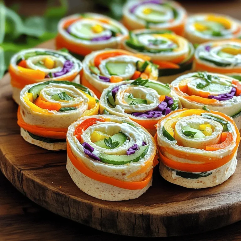 To make these tasty pinwheels, you need the following main ingredients: - 4 large whole wheat tortillas - 1 cup cream cheese, softened - 1 tablespoon ranch seasoning mix - 1 cup shredded carrots - 1 cup cucumber, thinly sliced - 1 red bell pepper, thinly sliced - 1 yellow bell pepper, thinly sliced - 1 cup baby spinach leaves - ½ cup purple cabbage, finely shredded - Fresh herbs (like dill or parsley) for garnish Each ingredient plays a key role. The tortillas hold everything together. Cream cheese adds creaminess and flavor. Ranch mix gives a nice kick. The veggies bring color, crunch, and nutrients. Feel free to get creative! Here are some optional add-ins you can try: - Hummus for a twist on the spread - Avocado slices for creaminess - Sliced olives for a briny touch - Sliced radishes for extra crunch - Sprouts or microgreens for a fresh finish These add-ins can change the taste and make your pinwheels more fun. Mix and match to find your favorite combo! Gather these tools to make your pinwheels: - A medium bowl for mixing - A sharp knife for cutting - A cutting board for assembling - A spatula or knife for spreading Having the right tools makes cooking easier. With these items, you will whip up these pinwheels in no time! For the full recipe, check out the recipe section. Start by mixing cream cheese and ranch seasoning. Use a medium bowl for this task. Blend them together until smooth. This spread adds flavor and creaminess to your pinwheels. Make sure it is soft enough to spread easily. Take one tortilla and lay it flat. Spread a thin layer of the cream cheese mix over it. Next, add a handful of baby spinach leaves. This gives a nice base for your veggies. Then, layer on the shredded carrots, cucumber slices, and bell peppers. These colorful veggies make your pinwheels pop! Lastly, sprinkle some shredded purple cabbage for crunch. Now, start rolling the tortilla from one end. Roll it tightly to keep all the fillings inside. Repeat this with the other tortillas and fillings until you have a few rolls ready. Grab a sharp knife to slice the rolled tortillas. Cut them into 1-inch thick pieces for easy eating. Arrange the pinwheels on a serving platter. For a nice touch, garnish with fresh herbs like parsley or dill. This adds flavor and a pop of color to your dish. You can find the full recipe above for more details. To keep leftover pinwheels fresh, wrap them tightly in plastic wrap. This prevents air from drying them out. You can also use a sealable bag. Store them in the fridge for up to two days. Make sure to slice them before serving for easy snacking! Add more color to your pinwheels by using a mix of veggies. Try adding radishes for a pop of red. Use purple carrots for a unique twist. You can even layer the veggies in a rainbow pattern. This makes each slice a vibrant treat that kids will love! Feel free to swap out veggies for ones you enjoy. Zucchini or avocados work great. Want some crunch? Add bell peppers or jicama. Don’t forget about herbs! Fresh basil or cilantro can add flavor. Each time you make it, you can create a new version! For the full recipe, check out the details above. {{image_2}} You can swap the cream cheese for hummus or guacamole. These spreads add a rich taste. Use flavored hummus for more fun. Try roasted red pepper or garlic for a twist. If you want a kick, add spicy mustard. Each spread changes the taste and keeps it fresh. To make this dish gluten-free, use rice paper wraps or gluten-free tortillas. For a vegan option, use dairy-free cream cheese or avocado. Both choices keep the flavors bright and tasty. They also make the pinwheels suitable for everyone. Enjoy your snacks without worry about diets. You can mix and match veggies for fun colors. Use orange carrots, green cucumbers, and red peppers. Add in yellow squash or purple radishes for variety. Think about using different greens like kale or arugula. These choices keep your pinwheels colorful and appealing. The more colors, the more fun the snack! For more ideas, check out the full recipe. To keep your rainbow veggie pinwheels fresh, wrap them tightly. Use plastic wrap or foil. Place them in an airtight container. This method helps seal in moisture and flavor. Store them in the fridge. They are best enjoyed cold. You can freeze pinwheels for later enjoyment. First, slice them into pieces. Then, wrap each piece in plastic wrap. Place the wrapped pieces in a freezer bag. Squeeze out the air before sealing. They can last up to three months in the freezer. When you're ready, let them thaw in the fridge overnight. These pinwheels stay fresh for about three days in the fridge. If you notice any wilting in the veggies, it's time to eat them. To keep them fresh longer, avoid adding too much moisture. Serve them with dips on the side. This way, they stay crispy and colorful. Enjoy your rainbow veggie pinwheels as a fun snack or light meal! For the full recipe, check the details above. You can prepare Rainbow Veggie Pinwheels a day in advance. Just follow these steps: - Make the pinwheels as directed in the recipe. - After rolling, wrap each pinwheel in plastic wrap. - Store them in the fridge until you are ready to serve. This keeps them fresh and helps the flavors blend well. When you are ready, simply slice and serve. Yes, you can use other tortillas for your pinwheels. Here are a few options: - Spinach tortillas add a nice green color. - Tomato basil tortillas give a sweet flavor. - Gluten-free tortillas are great for those with dietary needs. Feel free to choose what you like best! Dips make veggie pinwheels even more fun. Here are some tasty options: - Hummus pairs well and adds extra flavor. - Ranch dressing matches the cream cheese spread. - Salsa brings a zesty kick to your snack. Try different dips to find your favorite! Rainbow veggie pinwheels are a fun and tasty treat. This blog shared easy steps for making them. You learned about key ingredients, optional add-ins, and equipment needed. We also covered how to prepare, assemble, and serve your pinwheels. Remember, these snacks can be customized to your taste and stored safely. They’re colorful, healthy, and perfect for many occasions. Try them with different spreads or vegetables to keep things exciting. Enjoy your cooking and keep experimenting with flavors!