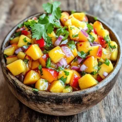 - 2 ripe peaches, diced - 1 small red onion, finely chopped - 1 jalapeño, seeded and minced - 1 red bell pepper, diced - 1 tablespoon fresh lime juice - 1 tablespoon honey - 1/4 cup fresh cilantro, chopped - Salt and pepper to taste How to choose ripe peaches When selecting peaches, look for ones that feel firm but yield slightly to pressure. Their skin should be smooth and fragrant. Avoid peaches with green spots; this means they are not ripe. Selecting the right onion and peppers Choose a red onion that is firm and has smooth skin. For jalapeños, pick peppers that are bright green and have a shiny look. Check for firmness, as soft spots indicate over-ripeness. Importance of fresh herbs Fresh cilantro adds a burst of flavor to your salsa. Look for bright green leaves with no wilting. Fresh herbs enhance the taste and aroma of your dish, making it more enjoyable. For more details, check the Full Recipe. Start by dicing your ripe peaches into small, bite-sized pieces. Use a sharp knife for clean cuts. Next, finely chop the red onion and red bell pepper. This adds crunch and flavor. For the jalapeño, slice it in half and remove the seeds. This keeps the heat down. Finely mince the jalapeño to mix well. Finally, in a small bowl, whisk together the lime juice and honey. This mixture adds a sweet and tangy kick. In a medium bowl, mix the diced peaches, chopped onion, minced jalapeño, and diced bell pepper. Stir gently to avoid mashing the peaches. Next, pour the lime-honey mixture over the fresh ingredients. Toss everything together until it’s well coated. Add the chopped cilantro last. Season your salsa with salt and pepper to your liking. Mix it gently to keep the peaches intact. Peach salsa shines when served with tortilla chips. It also pairs well with grilled chicken or fish. You can spoon it over tacos for added flavor. For the best taste, let your salsa chill in the fridge for about 10-15 minutes. This waiting time allows the flavors to blend beautifully. Enjoy your fresh and vibrant peach salsa! Check out the Full Recipe for more details. To make great peach salsa, balance is key. You want the sweetness of the peaches to shine, but also have a nice tang. Use lime juice for acidity. This combo keeps the salsa fresh and lively. If you like heat, adjust spice levels to your taste. Start with one jalapeño and add more if you want. Remember, some peppers pack a bigger punch than others. Taste as you go to find your sweet spot! Want to cut back on sugar? Try alternative sweeteners. Agave syrup or maple syrup can work well. Just remember to use less, as these sweeteners can be sweeter than honey. First impressions matter. Serve your peach salsa in colorful bowls. Bright colors make the dish pop and look inviting. You can even layer the salsa in a clear glass for a fun look. Garnish adds flair. Use fresh cilantro or a slice of lime on top. You can also sprinkle crumbled feta or avocado for added color and taste. A little extra care goes a long way in making your salsa shine! Fresh ingredients are a must. To ensure your peaches last, store them at room temperature until ripe. Once they are ripe, keep them in the fridge. For the best salsa, time matters. Let the flavors meld by resting the salsa for 10-15 minutes. This helps all the tastes blend perfectly. For longer storage, use an airtight container. Your salsa will stay fresh in the fridge for about three days. Enjoy your peach salsa as soon as you can for the best flavor! For the full recipe, check [Full Recipe]. {{image_2}} You can change peach salsa by adding other fruits. Mango brings a sweet touch. Pineapple adds a tropical vibe. Both fruits mix well with peaches. You can chop them small like the peaches. Citrus fruits like lime or orange add a zing. Their bright flavor lifts the salsa. Try mixing these fruits for fun new tastes. Want your salsa spicier? Use more jalapeños or add hotter peppers. Serrano or habanero can kick up the heat. If you prefer it mild, remove the seeds. You can also mash in some fresh or dried spices. Paprika gives a nice taste without too much heat. Adjust to your liking for the perfect bite. This salsa is easy to make vegan. Replace honey with agave syrup. This keeps the sweetness while being plant-based. You can also add black beans for protein. They add texture and fiber. This makes the salsa heartier and more filling. You can enjoy it as a snack or a meal. You can find the full recipe for peach salsa [here](#). To keep your peach salsa fresh, use an airtight container. This helps seal in flavor and prevents spoilage. Make sure the container is clean and dry before use. After you make the salsa, store it in the fridge. The cold will help preserve its taste and texture. Try to eat your salsa within three days for the best flavor. If you want to save salsa for later, freezing is a great option. Start by placing the salsa in a freezer-safe container or a sturdy plastic bag. Remove as much air as possible to prevent freezer burn. You can freeze peach salsa for up to three months. When you’re ready to use it, thaw the salsa in the fridge overnight. After it's thawed, you can stir it well and add fresh herbs if you like. You can keep peach salsa in the fridge for about three to five days. If you see any changes in color or smell, it might be bad. Mold is another sign that it should be thrown out. Always check for these signs to avoid eating spoiled salsa. To add heat, you can use more jalapeño. Milder peppers like poblano are great too. Try adding a pinch of cayenne pepper for an extra kick. If you like it super hot, use habanero peppers. Always taste as you go. Adjust until it suits your taste! Yes, you can use canned peaches. They save time and are easy to find. However, fresh peaches taste better and have better texture. Canned peaches can be mushy and less flavorful. If you use them, drain the syrup well. This helps keep the salsa fresh. Peach salsa is perfect with grilled chicken or fish. It adds a sweet and spicy touch. You can serve it with tortilla chips for a fun appetizer. Try it on tacos or burritos for a flavor boost. It also works well as a topping for salads! Peach salsa is a fun and fresh dish. We covered key ingredients like peaches, onions, and peppers. Selecting ripe produce is vital for great flavor. You learned how to prep, mix, and serve it well. Remember, balancing sweetness and spice makes a difference. You can also add fruit or adjust the heat. Storing it properly keeps it fresh longer. Enjoy experimenting with variations! Cater this dish to your taste, and impress your friends with your new skills.