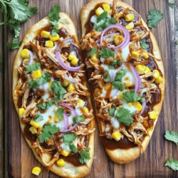 - 2 flatbreads or naan bread - 1 cup cooked chicken, shredded - 1/2 cup BBQ sauce - 1 cup shredded mozzarella cheese - 1/2 cup red onion, thinly sliced - 1/2 cup corn kernels (canned or frozen) - 1/4 cup fresh cilantro, chopped - 1 teaspoon olive oil - Salt and pepper to taste The ingredients for BBQ chicken flatbread pizza are simple and easy to find. You can use flatbreads or naan bread as your base. I love using naan because it adds a nice texture. Shredded cooked chicken is key here. It mixes well with BBQ sauce. I recommend using about a cup for full flavor. Next, grab some BBQ sauce. Use your favorite brand or homemade. It really boosts the flavor. You'll also need mozzarella cheese to melt on top. It gives that gooey, cheesy goodness we all love. Red onions add a nice crunch and sharpness. Thinly slice them so they cook well. Corn kernels bring sweetness. You can use canned or frozen corn. Fresh cilantro adds a burst of color and flavor. Finally, a little olive oil, salt, and pepper help enhance everything. - Alternative proteins: You can swap chicken for pulled pork, beef, or tofu. - Cheese options: Try cheddar, gouda, or dairy-free cheese if you prefer. - Gluten-free flatbread options: Look for gluten-free flatbreads or rice-based alternatives. These substitutions keep the dish fun and flexible. You can easily make BBQ chicken flatbread pizza to fit your taste! For the full recipe, check out the details above. - Preheat the oven to 400°F (200°C). This temperature helps the flatbread get crispy. - In a small bowl, mix the shredded chicken with half of the BBQ sauce. Make sure the chicken is well coated. - Lightly brush the flatbreads with olive oil and season with salt and pepper. This adds flavor and helps with crispiness. - Spread the remaining BBQ sauce evenly over the flatbreads. Leave a small border around the edges. - Evenly distribute the BBQ chicken mixture on top of the sauce. This ensures every bite is full of flavor. - Sprinkle the mozzarella cheese over the chicken. Then add the sliced red onion and corn kernels. - Place the flatbreads on a baking sheet. Bake for 12-15 minutes. Look for the cheese to melt and bubble, and the edges to turn golden. - Once done, remove them from the oven. Let them cool for a couple of minutes. This step makes slicing easier. - Garnish liberally with fresh cilantro before cutting into pieces. It adds a nice touch and fresh taste. For the full details, check the Full Recipe. To get the perfect crispy flatbread, start by preheating your oven. A hot oven helps the flatbread crisp up nicely. Brush your flatbreads with olive oil and season them with salt and pepper. This adds flavor and helps with browning. Bake the flatbreads for about 12-15 minutes. Keep an eye on them to avoid burning. For melting cheese, use shredded mozzarella. It melts well and becomes gooey. Spread the cheese evenly over your toppings. This helps it melt uniformly. If you want extra meltiness, you can cover the flatbreads with aluminum foil for the first half of baking. Then remove it to let the cheese bubble. To add more flavor, consider spices or herbs. A sprinkle of smoked paprika or garlic powder can elevate your dish. Fresh herbs like oregano or thyme can also enhance the taste. Just sprinkle them on before baking for a fragrant boost. When it comes to BBQ sauce, homemade is often the best choice. It lets you control the flavor and sweetness. But if you're short on time, store-bought sauces work too. Look for one that is bold and has a nice balance of sweetness and tang. For a beautiful presentation, serve your flatbreads on a wooden cutting board. This adds a rustic touch. Drizzle extra BBQ sauce on top for a nice visual appeal. You can use a squeeze bottle for a neat effect. Garnish with chopped cilantro right before serving for a pop of color. This makes your dish look inviting and delicious. {{image_2}} You can switch things up with different flavors. For a spicy kick, try buffalo chicken flatbread pizza. Just swap out the BBQ sauce for buffalo sauce. Use shredded chicken, and top it with mozzarella. The heat from the buffalo sauce pairs well with cool ranch dressing as a drizzle. Another option is a Mediterranean-style flatbread. Use feta cheese, olives, and roasted red peppers. This version gives you a fresh taste. The tangy feta adds a nice zing. These unique twists keep your meals exciting. If you want a vegetarian option, load your flatbread with grilled veggies. Bell peppers, zucchini, and mushrooms work great. You can also add plant-based proteins like chickpeas or tempeh for a hearty touch. For cheese lovers, consider dairy-free cheese options. Almond or cashew cheese melts well and tastes great. Use a homemade or store-bought tomato sauce instead of BBQ sauce. This way, you can enjoy a tasty pizza without any meat. BBQ chicken flatbread pizza shines in summer. It’s perfect for picnics or backyard gatherings. You can add seasonal toppings like fresh basil or cherry tomatoes. These give your pizza a bright, fresh flavor. In winter, make comfort variations. Top your flatbread with roasted winter vegetables like squash or Brussels sprouts. A sprinkle of nutmeg can add warmth. This makes your BBQ chicken flatbread pizza cozy and satisfying. Explore these variations to keep your meals fun and flavorful! For more ideas, check out the Full Recipe. To store your BBQ chicken flatbread pizza leftovers, let them cool first. Place the slices in an airtight container. This helps keep them fresh for longer. You can store them in the fridge for up to three days. If you want to keep them longer, consider freezing. The best containers for storage are glass or plastic. Choose ones that seal tightly. This prevents air from getting in and keeps the pizza tasty. To reheat your flatbread pizza, you want to keep it crispy. For the oven, preheat to 350°F (175°C). Place the slices on a baking tray and heat for about 10 minutes. This keeps the crust nice and crunchy. If you use a microwave, place a slice on a plate. Heat for about 30 seconds. This method is quick but may make the crust softer. You can also use an air fryer. Set it to 350°F (175°C) and heat for about 5 minutes. This gives you a crispy finish, just like fresh out of the oven. You can freeze BBQ chicken flatbread pizza, both unbaked and baked. If you freeze it raw, prepare it first but don’t bake it. Wrap each flatbread tightly in plastic wrap and then foil. This helps avoid freezer burn. For baked flatbreads, let them cool completely. Wrap them the same way. They can last up to three months in the freezer. To thaw, place the frozen flatbread in the fridge overnight. For quick reheating, bake it straight from the freezer. Adjust the baking time to ensure it heats through and stays delicious. BBQ chicken flatbread pizza stays good for about 3 to 4 days in the fridge. To keep it fresh, wrap it tightly in plastic wrap or store it in an airtight container. This way, you prevent it from drying out. If you notice any odd smells or changes, it’s best to toss it out. Always check for freshness before enjoying your leftovers. Yes, you can prepare BBQ chicken flatbread pizza ahead of time. You can assemble the pizza without baking it. Cover it and keep it in the fridge for up to a day. When you're ready to eat, just pop it in the oven. This makes meal prep easy and quick. If you want, you can also cook the chicken and store it separately. This way, you save time on busy days. Pair your BBQ chicken flatbread pizza with simple side dishes to make a complete meal. Here are some ideas: - Fresh garden salad - Coleslaw for a crunchy bite - Sweet potato fries for extra flavor - Fresh fruit salad for a sweet touch - Cold drinks like lemonade or iced tea These sides balance the pizza’s rich flavors and make for a fun meal. Enjoy mixing and matching! This recipe for BBQ chicken flatbread pizza is simple and fun to make. We covered the key ingredients, like shredded chicken and cheese, and explained how to bake it perfectly. You can easily customize it with different proteins or cheeses. Don’t forget about storage tips for leftovers. Experimenting with flavors can make your pizza night exciting. Use this guide to create your own tasty dish and share it with your friends. Enjoy your cooking journey with these easy steps!