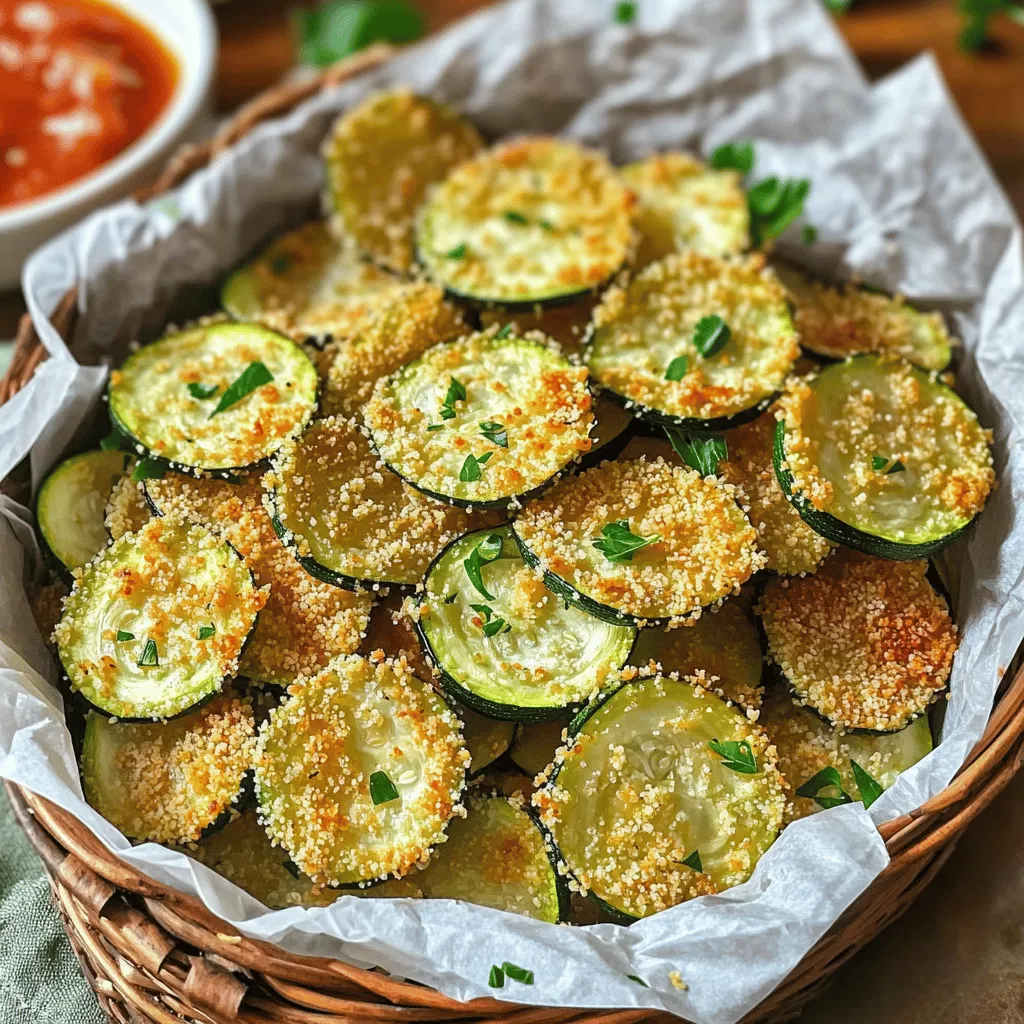 - 2 medium zucchinis - 1 cup grated Parmesan cheese - 1 tablespoon garlic powder - 1 teaspoon onion powder - 1 teaspoon dried oregano - 1/2 teaspoon sea salt - 1/4 teaspoon black pepper - 1 tablespoon olive oil - 1/4 cup panko bread crumbs - Optional: fresh parsley for garnish You can use other cheeses if you wish. Cheddar or mozzarella work well. They give a nice twist to the flavor. If you want a gluten-free option, use gluten-free panko. It still gives that great crunch without the gluten. To make these chips, you need a few basic tools: - A baking sheet and parchment paper to line it - A knife and cutting board for slicing the zucchini - A mixing bowl to combine the coating ingredients With these simple ingredients and tools, you’re ready to create a crunchy and tasty snack. For the complete recipe, check out the Full Recipe section! First, preheat your oven to 225°F (110°C). This low heat helps the zucchini get nice and crispy. Line a large baking sheet with parchment paper. This keeps the chips from sticking. Next, slice the zucchinis into thin rounds, about 1/8 inch thick. The thinner the slices, the crunchier they will be. After slicing, pat them dry with paper towels to remove extra moisture. This step is key for crispy chips. Now, let’s mix the coating. In a large bowl, combine the grated Parmesan cheese, garlic powder, onion powder, dried oregano, sea salt, black pepper, and panko bread crumbs. Mix these dry ingredients well. The panko adds a nice crunch. Next, drizzle the olive oil over the zucchini slices. Toss them gently until each slice is evenly coated. This helps the dry mix to stick better. It’s time to coat the zucchini slices. Dip each slice into the Parmesan mixture, making sure both sides are well coated. Place each slice in a single layer on the prepared baking sheet. Avoid overlapping the slices to ensure even cooking. Bake in the preheated oven for 2 to 2.5 hours. Keep an eye on them to prevent burning. You want them to turn golden and crispy. Once done, take them out and let them cool slightly. If you like, garnish with fresh parsley for a touch of color. For the full recipe, check the details above. To make your zucchini chips extra crispy, slice the zucchini very thin. Aim for about 1/8 inch thick. This thinness helps them crisp up fast. Use a sharp knife or a mandoline for even slices. Always pat the zucchini slices dry with paper towels. This step removes moisture that can make the chips soggy. The drier the zucchini, the better the crunch! Feel free to get creative with spices! Try adding a pinch of chili powder for heat or smoked paprika for a smoky touch. You can also mix in some dried basil or thyme for a fresh twist. Using fresh herbs can take the flavor up a notch. Chopped fresh parsley or basil adds brightness and taste. Just sprinkle them on after baking to keep their vibrant color. For a fun presentation, serve the zucchini chips in a rustic basket lined with parchment paper. This gives a nice touch and keeps them warm. Add a small bowl of marinara sauce for dipping. This pairs well with the garlic flavor and adds a nice contrast. You can also serve with ranch or a creamy dip for extra flavor. Enjoy your crispy snack delight! {{image_2}} You can easily spice up your zucchini chips! For a spicy kick, add chili powder to the Parmesan mix. Start with one teaspoon, then adjust to your taste. If you love herbs, try fresh ones like thyme or basil. Just chop them finely and mix them into your cheese blend. These simple tweaks make each bite unique and tasty. Want to try a different cooking method? The air fryer is a fantastic option. Set it to 375°F (190°C) and cook for about 15-20 minutes. Keep an eye on them to get that perfect crisp. If you prefer pan-frying, heat a bit of olive oil in a large skillet. Cook the coated zucchini slices for 2-3 minutes on each side until golden brown. This method adds a nice, rich flavor. Need a vegan option? Swap the Parmesan for nutritional yeast. It gives a cheesy flavor without dairy. You can also use a vegan cheese blend if you want a similar texture. For those watching carbs, skip the panko breadcrumbs. Just coat the zucchini slices with the cheese mix and bake. These changes keep the chips tasty while fitting different diets. For the full recipe, check out the Crunchy Garlic Parmesan Zucchini Chips recipe! To keep leftover zucchini chips fresh, store them in an air-tight container. This helps prevent moisture. You want to keep them crispy, not soggy. Place a paper towel in the container to absorb any extra moisture. This simple trick makes a big difference. When you’re ready to enjoy the chips again, reheating is key. The best way to keep them crispy is to use an oven. Preheat your oven to 350°F (175°C). Spread the chips out on a baking sheet. Heat them for about 10 minutes. Check them often to avoid burning. You want them hot and crispy again. You can freeze zucchini chips before or after baking. If freezing before baking, slice and coat the zucchini, then place them in a single layer on a baking sheet. Freeze until solid, then transfer to a freezer bag. For after baking, let them cool completely first. Then, store in a freezer bag. When you want to use them, just bake from frozen. This keeps your chips ready for a quick snack! Yes, you can prepare the chips ahead of time. Slice the zucchinis and season them. You can keep them in the fridge for a few hours before baking. If you want to prep even further, bake the chips and store them in an airtight container. They will stay fresh for a day or two. Just remember to reheat them in the oven for a few minutes before serving. This helps to bring back some of that crunch. To keep your chips crispy, start by slicing the zucchinis thin. Aim for about 1/8 inch thick. Pat them dry after slicing to remove any water. This step is key! Use parchment paper on your baking sheet to prevent sticking. Bake them low and slow at 225°F (110°C). This ensures they dry out while cooking. Avoid stacking the chips too close together. They need room for air to flow. These chips pair well with many dips! Marinara sauce is a classic choice. You can also try ranch or garlic aioli for a creamy dip. For a twist, serve with a spicy salsa. A side of fresh veggies adds a nice crunch too. These chips also make a great side for sandwiches or burgers. They offer a tasty, healthy alternative to regular chips. For the complete recipe, you can check out the Crunchy Garlic Parmesan Zucchini Chips section. In this post, I shared how to make crunchy Garlic Parmesan Zucchini Chips. We covered ingredients, substitutions, and tools needed. I guided you through preparation, baking, and tips for extra crispiness. You can also explore variations and storage methods. These chips can be a healthy snack or a great side dish. Enjoy experimenting with flavors and cooking methods. You’ll impress family and friends with your delicious results!