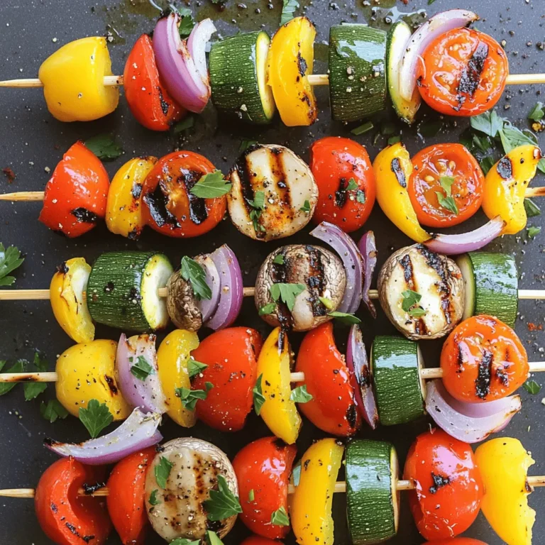 For the Rainbow Veggie Skewers, you need vibrant vegetables that not only taste great but also look stunning. Here’s what you’ll use: - 1 red bell pepper, cut into 1-inch pieces - 1 orange bell pepper, cut into 1-inch pieces - 1 yellow zucchini, sliced into rounds - 1 green zucchini, sliced into rounds - 1 cup cherry tomatoes - 1 small red onion, cut into wedges - 1 cup mushrooms, halved Each vegetable adds its own flavor and texture. The red and orange bell peppers bring sweetness. The zucchinis add a nice crunch. Cherry tomatoes burst with juice when you bite into them. Red onion gives a mild bite, while mushrooms provide a hearty touch. The marinade plays a key role in making these skewers flavorful. Here’s what you’ll need: - 3 tablespoons olive oil - 1 teaspoon garlic powder - 1 teaspoon dried oregano - 1 teaspoon smoked paprika - Salt and pepper to taste Mix these ingredients to create a simple yet tasty marinade. The olive oil helps the veggies cook well on the grill and adds richness. Garlic powder brings great flavor without the fuss of chopping garlic. Oregano and smoked paprika add depth and warmth. To finish, you’ll want some fresh herbs. Use: - Fresh parsley, chopped (for garnish) Adding parsley at the end not only makes the dish look pretty, it also gives a fresh taste. This bright green herb enhances the colors of the skewers and adds a final touch of flavor. For the full recipe, check [Full Recipe]. Enjoy making these colorful and tasty Rainbow Veggie Skewers! Start by washing all your veggies. Use a sharp knife for chopping. Cut the red and orange bell peppers into 1-inch pieces. For the zucchini, slice it into thick rounds. Halve the cherry tomatoes and cut the red onion into wedges. For mushrooms, just halve them. Now, grab your skewers. Arrange the veggies on them in a colorful pattern. Alternate colors and shapes for a fun look. Aim for 4 to 5 pieces per skewer. This makes it easy to cook and eat. In a large bowl, mix olive oil, garlic powder, oregano, and smoked paprika. Add salt and pepper to taste. Whisk it all together until it blends well. This mix packs a punch of flavor! Pour the marinade over your veggies. Toss them gently to coat every piece. This step is key for flavor. Let them sit for a few minutes so the veggies soak up the goodness. Preheat your grill to medium heat. This helps the skewers cook evenly. Place your veggie skewers on the grill. Cook them for about 10 to 12 minutes. Remember to turn them every few minutes. This ensures they grill nicely on all sides. Once they are tender and have those lovely grill marks, take them off the heat. Let them cool for a couple of minutes. This makes them easier to handle. For the full recipe, check the details above! To get nice grill marks, follow these tips: - Preheat your grill to medium heat. This helps the veggies cook evenly. - Place the skewers on the hottest part of the grill. This gets those perfect lines. - Turn the skewers every few minutes. This ensures all sides get a nice char. To avoid burning the veggies, remember these points: - Cut your veggies into even pieces. This helps them cook at the same rate. - Use oil in your marinade. This adds flavor and reduces sticking. - Keep an eye on the skewers. Remove them when they start to get tender. For a stunning display at parties, try these ideas: - Arrange the skewers on a large platter. This makes a colorful centerpiece. - Garnish with fresh herbs. Parsley or basil adds a nice touch. Pair your skewers with dips or sauces to enhance flavor: - Try a yogurt-based dip for creaminess. - A spicy salsa can add a fun kick. Rainbow veggie skewers offer many nutritional perks: - Each vegetable brings unique vitamins and minerals. - Bell peppers are high in vitamin C, great for your immune system. - Zucchini is low in calories and high in fiber, helping digestion. Encouraging a colorful plate is vital for health: - A variety of colors means a mix of nutrients. - Eating a rainbow of veggies can help prevent disease. For more details, check the Full Recipe for Rainbow Veggie Skewers. {{image_2}} You can mix up your skewers with seasonal veggies. Try using asparagus in spring or eggplant in summer. These choices add unique flavors and textures. You can also add fruits for a sweet twist. Pineapple and peaches work great. Their sweetness pairs well with the savory veggies. You can change the taste with different marinades. Try adding cumin or chili powder for a spicy kick. These spices can make your skewers pop with flavor. You can also mix in citrus juice or vinegar. Lemon or lime juice brightens the taste. Vinegar adds a nice tangy touch. If you want to cook indoors, the oven works well. Preheat your oven to 400°F. Arrange the skewers on a baking sheet. Roast them for about 20 minutes. This method makes them tender and flavorful. You can also broil the skewers for a quicker option. Broil them for 6 to 8 minutes, turning halfway. Enjoy the grilled look and taste without a grill! For the full recipe, check out the Rainbow Veggie Skewers. To keep your Rainbow Veggie Skewers fresh, place them in an airtight container. This will help prevent moisture loss and keep the flavors intact. You can store them in the fridge for up to three days. Make sure to let them cool down before sealing. If you want to save some skewers for later, freezing works well. First, wrap each skewer in plastic wrap. Then, place them in a freezer bag. You can freeze the skewers for up to three months. When you're ready to eat, thaw them overnight in the fridge. To heat them up, grill or bake them until warm. To make quick meals, prep your skewers in advance. You can chop the veggies and marinate them a day before grilling. Store them in the fridge until you're ready to cook. This helps you save time on busy days. You can also pair these skewers with grains or salads for a complete meal. To make Rainbow Veggie Skewers, follow these basic steps: 1. Choose your veggies: Use vibrant options like bell peppers, zucchini, and cherry tomatoes. 2. Prep the veggies: Cut the vegetables into bite-sized pieces. This helps them cook evenly. 3. Make the marinade: Mix olive oil, garlic powder, oregano, smoked paprika, salt, and pepper in a bowl. 4. Coat the veggies: Toss your chopped vegetables in the marinade until they are well-covered. 5. Thread onto skewers: Alternate the colors and types of veggies on skewers for a colorful look. 6. Grill: Cook on a preheated grill for 10-12 minutes, turning them for even cooking. For a complete guide, check the Full Recipe. Yes, you can use different vegetables! Here are some great substitutes: - Carrots: Cut into thin sticks. - Broccoli: Use small florets for texture. - Eggplant: Slice into cubes for a unique flavor. - Bell peppers: Swap colors for variety. - Fruits: Add pineapple or peaches for a sweet twist. These options keep your skewers fresh and fun with the seasons! Pair these skewers with delicious sides and sauces: - Rice or quinoa: These grains soak up flavors well. - Dips: Try hummus, tzatziki, or a yogurt sauce. - Salad: A light green salad adds freshness. - Grilled proteins: Serve with chicken, shrimp, or tofu for a full meal. These combinations round out your meal and delight your guests. Rainbow Veggie Skewers can last up to 3 days in the fridge. Here’s how to store them: - Keep them in an airtight container: This helps prevent drying out. - Separate cooked from raw: Store cooked skewers apart from fresh veggies. - Reheat gently: Warm them up in a skillet or microwave, but avoid overcooking. Following these tips keeps your leftovers tasty and fresh! Absolutely! Rainbow Veggie Skewers are perfect for vegan diets. They are: - Plant-based: Made entirely from vegetables and spices. - Nutritious: Packed with vitamins and minerals. - Low in calories: Great for those watching their intake. These skewers fit well into a healthy lifestyle and cater to many dietary needs. The best way to cook Rainbow Veggie Skewers is grilling. Here’s how it compares to oven roasting: - Grilling: - Adds smoky flavor. - Cooks quickly due to high heat. - Creates attractive grill marks. - Oven Roasting: - Good for colder weather. - Allows for even cooking. - Easy to set and forget. Both methods work well, but grilling gives a more vibrant taste. Choose what fits your mood! In this post, we explored how to make colorful Rainbow Veggie Skewers. We covered ingredients, from vibrant vegetables to tasty marinades. I shared step-by-step instructions, grilling tips, and serving ideas. Remember to mix things up with different veggies and marinades. These skewers are not just fun to make, but they’re also healthy. Enjoy your cooking and get creative with variations. These skewers can bring joy to any meal!