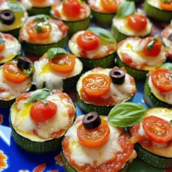 To make Zucchini Pizza Bites, you'll need: - 2 medium zucchinis - 1 cup marinara sauce - 1 cup shredded mozzarella cheese - 1/2 cup cherry tomatoes, halved - 1/4 cup black olives, sliced - 1 teaspoon Italian seasoning - 1/2 teaspoon garlic powder - 1/4 teaspoon red pepper flakes (optional) - Fresh basil leaves for garnish - Olive oil for drizzling - Salt and pepper to taste You can swap ingredients easily if needed. Instead of marinara, try pesto or white sauce. If you don’t have mozzarella, use cheddar or a dairy-free cheese. For olives, you can pick any favorite, like green olives. Cherry tomatoes can be replaced with bell peppers for a crunchier bite. If you want less spice, skip the red pepper flakes. Fresh ingredients make a big difference in flavor. Start by washing the zucchinis well. Then, cut them into thick rounds. Make sure they are about 1/2 inch thick for even cooking. Halve the cherry tomatoes and slice the olives. When using fresh basil, tear the leaves instead of chopping. This keeps their flavor strong. Always taste your marinara sauce. If it needs more flavor, add a pinch of salt or herbs. Get everything ready before you start cooking. This will make the process smooth and fun! You can find the full recipe [here](#). First, I preheat my oven to 400°F (200°C). I like to line a baking sheet with parchment paper. Next, I slice the zucchinis into thick rounds, about 1/2 inch thick. I arrange them in a single layer on the baking sheet. After that, I drizzle olive oil over the zucchini. I sprinkle salt, pepper, garlic powder, and Italian seasoning on top. I mix them gently to coat each round. Then, I bake the zucchini rounds for about 10 to 12 minutes. They should start to soften but not fully cook. Once the timer goes off, I remove the baking sheet from the oven. I spoon a small dollop of marinara sauce onto each zucchini round. Then, I top each one with shredded mozzarella cheese, halved cherry tomatoes, and sliced black olives. I return the baking sheet to the oven and bake for another 8 to 10 minutes. The cheese should melt and bubble nicely. If I want a golden finish, I broil for 1 to 2 minutes. I watch closely to avoid burning. Finally, I take them out and let them cool slightly before garnishing with fresh basil leaves. When prepping zucchini, choose firm ones with smooth skin. Smaller zucchinis tend to taste better. Wash them well before slicing. I find that cutting them into uniform rounds helps them cook evenly. If you want less moisture, I suggest salting the slices. This draws out extra water. Let them sit for about 10 minutes, then pat them dry with a paper towel. This trick keeps the bites from getting soggy. For perfect cheese melt, use fresh mozzarella instead of pre-shredded cheese. Fresh mozzarella melts beautifully and adds great flavor. Also, don’t overcrowd the baking sheet. Give each zucchini round space to cook evenly. When broiling, keep a close eye on the cheese. It can brown quickly. I recommend using the broiler for just a minute or two. This adds a lovely crisp layer on top. For added flavor, sprinkle some red pepper flakes before serving. You can change up the toppings to suit your taste. Try pepperoni, bell peppers, or mushrooms. You can also use different cheeses like cheddar or feta. Experiment with herbs like oregano or thyme. Use a spicy marinara for a kick. For a sweet touch, add pineapple. Each change makes the bites unique. To make your zucchini pizza bites crispy, slice the zucchini thicker. Aim for about 1/2 inch thick. This keeps them sturdy during baking. Before baking, sprinkle more salt to draw out moisture. Let them sit for 10 minutes, then pat them dry. Drizzling olive oil helps create a crispy texture. Broiling at the end gives a lovely golden finish. These zucchini pizza bites taste great with dips. Marinara or ranch dressing work well. For drinks, pair them with sparkling water or iced tea. If you want something stronger, try a light beer or white wine. These pairings enhance the flavors and make it a fun snack. For the full recipe, check out the details above. {{image_2}} You can get creative with toppings for zucchini pizza bites. Try using pepperoni or sausage for meat lovers. For a twist, add some pineapple chunks for a sweet touch. You can also go with different cheeses. Feta or goat cheese can add a tangy flavor. Experiment with bell peppers, spinach, or even artichokes. The options are endless and fun! If you want a vegetarian option, just skip the meat toppings. Load up on veggies like mushrooms, zucchini, and bell peppers. For a vegan version, use dairy-free cheese. Nutritional yeast is a great option for a cheesy flavor without dairy. You can also add some fresh herbs like oregano or parsley for more taste. If you need gluten-free options, zucchini is your best friend. The zucchinis themselves act as a great base. Just make sure your toppings are gluten-free too. Use gluten-free marinara sauce or check labels for pre-made sauces. You can also try almond flour or chickpea flour to make a crust if you want something different. For the full recipe, check out the earlier section. Enjoy your tasty journey with these zucchini pizza bites! To keep your zucchini pizza bites fresh, let them cool first. Place them in an airtight container. You can stack them with parchment paper between layers to avoid sticking. Store them in the fridge for up to three days. If you want them to last longer, consider freezing. For the best taste, reheat your zucchini pizza bites in the oven. Preheat your oven to 350°F (175°C). Place the bites on a baking sheet. Bake for about 10 minutes or until warm. This way, the cheese stays melty, and the zucchini remains tender. You can also use a microwave, but it may make them soggy. Zucchini pizza bites can last in the fridge for up to three days. If frozen, they stay good for about two months. To freeze, place the bites on a tray to freeze individually. Once frozen, transfer them to a freezer bag. When you're ready to eat, bake them straight from the freezer. This makes a quick snack or meal. Zucchini pizza bites are small snacks made with zucchini rounds. They serve as a healthy twist on pizza. Each zucchini round gets topped with sauce, cheese, and your favorite toppings. They bake until warm and cheesy. These bites are fun to eat and easy to make. Yes, you can prepare zucchini pizza bites ahead of time. Slice the zucchini and season it. Store the rounds in the fridge for up to a day. When you're ready, just add the toppings and bake them. This helps save time for busy days. Zucchini is low in calories and packed with vitamins. It provides vitamin C and potassium. These pizza bites also have fiber, which is good for digestion. Using fresh ingredients adds even more nutrients. This makes zucchini pizza bites a smart snack choice. To add spice, use red pepper flakes when seasoning the zucchini. You can also add sliced jalapeños or hot sauce on top. Adjust the spice to your taste. Feel free to experiment with different hot peppers. A little heat can make these bites exciting. Absolutely! You can use eggplant, bell peppers, or even mushrooms. Just cut them into thick slices. Adjust the baking time based on the vegetable you choose. Each option brings a unique flavor and texture to your pizza bites. Zucchini pizza bites are a fun and tasty option. We covered their ingredients, from substitutes to prep techniques. I provided step-by-step cooking instructions and important tips for baking. You learned how to customize your bites and keep them crispy. We explored various toppings and adaptations for different diets. Lastly, I shared storage strategies to keep leftovers fresh. Enjoy creating these healthy bites. Don't be afraid to experiment with flavors and toppings. Your kitchen can be your playground!
