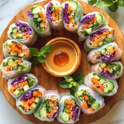 - 8 rice paper wrappers - 1 cup purple cabbage, thinly sliced - 1 cup carrots, julienned - 1 cup cucumber, julienned - 1 cup red bell pepper, thinly sliced - 1 avocado, sliced - ½ cup fresh mint leaves - ½ cup fresh cilantro leaves - 1 cup cooked vermicelli noodles - ½ cup peanut butter - 2 tablespoons soy sauce - 1 tablespoon honey - 1 tablespoon lime juice - Water to adjust consistency When making rainbow veggie spring rolls, you need fresh ingredients. The main items are rice paper wrappers and colorful veggies. Each veggie adds taste and crunch. I love using purple cabbage for its color and crunch. Carrots and cucumbers add sweetness and freshness. Red bell pepper gives a nice bite and lots of flavor. Sliced avocado adds creaminess. You can also use mint and cilantro for extra flavor. If you want more filling, add cooked vermicelli noodles. They make the rolls heartier and fun to eat. For the dipping sauce, peanut butter is key. It gives a rich, nutty flavor. Mix it with soy sauce for saltiness, honey for sweetness, and lime juice for brightness. If the sauce is too thick, add water to make it smooth. These ingredients create a tasty and vibrant dish. You can find the full recipe above to guide you through the steps. Enjoy creating your colorful rolls! - Wash and slice the vegetables: - 1 cup purple cabbage, thinly sliced - 1 cup carrots, julienned - 1 cup cucumber, julienned - 1 cup red bell pepper, thinly sliced - 1 avocado, sliced - If using, cook and drain 1 cup of vermicelli noodles. To start, make sure to wash your vegetables well. Clean veggies help keep your spring rolls fresh. For slicing, use a sharp knife. Thin slices make rolling easier and look nicer. If you add vermicelli noodles, cook them as the package says, then drain and set aside. - In a bowl, combine: - ½ cup peanut butter - 2 tablespoons soy sauce - 1 tablespoon honey - 1 tablespoon lime juice - Adjust thickness with water as needed. For the dipping sauce, mix all the ingredients well in a bowl. Use a whisk or fork to blend. If the sauce is too thick, add a little water to make it smooth. This sauce adds a creamy and tangy touch to your rolls. - Soften rice paper wrappers. - Layer filling ingredients on the wrapper. - Roll and fold to secure filling. Now, let’s assemble! Fill a shallow dish with warm water. Dip one rice paper wrapper in the water for 10-15 seconds. It should feel soft but not mushy. Place the wrapper flat on a clean surface. Start layering your filling at the bottom third. First, add a few vermicelli noodles if using, then pile on the colors: cabbage, carrots, cucumber, bell pepper, avocado, and herbs. To roll, fold the bottom of the wrapper over the filling. Fold in the sides, then roll it up tightly. Make sure it is sealed well to keep everything inside. Repeat this with all your wrappers and fillings. You can find the full recipe to guide you through these steps easily. Enjoy the fun of preparing these colorful and healthy rainbow veggie spring rolls! - Cut all vegetables into similar sizes. This helps them fit well in the roll. - Soak rice paper wrappers in warm water quickly. This keeps them from tearing. - Use a bright, colorful platter to show off your spring rolls. It makes them pop! - Add extra herbs like mint or cilantro on top for a fresh look. - Use a variety of colorful veggies. This adds more nutrients and makes your rolls exciting. - Try gluten-free or low-carb options if you need a different choice. For detailed steps and ingredients, check the Full Recipe. {{image_2}} You can add protein to your spring rolls for a heartier meal. Here are some great options: - Cooked shrimp: This adds a nice seafood flavor. - Shredded chicken: It gives a savory taste that pairs well with veggies. - Tofu: For a vegetarian option, use firm tofu. It soaks up flavors nicely. - Tempeh: A great substitute, tempeh adds a nutty taste and texture. A good dipping sauce makes your spring rolls shine. Here are some tasty alternatives: - Sweet chili sauce: This adds a sweet and spicy kick. - Hoisin sauce: It gives a rich, sweet flavor. - Lime vinaigrette: This zesty option brightens up the rolls. Mix lime juice, oil, and a bit of honey for a fresh taste. Using seasonal veggies gives your rolls extra flavor and crunch. Here are a few ideas: - Spring: Try snap peas and asparagus for a fresh crunch. - Summer: Add ripe tomatoes and bell peppers for sweetness. - Fall: Use roasted butternut squash for a warm taste. - Winter: Carrots and kale can add color and nutrition. - Herbs: Experiment with basil or Thai mint for a unique twist. Fresh herbs can elevate your rolls. These variations help you customize your rainbow veggie spring rolls. Enjoy exploring new flavors! Store your assembled spring rolls in an airtight container. This keeps them fresh and crisp. To prevent drying out, place damp paper towels inside the container. This small trick helps maintain that perfect texture. If you want to save some for later, freeze uncooked spring rolls. Place them between sheets of parchment paper. This step stops them from sticking together. They taste best if used within 1-2 months for optimal freshness. When you're ready to eat frozen spring rolls, thaw them in the refrigerator overnight. If you want to heat them up, use a microwave for a brief time. You can also serve them cold. Cold spring rolls can be refreshing, especially on a hot day. Soak them longer in warm water until fully pliable. This helps the rice paper become soft and flexible. If you soak them for about 20 seconds, they will roll up easily without tearing. Just be careful not to over-soak, or they might become too mushy. Absolutely! Any fresh, crunchy veggies work well. You can try bell peppers, zucchini, or even radishes. The key is to keep them fresh and colorful to make your spring rolls pop. Mixing different textures and colors adds to the fun. No, but sauces enhance flavors and add variety. You can dip your rolls in peanut sauce, soy sauce, or even a sweet chili sauce. Each sauce brings a new taste experience. Feel free to experiment with your favorite flavors! Pair with salads, soups, or as a light appetizer. They work great as a starter for a meal. You can also serve them alongside a refreshing cucumber salad or a warm bowl of miso soup. This adds more options to your meal. For the full recipe, check out the detailed cooking guide! These rainbow veggie spring rolls are fun to make and tasty. You learned about essential and optional ingredients, plus how to prepare and store them. Whether you enjoy them as a healthy snack or a colorful appetizer, the possibilities are endless. Customize your rolls with your favorite veggies and dipping sauces. Don't hesitate to experiment and make these rolls your own. Enjoy creating, sharing, and feasting on them! They are sure to impress anyone who tries them.