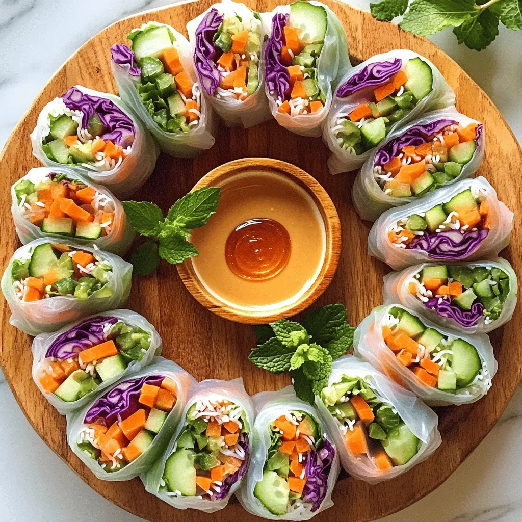 - 8 rice paper wrappers - 1 cup purple cabbage, thinly sliced - 1 cup carrots, julienned - 1 cup cucumber, julienned - 1 cup red bell pepper, thinly sliced - 1 avocado, sliced - ½ cup fresh mint leaves - ½ cup fresh cilantro leaves - 1 cup cooked vermicelli noodles - ½ cup peanut butter - 2 tablespoons soy sauce - 1 tablespoon honey - 1 tablespoon lime juice - Water to adjust consistency When making rainbow veggie spring rolls, you need fresh ingredients. The main items are rice paper wrappers and colorful veggies. Each veggie adds taste and crunch. I love using purple cabbage for its color and crunch. Carrots and cucumbers add sweetness and freshness. Red bell pepper gives a nice bite and lots of flavor. Sliced avocado adds creaminess. You can also use mint and cilantro for extra flavor. If you want more filling, add cooked vermicelli noodles. They make the rolls heartier and fun to eat. For the dipping sauce, peanut butter is key. It gives a rich, nutty flavor. Mix it with soy sauce for saltiness, honey for sweetness, and lime juice for brightness. If the sauce is too thick, add water to make it smooth. These ingredients create a tasty and vibrant dish. You can find the full recipe above to guide you through the steps. Enjoy creating your colorful rolls! - Wash and slice the vegetables: - 1 cup purple cabbage, thinly sliced - 1 cup carrots, julienned - 1 cup cucumber, julienned - 1 cup red bell pepper, thinly sliced - 1 avocado, sliced - If using, cook and drain 1 cup of vermicelli noodles. To start, make sure to wash your vegetables well. Clean veggies help keep your spring rolls fresh. For slicing, use a sharp knife. Thin slices make rolling easier and look nicer. If you add vermicelli noodles, cook them as the package says, then drain and set aside. - In a bowl, combine: - ½ cup peanut butter - 2 tablespoons soy sauce - 1 tablespoon honey - 1 tablespoon lime juice - Adjust thickness with water as needed. For the dipping sauce, mix all the ingredients well in a bowl. Use a whisk or fork to blend. If the sauce is too thick, add a little water to make it smooth. This sauce adds a creamy and tangy touch to your rolls. - Soften rice paper wrappers. - Layer filling ingredients on the wrapper. - Roll and fold to secure filling. Now, let’s assemble! Fill a shallow dish with warm water. Dip one rice paper wrapper in the water for 10-15 seconds. It should feel soft but not mushy. Place the wrapper flat on a clean surface. Start layering your filling at the bottom third. First, add a few vermicelli noodles if using, then pile on the colors: cabbage, carrots, cucumber, bell pepper, avocado, and herbs. To roll, fold the bottom of the wrapper over the filling. Fold in the sides, then roll it up tightly. Make sure it is sealed well to keep everything inside. Repeat this with all your wrappers and fillings. You can find the full recipe to guide you through these steps easily. Enjoy the fun of preparing these colorful and healthy rainbow veggie spring rolls! - Cut all vegetables into similar sizes. This helps them fit well in the roll. - Soak rice paper wrappers in warm water quickly. This keeps them from tearing. - Use a bright, colorful platter to show off your spring rolls. It makes them pop! - Add extra herbs like mint or cilantro on top for a fresh look. - Use a variety of colorful veggies. This adds more nutrients and makes your rolls exciting. - Try gluten-free or low-carb options if you need a different choice. For detailed steps and ingredients, check the Full Recipe. {{image_2}} You can add protein to your spring rolls for a heartier meal. Here are some great options: - Cooked shrimp: This adds a nice seafood flavor. - Shredded chicken: It gives a savory taste that pairs well with veggies. - Tofu: For a vegetarian option, use firm tofu. It soaks up flavors nicely. - Tempeh: A great substitute, tempeh adds a nutty taste and texture. A good dipping sauce makes your spring rolls shine. Here are some tasty alternatives: - Sweet chili sauce: This adds a sweet and spicy kick. - Hoisin sauce: It gives a rich, sweet flavor. - Lime vinaigrette: This zesty option brightens up the rolls. Mix lime juice, oil, and a bit of honey for a fresh taste. Using seasonal veggies gives your rolls extra flavor and crunch. Here are a few ideas: - Spring: Try snap peas and asparagus for a fresh crunch. - Summer: Add ripe tomatoes and bell peppers for sweetness. - Fall: Use roasted butternut squash for a warm taste. - Winter: Carrots and kale can add color and nutrition. - Herbs: Experiment with basil or Thai mint for a unique twist. Fresh herbs can elevate your rolls. These variations help you customize your rainbow veggie spring rolls. Enjoy exploring new flavors! Store your assembled spring rolls in an airtight container. This keeps them fresh and crisp. To prevent drying out, place damp paper towels inside the container. This small trick helps maintain that perfect texture. If you want to save some for later, freeze uncooked spring rolls. Place them between sheets of parchment paper. This step stops them from sticking together. They taste best if used within 1-2 months for optimal freshness. When you're ready to eat frozen spring rolls, thaw them in the refrigerator overnight. If you want to heat them up, use a microwave for a brief time. You can also serve them cold. Cold spring rolls can be refreshing, especially on a hot day. Soak them longer in warm water until fully pliable. This helps the rice paper become soft and flexible. If you soak them for about 20 seconds, they will roll up easily without tearing. Just be careful not to over-soak, or they might become too mushy. Absolutely! Any fresh, crunchy veggies work well. You can try bell peppers, zucchini, or even radishes. The key is to keep them fresh and colorful to make your spring rolls pop. Mixing different textures and colors adds to the fun. No, but sauces enhance flavors and add variety. You can dip your rolls in peanut sauce, soy sauce, or even a sweet chili sauce. Each sauce brings a new taste experience. Feel free to experiment with your favorite flavors! Pair with salads, soups, or as a light appetizer. They work great as a starter for a meal. You can also serve them alongside a refreshing cucumber salad or a warm bowl of miso soup. This adds more options to your meal. For the full recipe, check out the detailed cooking guide! These rainbow veggie spring rolls are fun to make and tasty. You learned about essential and optional ingredients, plus how to prepare and store them. Whether you enjoy them as a healthy snack or a colorful appetizer, the possibilities are endless. Customize your rolls with your favorite veggies and dipping sauces. Don't hesitate to experiment and make these rolls your own. Enjoy creating, sharing, and feasting on them! They are sure to impress anyone who tries them.